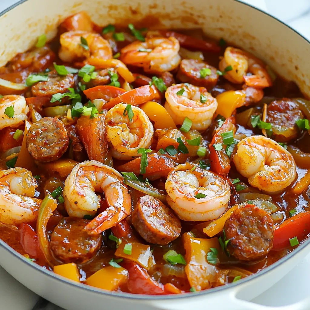 To make a delicious Cajun shrimp and sausage skillet, you need the following: - 1 lb large shrimp, peeled and deveined - 1 lb smoked sausage (andouille or kielbasa), sliced - 1 bell pepper (red or green), diced - 1 medium onion, chopped - 3 cloves garlic, minced - 2 teaspoons Cajun seasoning - 1 teaspoon smoked paprika - 1/2 teaspoon cayenne pepper (adjust to taste) - 1 can (14 oz) diced tomatoes, undrained - 1 cup chicken broth - 2 tablespoons olive oil - Salt and black pepper to taste - 2 green onions, chopped (for garnish) - Fresh parsley, chopped (for garnish) These ingredients come together to create a rich and spicy dish. You can switch some ingredients based on what you have: - Shrimp: Use scallops or chicken for a different protein. - Sausage: Turkey sausage can work as a healthier option. - Bell Pepper: Any color works; use what you prefer. - Chicken Broth: Vegetable broth is a great substitute for vegetarian options. - Tomatoes: Fresh diced tomatoes can replace canned ones if you want. These swaps keep the dish tasty while catering to your needs. Seasoning is key in this dish. Here are the highlights: - Cajun Seasoning: This spice mix gives the dish its signature flavor. It typically includes paprika, garlic powder, and oregano. - Smoked Paprika: This adds a deep, smoky flavor that enhances the dish. - Cayenne Pepper: Adjust the amount based on your spice preference. More gives heat; less makes it milder. With these seasonings, you will achieve a flavor punch that makes every bite exciting. {{ingredient_image_1}} To start, grab a large skillet. Pour in 2 tablespoons of olive oil. Heat it over medium-high heat. This will help the flavors bloom. Next, add 1 pound of sliced sausage. You can use andouille or kielbasa. Cook the sausage for 5 to 7 minutes. Look for a nice brown color. Once done, take it out and set it aside. In the same skillet, toss in 1 chopped onion and 1 diced bell pepper. You can use red or green. Sauté these for 3 to 4 minutes. They should become soft. Then, add 3 cloves of minced garlic. Cook for another minute to release its nice aroma. Now, sprinkle in 2 teaspoons of Cajun seasoning, 1 teaspoon of smoked paprika, and 1/2 teaspoon of cayenne pepper. Stir everything well to coat the veggies. Return the sausage to the skillet. Next, add 1 can of undrained diced tomatoes and 1 cup of chicken broth. Mix all the ingredients together. Bring the mixture to a simmer. After that, add in 1 pound of shrimp. Cook for about 5 minutes. The shrimp will turn pink when done. Taste and adjust with salt and black pepper if needed. Finally, remove from heat and garnish with chopped green onions and fresh parsley. This adds a fresh touch to your dish. To make your dish shine, use fresh spices. Fresh spices boost flavor more than old ones. I suggest grinding whole spices yourself. This adds a stronger taste. Also, try adding a splash of lemon juice. The acid brightens the dish and balances the heat. For a touch of sweetness, add a bit of honey or brown sugar. This can round out the spices nicely. To prepare this dish, you need a few key tools. A large skillet is a must for even cooking. Use a good knife for chopping veggies. A cutting board will keep things tidy. A wooden spoon helps to stir ingredients without scratching your skillet. Finally, have measuring spoons handy for accuracy with spices. One common mistake is overcooking the shrimp. Cook them just until they turn pink. If you overcook them, they become rubbery. Another mistake is not seasoning enough. Taste as you go. Adjust the salt and pepper to suit your preference. Lastly, don’t skip the garnishes. They add color and freshness to your dish. Pro Tips Choose Fresh Shrimp: Always opt for fresh shrimp if possible, as they have a better texture and flavor compared to frozen ones. Adjust the Heat: Feel free to modify the amount of cayenne pepper based on your heat tolerance; start small and add more as needed. Perfect Sausage Searing: Make sure the sausage is nicely browned before removing it from the skillet, as this adds a deeper flavor to the dish. Garnish for Freshness: Fresh herbs like parsley not only add color but also enhance the dish's flavor profile, so don't skip the garnish! {{image_2}} To make this dish low-carb, swap the sausage for a leaner protein. You can use chicken breast or shrimp. Cut out the tomatoes for a lower carb count. Instead, add more veggies like zucchini or mushrooms. These options keep the dish tasty while cutting down on carbs. You can easily add chicken or tofu to this skillet. For chicken, use boneless thighs or breasts. Cut them into bite-sized pieces and cook them in the skillet first. For tofu, press it to remove water, then cube it. Sauté the tofu until golden. Both options work well with the Cajun spices. If you want a vegetarian or vegan dish, skip the shrimp and sausage. Replace them with hearty options like chickpeas or black beans. You can also use tempeh for added protein. The spices and veggies will still give your meal a bold flavor. Just follow the same steps in the recipe. After cooking, let the Cajun shrimp and sausage skillet cool down. Store it in an airtight container. Keep it in the fridge for up to three days. This keeps the flavors fresh and tasty. Make sure to label your container with the date. To reheat, use a skillet over medium heat. Add a splash of chicken broth for moisture. Stir the mixture gently until it warms up. You can also use the microwave. Just heat it in short bursts. Stir between each burst to ensure even heating. You can freeze the Cajun shrimp and sausage skillet. Place it in a freezer-safe container. It will last for about three months. When ready to eat, thaw it overnight in the fridge. Reheat it in a skillet or microwave as mentioned above. This way, you can enjoy a quick meal later! Yes, you can make Cajun Shrimp and Sausage Skillet ahead of time. Cook the dish and let it cool. Store it in an airtight container in the fridge for up to three days. When ready to eat, reheat it on the stove over low heat. Stir gently until hot. This dish tastes great even after a day or two. You can serve this dish with several sides. Here are some great options: - White rice or brown rice - Crusty bread or garlic bread - A fresh green salad - Cornbread for a Southern touch These sides soak up the tasty sauce and make the meal more filling. To change the spice level, you can do a few things: - Add more or less cayenne pepper. Start with a little and taste. - Use mild sausage instead of spicy varieties. - Serve with a side of sour cream or yogurt to cool it down. By adjusting these, you can make the dish as spicy as you like. We explored the key ingredients and step-by-step instructions for making a Cajun Shrimp and Sausage Skillet. I shared tips for enhancing flavor and avoiding common mistakes. We also discussed variations to fit different diets and the best practices for storage. In closing, this dish is versatile and simple. You can easily adjust it to suit your taste. Enjoy cooking and sharing this meal with family and friends!