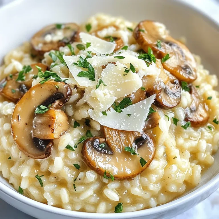 To make creamy mushroom risotto, you will need the following ingredients: - 1 cup Arborio rice - 4 cups vegetable broth - 1 cup mushrooms (shiitake, cremini, or button), sliced - 1 small onion, finely chopped - 2 cloves garlic, minced - ½ cup heavy cream - 1 cup grated Parmesan cheese - 2 tablespoons olive oil - 1 tablespoon fresh thyme, chopped (or 1 teaspoon dried thyme) - Salt and pepper to taste - Fresh parsley for garnish These ingredients come together to create a dish that is rich and fulfilling. - Arborio rice: This short-grain rice is key for that creamy texture. It releases starch as it cooks, which thickens the risotto. - Vegetable broth: Using a good-quality broth adds depth to the flavor. Always keep it warm while cooking. - Mushrooms: They add an earthy flavor that enhances the dish. You can mix different types for variety. - Onion and garlic: They form the aromatic base, bringing warmth and sweetness to the risotto. - Heavy cream and Parmesan cheese: These two ingredients make the risotto rich and creamy. They create a luscious finish. - Olive oil and fresh thyme: Olive oil adds richness, while thyme gives a fresh herb flavor. - Seasoning: Salt and pepper balance the flavors and bring everything together. Gather all your ingredients before you start cooking. This will help you stay organized and make the process smooth. Enjoy creating this delicious dish! {{ingredient_image_1}} First, pour the vegetable broth into a saucepan. Heat it over low heat. You want the broth warm but not boiling. This step is key for cooking the risotto well. Keeping the broth warm helps the rice cook evenly. In a large skillet, add two tablespoons of olive oil. Heat it over medium heat. Now, toss in the finely chopped onion. Cook it for three to four minutes until it looks clear. This brings out its sweet flavor. Next, add the minced garlic and sliced mushrooms to the skillet. I love using shiitake or cremini mushrooms for their rich taste. Cook everything together for about five to seven minutes. You want the mushrooms golden and soft. This step adds depth to your risotto. Stir in the Arborio rice. Toast the rice in the skillet for about two minutes. You want it to look slightly clear around the edges. This step enhances the nutty flavor of the rice. Now, it’s time to add the warm vegetable broth. Use a ladle to add one scoop at a time. Stir the rice often. Wait for the rice to soak up the broth before adding more. This process takes about 18 to 20 minutes. You want the risotto creamy and the rice tender but firm. Once the rice is ready, stir in the heavy cream and grated Parmesan cheese. Mix until everything is creamy and smooth. This is where the magic happens! Season the risotto with fresh thyme, salt, and pepper to taste. I love the smell of thyme; it makes the dish feel special. Remove the skillet from heat and let it rest for a minute. This helps the flavors blend. Serve the risotto hot, garnished with fresh parsley and extra Parmesan if you like. Enjoy every bite! To make your risotto creamy, stir often. This helps the rice release starch, which thickens the dish. Use a wooden spoon for best results. Keep a close eye on the rice. It should be tender but still have a little bite. This is called al dente. If the rice is too hard, add more broth and cook a bit longer. Add fresh herbs like thyme for a great taste boost. You can also try adding white wine. This gives your risotto a rich depth. Just pour in a splash after sautéing the mushrooms. Let it bubble and cook off before adding the broth. This step makes a big difference in flavor. For a beautiful dish, garnish your risotto with fresh parsley. A sprinkle of extra Parmesan cheese on top adds a nice touch. Serve the risotto in shallow bowls for a fancy look. You can pair it with a simple salad or crusty bread for a great meal. Pro Tips Choosing the Right Mushrooms: Use a combination of shiitake and cremini mushrooms for a deeper flavor, or stick with button mushrooms for a milder taste. Stirring Technique: Stir the risotto constantly to help release the starch from the rice, which creates that signature creamy texture. Proper Broth Temperature: Always use warm broth when adding it to the risotto. Cold broth can shock the rice and affect cooking time. Finishing Touch: Adding a pat of butter at the end can enhance the creaminess and give the risotto a beautiful shine. {{image_2}} You have many fun choices for mushrooms in risotto. Shiitake mushrooms bring a rich, earthy flavor. They are great for adding depth. Cremini mushrooms are also an excellent choice. They taste mild and add a nice texture. If you want to try something wild, use wild mushrooms. They can give your risotto a unique taste. Mix different types together for a flavor boost. You can make this risotto vegan easily. Swap heavy cream with coconut cream or cashew cream. For cheese, use a vegan Parmesan alternative. This way, everyone can enjoy it. If you need a gluten-free option, check the broth. Make sure it’s gluten-free. Arborio rice is gluten-free, so you’re all set there! You can change your risotto with seasonal veggies. In spring, add peas or asparagus for a fresh taste. In fall, mix in roasted pumpkin or squash for warmth. If it’s a special occasion, consider adding truffle oil. A drizzle gives a gourmet touch. You can also toss in fresh herbs like basil or chives for extra flavor. These additions keep your risotto exciting and fresh! To keep your creamy mushroom risotto fresh, store it right. - Refrigeration tips: Place leftovers in an airtight container. They will last in the fridge for up to three days. Make sure the risotto cools down before sealing the container. This helps avoid extra moisture. - Freezing guidelines: For longer storage, freeze the risotto. Use a freezer-safe container. It can stay in the freezer for up to two months. I suggest portioning it into smaller servings. This makes it easier to defrost only what you need. When it’s time to eat your leftover risotto, reheating is key. - Best methods for reheating: The stovetop works best. Place the risotto in a skillet over low heat. Add a splash of broth or water to help it heat evenly. Stir often until it’s warm throughout. You can also use the microwave. Heat it in short bursts, stirring in between. - Maintaining creaminess: To keep that creamy texture, add a little extra heavy cream or broth while reheating. This helps restore its rich consistency. Enjoy your delicious risotto just like the first time! To make risotto less sticky, you can try a few tips. First, rinse the Arborio rice before cooking. This removes excess starch. Second, stir less while cooking. Too much stirring can cause the rice to release more starch. Finally, use a bit more broth. This keeps the rice creamy but less clumped together. You can use regular rice, but the texture will change. Arborio rice has more starch, which gives risotto its creamy feel. Regular rice may not absorb liquid well. This means your risotto won’t be as rich and creamy. If you don’t have Arborio, use a short-grain rice for better results. Creamy mushroom risotto pairs well with many dishes. Here are some tasty ideas: - Grilled chicken or fish for protein - A fresh green salad for crunch - Roasted vegetables for added flavor - Garlic bread for a comforting touch Feel free to mix and match based on your taste! This blog post covered how to make creamy mushroom risotto. You learned about ingredients, cooking steps, and helpful tips. Use fresh herbs and quality cheese to boost flavor. Experiment with different mushrooms for fun variations. Store leftovers properly for the best taste later. With these guidelines, you can confidently create a delicious dish. Enjoy the creamy texture and rich flavors of your risotto. Happy cooking!