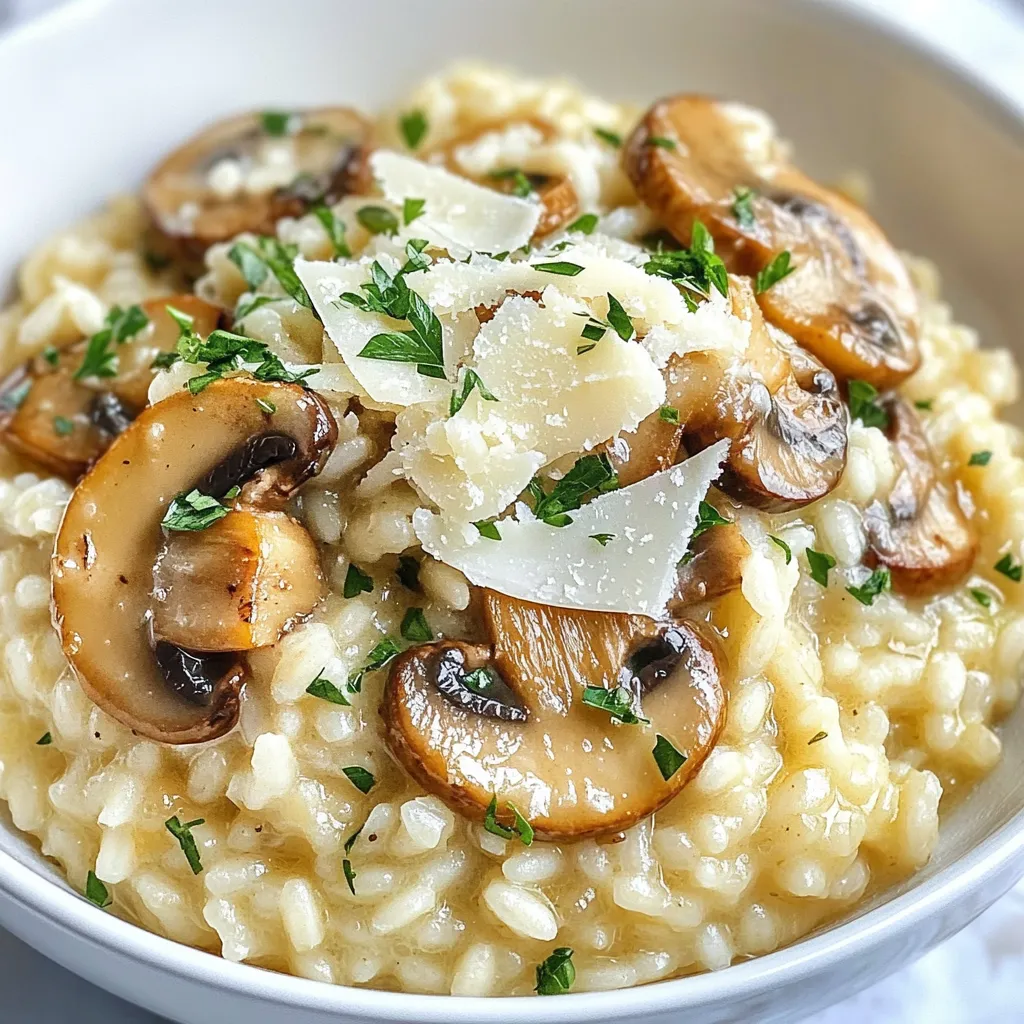 To make creamy mushroom risotto, you will need the following ingredients: - 1 cup Arborio rice - 4 cups vegetable broth - 1 cup mushrooms (shiitake, cremini, or button), sliced - 1 small onion, finely chopped - 2 cloves garlic, minced - ½ cup heavy cream - 1 cup grated Parmesan cheese - 2 tablespoons olive oil - 1 tablespoon fresh thyme, chopped (or 1 teaspoon dried thyme) - Salt and pepper to taste - Fresh parsley for garnish These ingredients come together to create a dish that is rich and fulfilling. - Arborio rice: This short-grain rice is key for that creamy texture. It releases starch as it cooks, which thickens the risotto. - Vegetable broth: Using a good-quality broth adds depth to the flavor. Always keep it warm while cooking. - Mushrooms: They add an earthy flavor that enhances the dish. You can mix different types for variety. - Onion and garlic: They form the aromatic base, bringing warmth and sweetness to the risotto. - Heavy cream and Parmesan cheese: These two ingredients make the risotto rich and creamy. They create a luscious finish. - Olive oil and fresh thyme: Olive oil adds richness, while thyme gives a fresh herb flavor. - Seasoning: Salt and pepper balance the flavors and bring everything together. Gather all your ingredients before you start cooking. This will help you stay organized and make the process smooth. Enjoy creating this delicious dish! {{ingredient_image_1}} First, pour the vegetable broth into a saucepan. Heat it over low heat. You want the broth warm but not boiling. This step is key for cooking the risotto well. Keeping the broth warm helps the rice cook evenly. In a large skillet, add two tablespoons of olive oil. Heat it over medium heat. Now, toss in the finely chopped onion. Cook it for three to four minutes until it looks clear. This brings out its sweet flavor. Next, add the minced garlic and sliced mushrooms to the skillet. I love using shiitake or cremini mushrooms for their rich taste. Cook everything together for about five to seven minutes. You want the mushrooms golden and soft. This step adds depth to your risotto. Stir in the Arborio rice. Toast the rice in the skillet for about two minutes. You want it to look slightly clear around the edges. This step enhances the nutty flavor of the rice. Now, it’s time to add the warm vegetable broth. Use a ladle to add one scoop at a time. Stir the rice often. Wait for the rice to soak up the broth before adding more. This process takes about 18 to 20 minutes. You want the risotto creamy and the rice tender but firm. Once the rice is ready, stir in the heavy cream and grated Parmesan cheese. Mix until everything is creamy and smooth. This is where the magic happens! Season the risotto with fresh thyme, salt, and pepper to taste. I love the smell of thyme; it makes the dish feel special. Remove the skillet from heat and let it rest for a minute. This helps the flavors blend. Serve the risotto hot, garnished with fresh parsley and extra Parmesan if you like. Enjoy every bite! To make your risotto creamy, stir often. This helps the rice release starch, which thickens the dish. Use a wooden spoon for best results. Keep a close eye on the rice. It should be tender but still have a little bite. This is called al dente. If the rice is too hard, add more broth and cook a bit longer. Add fresh herbs like thyme for a great taste boost. You can also try adding white wine. This gives your risotto a rich depth. Just pour in a splash after sautéing the mushrooms. Let it bubble and cook off before adding the broth. This step makes a big difference in flavor. For a beautiful dish, garnish your risotto with fresh parsley. A sprinkle of extra Parmesan cheese on top adds a nice touch. Serve the risotto in shallow bowls for a fancy look. You can pair it with a simple salad or crusty bread for a great meal. Pro Tips Choosing the Right Mushrooms: Use a combination of shiitake and cremini mushrooms for a deeper flavor, or stick with button mushrooms for a milder taste. Stirring Technique: Stir the risotto constantly to help release the starch from the rice, which creates that signature creamy texture. Proper Broth Temperature: Always use warm broth when adding it to the risotto. Cold broth can shock the rice and affect cooking time. Finishing Touch: Adding a pat of butter at the end can enhance the creaminess and give the risotto a beautiful shine. {{image_2}} You have many fun choices for mushrooms in risotto. Shiitake mushrooms bring a rich, earthy flavor. They are great for adding depth. Cremini mushrooms are also an excellent choice. They taste mild and add a nice texture. If you want to try something wild, use wild mushrooms. They can give your risotto a unique taste. Mix different types together for a flavor boost. You can make this risotto vegan easily. Swap heavy cream with coconut cream or cashew cream. For cheese, use a vegan Parmesan alternative. This way, everyone can enjoy it. If you need a gluten-free option, check the broth. Make sure it’s gluten-free. Arborio rice is gluten-free, so you’re all set there! You can change your risotto with seasonal veggies. In spring, add peas or asparagus for a fresh taste. In fall, mix in roasted pumpkin or squash for warmth. If it’s a special occasion, consider adding truffle oil. A drizzle gives a gourmet touch. You can also toss in fresh herbs like basil or chives for extra flavor. These additions keep your risotto exciting and fresh! To keep your creamy mushroom risotto fresh, store it right. - Refrigeration tips: Place leftovers in an airtight container. They will last in the fridge for up to three days. Make sure the risotto cools down before sealing the container. This helps avoid extra moisture. - Freezing guidelines: For longer storage, freeze the risotto. Use a freezer-safe container. It can stay in the freezer for up to two months. I suggest portioning it into smaller servings. This makes it easier to defrost only what you need. When it’s time to eat your leftover risotto, reheating is key. - Best methods for reheating: The stovetop works best. Place the risotto in a skillet over low heat. Add a splash of broth or water to help it heat evenly. Stir often until it’s warm throughout. You can also use the microwave. Heat it in short bursts, stirring in between. - Maintaining creaminess: To keep that creamy texture, add a little extra heavy cream or broth while reheating. This helps restore its rich consistency. Enjoy your delicious risotto just like the first time! To make risotto less sticky, you can try a few tips. First, rinse the Arborio rice before cooking. This removes excess starch. Second, stir less while cooking. Too much stirring can cause the rice to release more starch. Finally, use a bit more broth. This keeps the rice creamy but less clumped together. You can use regular rice, but the texture will change. Arborio rice has more starch, which gives risotto its creamy feel. Regular rice may not absorb liquid well. This means your risotto won’t be as rich and creamy. If you don’t have Arborio, use a short-grain rice for better results. Creamy mushroom risotto pairs well with many dishes. Here are some tasty ideas: - Grilled chicken or fish for protein - A fresh green salad for crunch - Roasted vegetables for added flavor - Garlic bread for a comforting touch Feel free to mix and match based on your taste! This blog post covered how to make creamy mushroom risotto. You learned about ingredients, cooking steps, and helpful tips. Use fresh herbs and quality cheese to boost flavor. Experiment with different mushrooms for fun variations. Store leftovers properly for the best taste later. With these guidelines, you can confidently create a delicious dish. Enjoy the creamy texture and rich flavors of your risotto. Happy cooking!