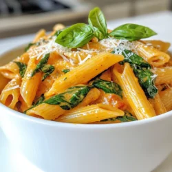 - 8 oz penne pasta - 1 tablespoon olive oil - 3 cloves garlic, minced - 1 can (14 oz) crushed tomatoes - 1 cup heavy cream - 2 cups fresh spinach, chopped - 1 teaspoon Italian seasoning - 1 teaspoon sugar - Salt and pepper to taste - 1/2 cup grated Parmesan cheese - Fresh basil leaves for garnish In this dish, the main ingredients create a rich and creamy flavor. Penne pasta forms the base, and its shape holds the sauce well. Olive oil adds a smooth texture, while minced garlic gives a nice aroma. Crushed tomatoes bring acidity and sweetness, balancing the cream. Heavy cream makes the sauce rich and velvety. Fresh spinach adds color and nutrients. Italian seasoning gives warmth and depth. Sugar balances the acidity from the tomatoes. Parmesan cheese adds a salty bite, and fresh basil tops it all off. - Protein choices (chicken, shrimp, etc.) - Extra vegetables (bell peppers, mushrooms) - Spices for added heat Feel free to customize this recipe. Adding chicken or shrimp turns it into a hearty meal. Extra veggies like bell peppers or mushrooms add flavor and crunch. If you like heat, add red pepper flakes or hot sauce for a spicy kick. These options let you create a dish that fits your taste. {{ingredient_image_1}} 1. Cooking the penne pasta: First, boil a large pot of salted water. Add 8 oz of penne pasta. Cook according to package instructions until it is al dente. When done, drain the pasta and set it aside. 2. Mincing garlic: Take 3 cloves of garlic. Peel them and chop them finely. This step adds a strong flavor to our dish. 3. Chopping spinach: Grab 2 cups of fresh spinach. Rinse it well and chop it into smaller pieces. This will help it mix well into the sauce. 1. Sautéing garlic in olive oil: In a large skillet, heat 1 tablespoon of olive oil over medium heat. Add the minced garlic and sauté for about 1 minute. You want it fragrant but not brown. 2. Adding tomatoes and simmering: Pour in 1 can of crushed tomatoes. Stir well and bring it to a simmer. Let it cook for about 5 minutes to blend the flavors. 3. Stirring in cream and seasonings: Reduce the heat to low. Add 1 cup of heavy cream to the skillet. Mix until everything is combined. Add 1 teaspoon of Italian seasoning, 1 teaspoon of sugar, and salt and pepper to taste. Let it simmer for another 5 minutes to thicken a bit. 1. Adding spinach to sauce: Stir in the chopped spinach. Cook for 2-3 minutes until it wilts nicely into the sauce. 2. Mixing pasta with sauce: Add the cooked penne to your creamy sauce. Toss it until the pasta is well coated in the sauce. 3. Adding Parmesan cheese and garnishing: Finally, stir in 1/2 cup of grated Parmesan cheese. Mix until it melts and becomes creamy. Plate your dish and garnish with fresh basil leaves on top. Enjoy your meal! To cook perfect penne, use a large pot and plenty of salted water. This helps prevent sticking. Stir the pasta often in the first few minutes. This keeps it separate and helps cook evenly. Aim for al dente, which means the pasta is firm to the bite. Overcooked pasta turns mushy and loses its shape. Adjusting seasoning makes a big difference. Taste the sauce as you cook. You can add salt, pepper, or a touch of sugar to balance flavors. Fresh herbs bring bright taste. Dried herbs are fine, too, but fresh basil or parsley can elevate your dish. If you use dried herbs, add them earlier to let their flavors bloom. To achieve the right thickness for your sauce, let it simmer. This helps the flavors blend while thickening the sauce. If you want a lighter option, substitute heavy cream with half-and-half or a plant-based cream. These alternatives keep the dish creamy without adding too many calories. Remember to mix well for a smooth texture. Pro Tips Use Fresh Ingredients: Fresh spinach and high-quality tomatoes will enhance the flavor and nutrition of your dish. Adjust Creaminess: For a lighter version, substitute half of the heavy cream with vegetable broth or a plant-based cream alternative. Perfect Pasta: Make sure to undercook the penne slightly, as it will continue to cook when combined with the sauce. Customize the Seasoning: Feel free to add red pepper flakes for a spicy kick or fresh herbs like oregano for added flavor. {{image_2}} You can add protein to your creamy tomato spinach penne for extra flavor and nutrition. - Adding chicken or shrimp: Cooked chicken or shrimp works great in this dish. Sauté them until golden, then mix them in with the pasta and sauce. This boosts the protein and makes the meal more filling. - Vegetarian alternatives: For a meatless option, try chickpeas or white beans. They add protein and blend well with the creamy sauce. If you need a gluten-free meal, you can easily adapt this recipe. - Substituting penne: Use gluten-free penne pasta made from rice or corn. Cook it according to package directions for the best results. - Making the sauce gluten-free: The sauce is already gluten-free! Just ensure your heavy cream and other ingredients have no gluten additives. For a plant-based version, swap some ingredients. - Dairy-free cream options: Use coconut cream, cashew cream, or almond milk in place of heavy cream. This keeps the dish creamy without dairy. - Using nutritional yeast as a cheese substitute: Nutritional yeast adds a cheesy flavor without dairy. Stir in a few tablespoons to make the sauce taste rich and savory. To store leftovers, let the pasta cool down first. Place it in an airtight container. You can also use a glass jar or a plastic bowl with a tight lid. This keeps the flavors fresh. Make sure to eat it within three to four days. For freezing, put the cooled pasta in a freezer-safe bag. Remove as much air as you can to prevent freezer burn. You can freeze it for up to three months. When you want to eat it, thaw it in the fridge overnight. Reheat in a pot on low heat. Add a splash of cream or water to help it warm up evenly. In the fridge, Creamy Tomato Spinach Penne lasts for about three to four days. Look for signs of spoilage, like a sour smell or mold. If it smells off or looks strange, it’s best to toss it. Enjoy your meal with peace of mind by storing it properly! Yes, you can make this creamy tomato spinach penne in advance. To do this, cook the pasta until it is just al dente. Then, prepare the sauce as directed. Mix the pasta and sauce together. Allow the dish to cool, then store it in an airtight container in the fridge. When you are ready to serve, reheat gently on the stove. You may need to add a splash of water or cream to restore creaminess. If you need a substitute for heavy cream, consider using whole milk or half-and-half. You can also use coconut milk for a dairy-free option. For a thicker texture, blend silken tofu until smooth. This will add creaminess without using cream. Each option will change the flavor slightly, so choose what works best for you. To add spice to your creamy tomato spinach penne, you can include red pepper flakes. Start with a pinch, then add more to taste. You can also add diced jalapeños or a dash of hot sauce. If you like, try adding a bit of cayenne pepper for extra heat. Adjust the spices to suit your taste. You can use dried spinach instead of fresh spinach, but it will change the dish. Dried spinach lacks the fresh flavor and texture of fresh. To use dried spinach, rehydrate it first. Soak it in warm water for about 15 minutes, then drain and add it to the sauce. Keep in mind, the taste will be less vibrant, but it still adds some nutrition. This blog post covered a creamy penne pasta recipe from ingredients to storage tips. You learned how to make a delicious dish with fresh flavors and easy steps. Remember to choose your favorite proteins or veggies to personalize it. Proper storage helps keep leftovers fresh for a longer time. Whether you like it spicy or creamy, this dish can adapt to your taste. Enjoy cooking and sharing this pasta delight with friends and family!