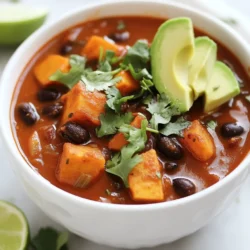 - 2 medium sweet potatoes, peeled and diced - 1 can (15 oz) black beans, drained and rinsed - 2 cups vegetable broth - 1 can (14 oz) diced tomatoes with green chilies - 1 onion, diced - 3 cloves garlic, minced - 1 red bell pepper, diced - 2 teaspoons ground cumin - 2 teaspoons chili powder - 1 teaspoon smoked paprika - 1 tablespoon olive oil - Salt and pepper to taste - Fresh cilantro - Avocado slices - Lime wedges Gathering these ingredients sets you up for a tasty chili. The sweet potatoes bring a creamy texture. Black beans give protein and fiber. Vegetable broth adds depth and flavor. Diced tomatoes with green chilies pack a punch. Onion and garlic enhance the overall taste. Red bell pepper adds a sweet crunch. Spices like cumin and chili powder make it warm. For garnishes, fresh cilantro brightens each bowl. Avocado slices add creaminess. Lime wedges give a zesty kick. You can mix and match these ingredients based on what you have. This chili is easy to make and packed with flavor! {{ingredient_image_1}} 1. Start by peeling and dicing the sweet potatoes. Aim for small, even cubes for quick cooking. 2. Dice the onion and red bell pepper. Mince the garlic cloves. 3. Heat one tablespoon of olive oil in a large pot over medium heat. 4. Once hot, add the diced onion to the pot. Sauté for about 3-4 minutes until it turns soft. 5. Add the minced garlic and diced red bell pepper. Cook for another 2 minutes until fragrant. 1. Next, add the diced sweet potatoes to the pot. Stir well to mix everything together. 2. Pour in 2 cups of vegetable broth and add one can of diced tomatoes with their juice. 3. Rinse and drain one can of black beans. Stir them into the pot as well. 4. Season the chili with 2 teaspoons of ground cumin, 2 teaspoons of chili powder, 1 teaspoon of smoked paprika, salt, and pepper to taste. 5. Mix well to combine all the flavors. 6. Bring the mixture to a boil. Then, reduce the heat to a simmer. 7. Cover the pot and cook for about 25-30 minutes. Check often until the sweet potatoes are tender. 1. Taste the chili and adjust seasoning as needed. 2. If you want a thicker chili, mash some sweet potato pieces against the pot's side using a fork. 3. Once ready, remove from heat and let it sit for a few minutes. 4. Serve the chili in bowls. Top with fresh cilantro, avocado slices, and a squeeze of lime for added flavor. 5. Enjoy with warm tortilla chips or crusty bread for a complete meal. How to customize the spice level You can adjust the heat in your chili easily. For mild chili, use less chili powder. Add more if you prefer a spicy kick. You can also use fresh jalapeños for heat. Just slice them thin and add them while cooking. If you want to cool it down, add a dollop of sour cream or yogurt when serving. Best herbs to add for freshness Adding fresh herbs can elevate your chili. Cilantro is a great choice for a bright flavor. You can also try fresh parsley or green onions. Add these herbs right before serving for the best taste. Tips for checking sweet potato doneness To check if your sweet potatoes are done, use a fork. If it goes in easily, they are ready. If they are still firm, let them cook a bit longer. Stir the chili occasionally to ensure even cooking. Techniques for a thicker chili If you want a thicker chili, there are simple tricks. One way is to mash some sweet potato against the pot with a fork. You can also let it simmer longer without a lid. This helps the liquid reduce and thicken the chili. Suggested side dishes This chili pairs well with many sides. Cornbread is a classic choice. You can also serve it with tortilla chips or a fresh salad. These sides add texture and balance to the meal. Best beverages to complement the chili A cool drink goes great with spicy chili. Try iced tea, lemonade, or a light beer. These drinks can refresh your palate and enhance the meal. Pro Tips Perfect Sweet Potatoes: To ensure your sweet potatoes cook evenly, make sure they are all cut into similar-sized cubes. Spice Adjustment: If you prefer a milder chili, reduce the amount of chili powder or use a mild variety of diced tomatoes. Make it Heartier: Add more protein by incorporating cooked quinoa or lentils along with the black beans for added texture. Storage Tips: This chili can be stored in the fridge for up to 5 days or frozen for up to 3 months, making it perfect for meal prep! {{image_2}} You can easily make this chili fit many diets. For a vegan or vegetarian option, you already have a great base. The sweet potatoes and black beans are hearty and filling. Just make sure to use vegetable broth, like the recipe suggests. This will keep your dish plant-based and delicious. If you need a gluten-free option, this chili shines. All the main ingredients are naturally gluten-free. Just check that your vegetable broth has no added gluten. This chili is perfect for everyone. If you want to try other beans, go for it. Kidney beans or pinto beans make great substitutes. They add different textures but still taste good. You can also mix beans for added fun. Want to switch up the veggies? You can use zucchini, corn, or carrots. Just chop them up and add them to the pot. Each swap adds its own unique flavor and color. To boost the flavor, add different spices or sauces. For more heat, toss in cayenne pepper or jalapeños. If you love a smoky taste, try adding chipotle sauce. You can also explore regional chili styles. For a Tex-Mex twist, add some cumin and oregano. For a more Caribbean flair, include coconut milk and lime juice. Each change can turn this chili into a new dish. To store leftover chili, let it cool first. Once cool, transfer it to an airtight container. This helps keep the chili fresh and safe. You can store it in the fridge for about 4 to 5 days. Make sure to label the container with the date you made it. Freezing chili is easy. Use a freezer-safe container or freezer bags for storage. Leave some space at the top of the container, as the chili will expand when it freezes. You can freeze it for up to 3 months. When you are ready to eat it, move the chili to the fridge to thaw overnight. Then, reheat it on the stove or in the microwave until hot. Chili is great for meal prep. You can portion it out for quick lunches or dinners. Serve it with rice, quinoa, or corn tortillas for variety. You can also top it with fresh cilantro, avocado slices, or lime for extra flavor. This makes for a tasty meal throughout the week. Can I use canned sweet potatoes instead of fresh? You can use canned sweet potatoes, but fresh tastes better. Canned sweet potatoes are softer and may change the chili's texture. If you use them, reduce cooking time. How do I make this chili spicier? To spice up your chili, add diced jalapeños or cayenne pepper. You can also use hot chili powder instead of regular. Taste as you go to find the heat you like. What can I serve with Sweet Potato Black Bean Chili? This chili pairs well with warm tortilla chips or crusty bread. You can also serve it with a side salad or over rice for a heartier meal. How long does this recipe take to make? The total time for this recipe is about 40 minutes. You’ll spend 10 minutes prepping and 30 minutes cooking. It's quick, so you can enjoy it on busy nights. How many calories are in Sweet Potato Black Bean Chili? One serving of this chili has about 250 calories. The exact count may vary based on your ingredients. Is this dish high in protein or fiber? Yes, this dish is high in both protein and fiber. Black beans provide great protein, while sweet potatoes add fiber. One serving offers a healthy boost to your diet. Sweet Potato Black Bean Chili is easy to make and packed with flavor. We covered main ingredients like sweet potatoes and black beans, along with tips to enhance flavors. You can adjust spice levels and try various ingredient swaps. It’s versatile and perfect for meal prep. Store it right, whether in the fridge or freezer, for later enjoyment. This chili fits any diet, making it a great addition to your meals. Enjoy creating this tasty dish that will delight your taste buds.