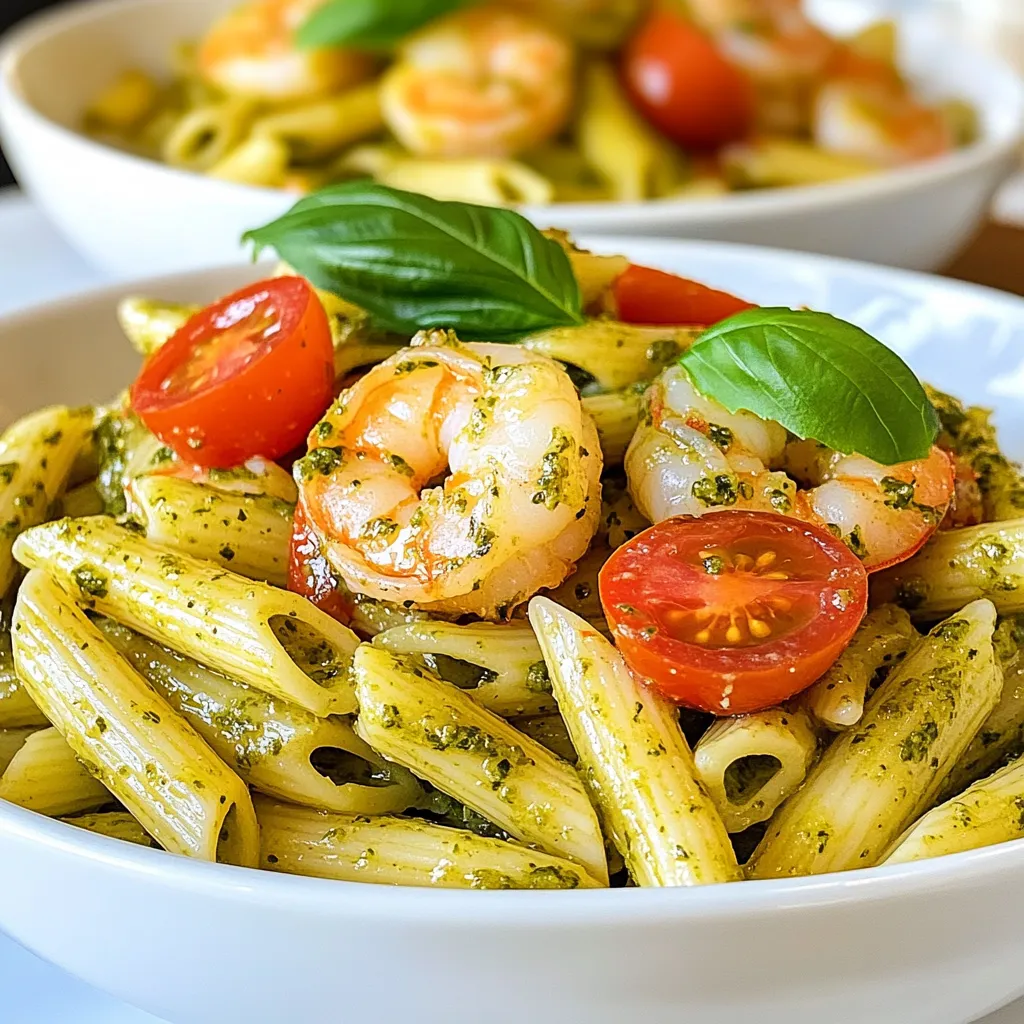 To make pesto shrimp penne, you need the right ingredients. Here’s what you will need: - 8 oz penne pasta - 1 lb large shrimp, peeled and deveined - 1 cup fresh basil leaves - 1/3 cup pine nuts - 1/2 cup grated Parmesan cheese - 2 cloves garlic, minced - 1/2 cup olive oil - Salt and pepper to taste - Cherry tomatoes, halved (for garnish) - Extra basil leaves (for garnish) Each ingredient plays a key role. The penne pasta gives a great base. The shrimp adds protein and flavor. Fresh basil gives that bright taste. Pine nuts add a nutty touch. Parmesan cheese brings creaminess. Garlic adds depth. Olive oil binds it all together. Salt and pepper enhance every bite. Cherry tomatoes and extra basil make it look pretty and fresh. Together, they create a delicious meal you will love! {{ingredient_image_1}} To start, fill a large pot with water. Add a good amount of salt. Bring the water to a boil. Once boiling, add 8 oz of penne pasta. Cook it as per the package directions until it is al dente. This means it should be firm, not soft. Drain the pasta and save 1/2 cup of the water. Set the pasta aside for later. Now, let's make the pesto. Grab your food processor. Add 1 cup of fresh basil leaves, 1/3 cup of pine nuts, 1/2 cup of grated Parmesan cheese, and 2 cloves of minced garlic. Pulse these ingredients until they are well mixed. While the processor runs, slowly add 1/2 cup of olive oil. This gives the pesto a smooth texture. Season with salt and pepper to taste. Next, heat a large skillet over medium heat. Pour in a little olive oil. When the oil is hot, add 1 lb of peeled and deveined shrimp in a single layer. Cook them for 2-3 minutes on one side. They should turn pink and opaque. Flip the shrimp and cook for another 1-2 minutes. Once done, remove them from the skillet and set them aside. In the same skillet, add the cooked penne and the fresh pesto. Toss everything together until the pasta is well coated. If the mix is too thick, add some of the reserved pasta water little by little. Mix until you reach your desired consistency. Finally, it’s time to serve! Gently fold the cooked shrimp into the pasta and pesto mix. Make sure it is evenly distributed and heated through. Divide the pasta among plates. Garnish with halved cherry tomatoes and extra basil leaves for a fresh touch. Enjoy your meal! To make great pesto, use fresh basil. It gives the best flavor. Add pine nuts for a nice crunch. Make sure to toast them slightly for more taste. Use a food processor for a smooth blend. Start by mixing basil, pine nuts, and garlic. Then stream in olive oil for a creamy texture. Adjust the salt and pepper to match your taste. For a fun twist, add a squeeze of lemon juice to brighten the flavor. Cooking shrimp is quick and easy. Use a hot skillet to get a nice sear. Add a little olive oil before the shrimp. Place the shrimp in a single layer to cook evenly. Let them cook for 2-3 minutes on one side. You'll know they are ready when they turn pink and opaque. Flip them over and cook for another 1-2 minutes. Avoid overcooking, as shrimp can become rubbery. When cooking penne, use a big pot and plenty of water. Add salt to the water for flavor. Cook the pasta according to the package instructions. Aim for al dente, which means firm to the bite. Reserve some pasta water before draining. This water helps mix with pesto for a smooth sauce. Toss the pasta in the skillet with pesto right after draining. This helps the sauce cling well to the pasta. Pro Tips Fresh Basil is Key: Use fresh basil leaves for the pesto to achieve the best flavor. Dried basil won't provide the same aromatic and vibrant taste. Don’t Overcook the Shrimp: Shrimp cooks quickly; avoid overcooking by removing them from the heat as soon as they turn pink and opaque to maintain tenderness. Reserve Pasta Water: Always reserve some pasta water before draining. It’s starchy and can help adjust the sauce’s consistency, making it creamier. Garnishing for Color: Adding cherry tomatoes and extra basil leaves not only enhances the visual appeal but also adds a fresh burst of flavor to your dish. {{image_2}} You can make a vegan version of pesto shrimp penne. Replace shrimp with chickpeas or tofu. Use nutritional yeast instead of Parmesan cheese. You can blend the same fresh basil, garlic, and pine nuts for the pesto. Just replace the olive oil with a splash of vegetable broth for a lighter touch. This variation tastes great and is friendly for plant-based diets. Adding veggies can make this dish even better. Try tossing in spinach or kale for extra nutrients. Zucchini or bell peppers add color and crunch. You can sauté the vegetables with the shrimp for added flavor. Just cook them until tender. This way, you create a colorful, tasty, and healthy meal. If you want to switch up the pasta, many options work well. Whole wheat penne adds fiber and nutrients. Gluten-free penne is great for those with gluten issues. You can even use spiralized zucchini for a low-carb twist. Each option brings its own flavor and texture, making your dish unique. To keep your pesto shrimp penne fresh, store it in an airtight container. Make sure it cools down at room temperature first. Place it in the fridge if you plan to eat it within three days. For longer storage, consider freezing it. When you're ready to enjoy your leftovers, reheat them in a skillet. Add a splash of water or olive oil to prevent sticking. Heat over low to medium heat, stirring often until warm. You can also use the microwave. Heat in short bursts of 30 seconds, stirring in between. If you want to freeze your pesto shrimp penne, portion it out first. Use freezer-safe bags or containers. It can last up to three months in the freezer. To thaw, place it in the fridge overnight or use the microwave. Avoid refreezing after thawing to keep it tasty. Yes, you can use store-bought pesto. It saves time and is very convenient. Look for brands with fresh ingredients, like basil and olive oil. Store-bought pesto may have a different taste than homemade, but it can still be delicious. Just mix it with your pasta and shrimp as you would with homemade. If you cannot find pine nuts, you have choices. Walnuts or almonds work well in pesto. They add a nice crunch and flavor. You can also use sunflower seeds for a nut-free option. Just pulse them in your food processor like you would with pine nuts. Shrimp is cooked when it turns pink and opaque. It usually takes about 4-5 minutes in total to cook. If the shrimp curls into a C shape, it is done. Avoid overcooking, as it can become rubbery. Always check for a firm texture to ensure it is ready. This blog post shared a tasty recipe for Pesto Shrimp Penne. You learned about the right ingredients, techniques, and storage tips. I also offered helpful variations and answered common questions. In the end, cooking can be fun and simple. Explore your kitchen and create delicious meals. Enjoy your Pesto Shrimp Penne, and don't be afraid to try new ideas!