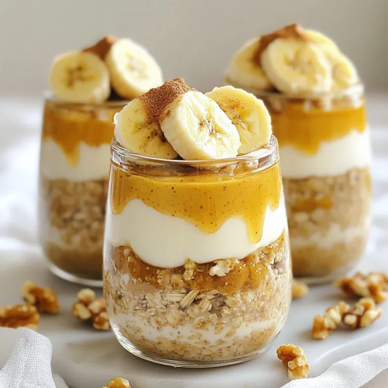 - 1 cup rolled oats - 2 cups almond milk (or any milk of choice) - 1 ripe banana, mashed - 1/4 cup creamy peanut butter - 2 tablespoons honey or maple syrup - 1/2 teaspoon vanilla extract - 1/2 teaspoon cinnamon - Pinch of salt - Chopped walnuts or almonds for topping (optional) - Sliced banana for garnish (optional) Each serving of peanut butter banana overnight oats has: - Calories: 400 - Protein: 12g - Carbohydrates: 55g - Fat: 18g - Fiber: 8g - Sugar: 10g These oats are a great mix of protein and healthy carbs. They give you energy and keep you full. You can add fun toppings to your oats! Here are some ideas: - Chopped walnuts or almonds for crunch - Sliced banana for extra fruitiness - A sprinkle of chocolate chips for sweetness - A dollop of yogurt for creaminess - A drizzle of honey for extra sweetness Mix and match these toppings to find your favorite combo! {{ingredient_image_1}} To start, grab a medium-sized bowl. I love using a bowl that is easy to stir in. Add 1 cup of rolled oats. Then, pour in 2 cups of almond milk. You can use any milk you like. Next, mash 1 ripe banana and add it to the bowl. This gives the oats a sweet taste. Scoop in 1/4 cup of creamy peanut butter. This is the star of the show! Then, add 2 tablespoons of honey or maple syrup for extra sweetness. Don't forget 1/2 teaspoon of vanilla extract and 1/2 teaspoon of cinnamon. Finally, add a pinch of salt to balance the flavors. Stir everything well. Make sure the peanut butter is well mixed in. Now, it’s time to divide the mixture. Use mason jars or any airtight containers. Pour the oat mix evenly into each jar. Leave a little room at the top for toppings later. This step makes it fun to serve! Seal the jars tightly to keep the mixture fresh. Place the jars in the fridge. I recommend letting them sit overnight. This helps the oats soak and become soft. If you’re in a hurry, let them chill for at least 4 to 6 hours. The longer they sit, the better they taste! In the morning, take out your jars. Give the oats a stir. If they seem too thick, just add a splash of milk. This makes them creamy. Top the oats with chopped walnuts or almonds for some crunch. Add sliced banana for a fresh touch. For a nice finish, you can drizzle a bit of honey or sprinkle cinnamon on top. Serve in clear glass jars to show off the layers. Enjoy your tasty and healthy breakfast! - Choosing the Right Oats: Use rolled oats for the best texture. They soak well and stay soft. Instant oats can turn mushy, while steel-cut oats need longer to soften. Rolled oats give your overnight oats a great balance of chewiness and creaminess. - Selecting Flavorful Bananas: Pick ripe bananas with brown spots. These bananas are sweeter and richer in flavor. I love mashing them into my oats for that creamy goodness. If they're too green, they won't blend well and will taste too starchy. - Fixing Too Thick Consistency: If your oats are too thick in the morning, don’t worry. Just add a splash more milk and stir. This will loosen them up. You can adjust the milk based on how you like your oats. If you prefer a creamier texture, add more almond milk or your chosen milk. Serve your oats in clear glass jars. This shows off the lovely layers. Drizzle a bit of honey on top for extra sweetness. You can also sprinkle more cinnamon for a nice touch. Adding sliced bananas or chopped nuts just before serving makes it even more appealing. Enjoy the beauty and taste! Pro Tips Use Ripe Bananas: Choosing overripe bananas will enhance the sweetness and flavor of your overnight oats, making for a more delicious breakfast. Experiment with Milks: Feel free to substitute almond milk with other plant-based or dairy milks like oat or coconut for a different taste and texture. Prep in Batches: Make a larger batch of overnight oats and store them in the fridge for up to five days for a quick grab-and-go breakfast option. Customize Your Toppings: Add your favorite toppings like chia seeds, berries, or granola to switch up the flavors and textures every morning. {{image_2}} You can switch up the milk in this recipe. Almond milk gives a nice nutty taste, but you can use other milks too. Try oat milk for a creamy feel or soy milk for added protein. Each milk brings its own flavor. For sweeteners, honey works well, but maple syrup adds a unique twist. You can also use agave syrup or even skip sweeteners for a healthier option. Adding spices and fruits can make your oats even more fun! - Spice Variations: You can sprinkle in nutmeg or pumpkin spice for a warm flavor. Cinnamon adds great taste, but these spices can make it special. Just a little can change the whole dish. - Additional Fruits: Fresh fruits can brighten up your oats. Sliced strawberries or blueberries bring sweetness and color. Apples add crunch, while peaches give a juicy bite. Try different fruits to find what you love. Mix it up and enjoy the flavors! Store your Peanut Butter Banana Overnight Oats in airtight containers. Mason jars work great for this. Make sure to seal them tightly. This keeps your oats fresh and tasty. You can also layer toppings in the jars. Just add them right before you eat. These overnight oats stay good in the fridge for up to five days. After that, they may lose flavor and texture. If you want to keep them longer, consider freezing. To freeze, pour the oats into freezer-safe containers. Leave some space at the top for expansion. Seal the containers well to avoid freezer burn. These oats can last for up to three months in the freezer. If you freeze your oats, thaw them in the fridge overnight. When ready to eat, you can microwave them. Heat in short bursts, stirring in between. Add a splash of milk if they seem too thick. Enjoy your creamy, delicious oats! Yes, you can use steel-cut oats. They have a chewier texture and might need more time to soak. I recommend letting them sit for at least 8 hours. This gives them time to soften. If you prefer a creamier result, stick with rolled oats. Overnight oats last for about 3 to 5 days in the fridge. Store them in airtight containers. This keeps them fresh and tasty. If you notice any off smell or change in color, discard them. You can omit the sweetener if you prefer. The banana adds natural sweetness. If you want more flavor, try adding a touch of cinnamon or vanilla. Adjust to fit your taste buds! In this post, we explored how to create delicious overnight oats. We covered ingredients, step-by-step instructions, and helpful tips for the best results. We also discussed variations and storage ideas to keep your oats fresh. Overnight oats are simple, tasty, and good for you. Customize them to fit your taste. Now, it's your turn to make a nutritious meal that suits your style! Enjoy experimenting with flavors and toppings.