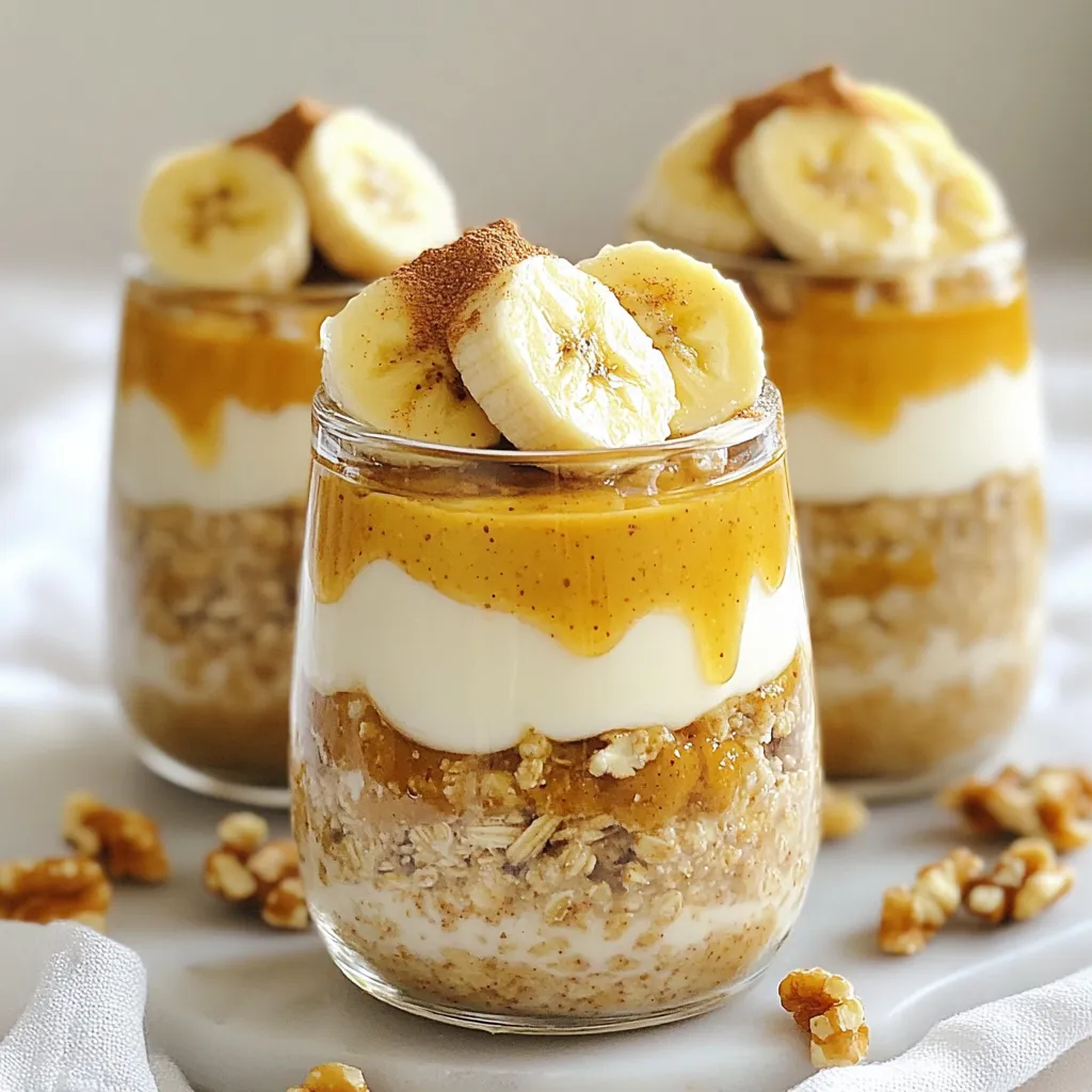 - 1 cup rolled oats - 2 cups almond milk (or any milk of choice) - 1 ripe banana, mashed - 1/4 cup creamy peanut butter - 2 tablespoons honey or maple syrup - 1/2 teaspoon vanilla extract - 1/2 teaspoon cinnamon - Pinch of salt - Chopped walnuts or almonds for topping (optional) - Sliced banana for garnish (optional) Each serving of peanut butter banana overnight oats has: - Calories: 400 - Protein: 12g - Carbohydrates: 55g - Fat: 18g - Fiber: 8g - Sugar: 10g These oats are a great mix of protein and healthy carbs. They give you energy and keep you full. You can add fun toppings to your oats! Here are some ideas: - Chopped walnuts or almonds for crunch - Sliced banana for extra fruitiness - A sprinkle of chocolate chips for sweetness - A dollop of yogurt for creaminess - A drizzle of honey for extra sweetness Mix and match these toppings to find your favorite combo! {{ingredient_image_1}} To start, grab a medium-sized bowl. I love using a bowl that is easy to stir in. Add 1 cup of rolled oats. Then, pour in 2 cups of almond milk. You can use any milk you like. Next, mash 1 ripe banana and add it to the bowl. This gives the oats a sweet taste. Scoop in 1/4 cup of creamy peanut butter. This is the star of the show! Then, add 2 tablespoons of honey or maple syrup for extra sweetness. Don't forget 1/2 teaspoon of vanilla extract and 1/2 teaspoon of cinnamon. Finally, add a pinch of salt to balance the flavors. Stir everything well. Make sure the peanut butter is well mixed in. Now, it’s time to divide the mixture. Use mason jars or any airtight containers. Pour the oat mix evenly into each jar. Leave a little room at the top for toppings later. This step makes it fun to serve! Seal the jars tightly to keep the mixture fresh. Place the jars in the fridge. I recommend letting them sit overnight. This helps the oats soak and become soft. If you’re in a hurry, let them chill for at least 4 to 6 hours. The longer they sit, the better they taste! In the morning, take out your jars. Give the oats a stir. If they seem too thick, just add a splash of milk. This makes them creamy. Top the oats with chopped walnuts or almonds for some crunch. Add sliced banana for a fresh touch. For a nice finish, you can drizzle a bit of honey or sprinkle cinnamon on top. Serve in clear glass jars to show off the layers. Enjoy your tasty and healthy breakfast! - Choosing the Right Oats: Use rolled oats for the best texture. They soak well and stay soft. Instant oats can turn mushy, while steel-cut oats need longer to soften. Rolled oats give your overnight oats a great balance of chewiness and creaminess. - Selecting Flavorful Bananas: Pick ripe bananas with brown spots. These bananas are sweeter and richer in flavor. I love mashing them into my oats for that creamy goodness. If they're too green, they won't blend well and will taste too starchy. - Fixing Too Thick Consistency: If your oats are too thick in the morning, don’t worry. Just add a splash more milk and stir. This will loosen them up. You can adjust the milk based on how you like your oats. If you prefer a creamier texture, add more almond milk or your chosen milk. Serve your oats in clear glass jars. This shows off the lovely layers. Drizzle a bit of honey on top for extra sweetness. You can also sprinkle more cinnamon for a nice touch. Adding sliced bananas or chopped nuts just before serving makes it even more appealing. Enjoy the beauty and taste! Pro Tips Use Ripe Bananas: Choosing overripe bananas will enhance the sweetness and flavor of your overnight oats, making for a more delicious breakfast. Experiment with Milks: Feel free to substitute almond milk with other plant-based or dairy milks like oat or coconut for a different taste and texture. Prep in Batches: Make a larger batch of overnight oats and store them in the fridge for up to five days for a quick grab-and-go breakfast option. Customize Your Toppings: Add your favorite toppings like chia seeds, berries, or granola to switch up the flavors and textures every morning. {{image_2}} You can switch up the milk in this recipe. Almond milk gives a nice nutty taste, but you can use other milks too. Try oat milk for a creamy feel or soy milk for added protein. Each milk brings its own flavor. For sweeteners, honey works well, but maple syrup adds a unique twist. You can also use agave syrup or even skip sweeteners for a healthier option. Adding spices and fruits can make your oats even more fun! - Spice Variations: You can sprinkle in nutmeg or pumpkin spice for a warm flavor. Cinnamon adds great taste, but these spices can make it special. Just a little can change the whole dish. - Additional Fruits: Fresh fruits can brighten up your oats. Sliced strawberries or blueberries bring sweetness and color. Apples add crunch, while peaches give a juicy bite. Try different fruits to find what you love. Mix it up and enjoy the flavors! Store your Peanut Butter Banana Overnight Oats in airtight containers. Mason jars work great for this. Make sure to seal them tightly. This keeps your oats fresh and tasty. You can also layer toppings in the jars. Just add them right before you eat. These overnight oats stay good in the fridge for up to five days. After that, they may lose flavor and texture. If you want to keep them longer, consider freezing. To freeze, pour the oats into freezer-safe containers. Leave some space at the top for expansion. Seal the containers well to avoid freezer burn. These oats can last for up to three months in the freezer. If you freeze your oats, thaw them in the fridge overnight. When ready to eat, you can microwave them. Heat in short bursts, stirring in between. Add a splash of milk if they seem too thick. Enjoy your creamy, delicious oats! Yes, you can use steel-cut oats. They have a chewier texture and might need more time to soak. I recommend letting them sit for at least 8 hours. This gives them time to soften. If you prefer a creamier result, stick with rolled oats. Overnight oats last for about 3 to 5 days in the fridge. Store them in airtight containers. This keeps them fresh and tasty. If you notice any off smell or change in color, discard them. You can omit the sweetener if you prefer. The banana adds natural sweetness. If you want more flavor, try adding a touch of cinnamon or vanilla. Adjust to fit your taste buds! In this post, we explored how to create delicious overnight oats. We covered ingredients, step-by-step instructions, and helpful tips for the best results. We also discussed variations and storage ideas to keep your oats fresh. Overnight oats are simple, tasty, and good for you. Customize them to fit your taste. Now, it's your turn to make a nutritious meal that suits your style! Enjoy experimenting with flavors and toppings.