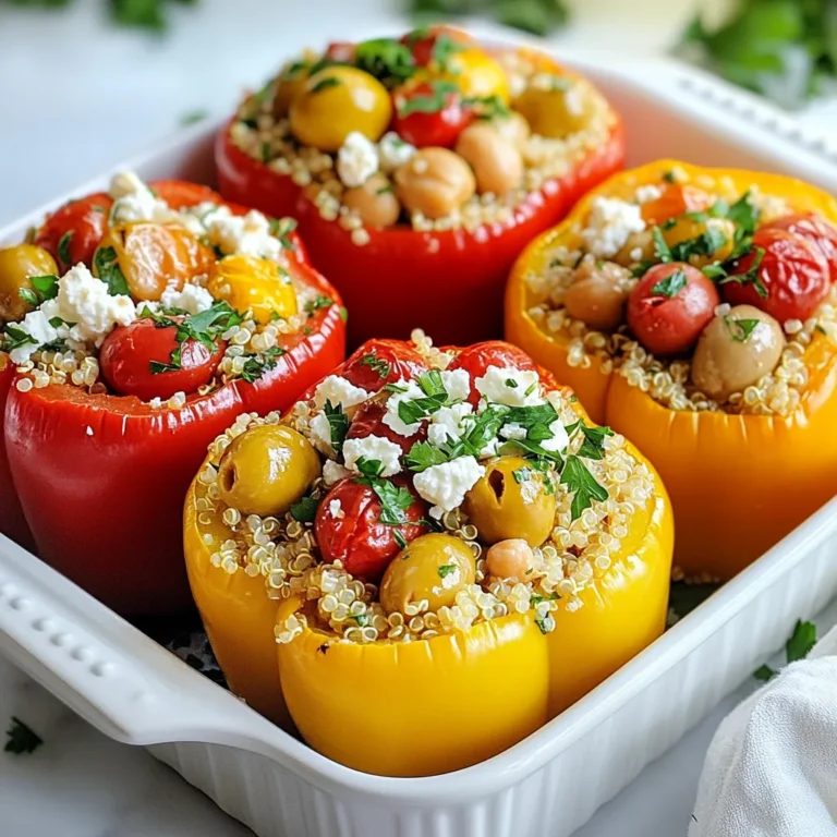 - 4 large bell peppers (any color) - 1 cup quinoa, rinsed - 2 cups vegetable broth (or water) - 1 cup cherry tomatoes, halved - 1 cup canned chickpeas, drained and rinsed - 1/2 cup feta cheese, crumbled - 1/4 cup Kalamata olives, sliced - 1/4 cup red onion, finely chopped - 2 cloves garlic, minced - 1 teaspoon dried oregano - 1 teaspoon dried basil - 1/2 teaspoon red pepper flakes (optional) - Salt and pepper to taste - 2 tablespoons olive oil - Fresh parsley for garnish (optional) When I make Mediterranean quinoa stuffed peppers, I start with fresh ingredients. The bell peppers are colorful and add a sweet crunch. Quinoa is my favorite grain because it is high in protein. The cherry tomatoes give a burst of flavor, while chickpeas add heartiness. I also love using feta cheese. Its salty, creamy taste pairs well with the olives. Kalamata olives bring a briny touch that enhances the dish. The red onion adds a nice bite, while garlic adds depth. Dried herbs like oregano and basil bring the Mediterranean vibe. Red pepper flakes give a hint of spice, but they are optional. Salt and pepper are key to making all the flavors pop. Finally, a drizzle of olive oil ties everything together. You can add fresh parsley on top for a bright finish. With these ingredients, you can create a delightful meal that is both tasty and healthy. {{ingredient_image_1}} Set your oven temperature to 375°F (190°C). This step helps ensure even cooking. In a medium saucepan, combine 1 cup of rinsed quinoa and 2 cups of vegetable broth or water. Bring the mixture to a boil. Once boiling, reduce the heat to a simmer. Cover and cook for about 15 minutes. The quinoa will be fluffy when all the liquid is absorbed. Let it sit covered for 5 minutes after cooking. Take 4 large bell peppers and cut the tops off each one. Remove the seeds and membranes carefully. If a pepper doesn’t stand upright, trim a little from the base. This keeps them stable during baking. In a large mixing bowl, combine the cooked quinoa, 1 cup of halved cherry tomatoes, 1 cup of drained chickpeas, 1/2 cup of crumbled feta cheese, and 1/4 cup of sliced Kalamata olives. Add 1/4 cup of finely chopped red onion, 2 minced garlic cloves, 1 teaspoon of dried oregano, 1 teaspoon of dried basil, and optional 1/2 teaspoon of red pepper flakes. Drizzle in 2 tablespoons of olive oil, and season with salt and pepper. Mix everything until well combined. Take each bell pepper and stuff it with the quinoa mixture. Press down gently to pack the filling in tight. Place the stuffed peppers upright in a baking dish. Cover the dish with aluminum foil. Bake them in the preheated oven for 25-30 minutes. After this, remove the foil and bake for an additional 10-15 minutes. The peppers should be tender when done. Once cooked, take them out of the oven and let them cool slightly. Enjoy your Mediterranean quinoa stuffed peppers! You can make this dish your own. Try using different veggies, like zucchini or spinach. You can also swap cheeses. Goat cheese adds a nice tang. Add spices such as cumin or paprika for extra flavor. Meal prep is easy with these stuffed peppers. You can prepare the quinoa and filling a day in advance. Just store them in the fridge. When you're ready to eat, stuff the peppers and bake. This saves time on busy days. Using the right tools makes cooking easier. A medium saucepan works great for the quinoa. A sharp knife helps to cut the peppers neatly. Use a large mixing bowl to combine the filling. Lastly, a baking dish is needed for cooking. Pro Tips Choose Colorful Peppers: Using a mix of red, yellow, and green bell peppers not only enhances the visual appeal but also adds a variety of flavors to your dish. Cook Quinoa Perfectly: Ensure you rinse the quinoa thoroughly before cooking to remove any bitterness and achieve a fluffy texture. Customize Fillings: Feel free to add or substitute any ingredients in the filling. Spinach, artichokes, or even ground meat can be excellent additions! Let Them Rest: Allow the stuffed peppers to cool for a few minutes after baking. This helps the flavors meld together and makes them easier to handle when serving. {{image_2}} To make these stuffed peppers vegan, you can swap out the feta cheese. Use a plant-based cheese or crumble firm tofu instead. You can also add nutritional yeast for a cheesy flavor without dairy. This simple change keeps the dish creamy and full of taste while sticking to your vegan diet. This recipe is easily gluten-free. Just make sure your vegetable broth and any plant-based cheese you use are certified gluten-free. Quinoa itself is gluten-free, making it a great choice for this dish. Always check labels to be sure your ingredients meet gluten-free standards. You can explore various Mediterranean flavors with these stuffed peppers. Try adding sun-dried tomatoes or artichokes for a twist. Different herbs, like dill or mint, can add freshness. You might also mix in spices like cumin or paprika for a warm kick. Each variation gives a unique taste and makes the dish your own. To keep your Mediterranean quinoa stuffed peppers fresh, let them cool first. Once cool, place them in an airtight container. Store the container in your fridge. These stuffed peppers will stay fresh for about 3 to 4 days. If you want, you can also wrap each pepper in plastic wrap before placing them in the container. This extra layer helps keep them moist and tasty. Freezing stuffed peppers is easy. First, let them cool completely. Then, wrap each pepper in plastic wrap. After that, place them in a freezer-safe bag. Squeeze out as much air as possible before sealing. This way, your stuffed peppers can last up to 3 months in the freezer. When you're ready to eat, just thaw them in the fridge overnight. Reheating your stuffed peppers is simple. You can use the oven or microwave. For the oven, preheat it to 350°F (175°C). Place the peppers in a baking dish and cover with foil. Bake for about 20 minutes or until heated through. If you prefer the microwave, place a pepper on a plate. Heat it for 2 to 3 minutes, checking every minute. This will keep the flavors and textures nice. Enjoy your delightful meal! Yes, you can use any color of bell pepper. Red, yellow, and green all work well. You can also try poblano or Anaheim peppers for a twist. These peppers add a unique taste and texture to the dish. Each type brings its own flavor, making your meal fun and colorful. The stuffed peppers bake for 25 to 30 minutes at 375°F (190°C). After covering them with foil, you remove it for the last 10 to 15 minutes. This helps the peppers become soft and tender. You can check their doneness by poking them with a fork. If they feel soft, they are ready! If you want a different grain, try brown rice or farro. Both grains offer a great texture and flavor. You can also use couscous or bulgur for a quicker option. Just remember to adjust the cooking time based on the grain you choose. Each option will still keep your peppers healthy and tasty. Yes, this dish is very healthy! The peppers are full of vitamins A and C. Quinoa is a great source of protein and fiber. Chickpeas add more protein and help keep you full longer. Feta cheese provides calcium, while olives offer healthy fats. Overall, this meal is balanced and nutritious! This blog post gave you a clear path to making stuffed peppers. We covered the key ingredients and detailed each step. You learned tips for customization and meal prep. We also explored variations for different diets and how to store leftovers. Stuffed peppers are easy and fun to make. You can adjust the flavors to fit your taste. This dish is not just tasty; it’s healthy too. Enjoy your cooking adventure!