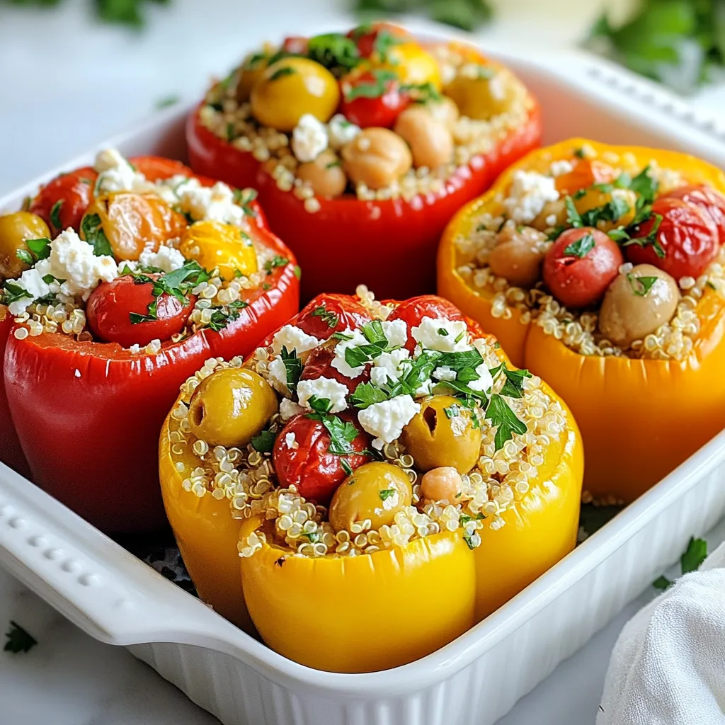 - 4 large bell peppers (any color) - 1 cup quinoa, rinsed - 2 cups vegetable broth (or water) - 1 cup cherry tomatoes, halved - 1 cup canned chickpeas, drained and rinsed - 1/2 cup feta cheese, crumbled - 1/4 cup Kalamata olives, sliced - 1/4 cup red onion, finely chopped - 2 cloves garlic, minced - 1 teaspoon dried oregano - 1 teaspoon dried basil - 1/2 teaspoon red pepper flakes (optional) - Salt and pepper to taste - 2 tablespoons olive oil - Fresh parsley for garnish (optional) When I make Mediterranean quinoa stuffed peppers, I start with fresh ingredients. The bell peppers are colorful and add a sweet crunch. Quinoa is my favorite grain because it is high in protein. The cherry tomatoes give a burst of flavor, while chickpeas add heartiness. I also love using feta cheese. Its salty, creamy taste pairs well with the olives. Kalamata olives bring a briny touch that enhances the dish. The red onion adds a nice bite, while garlic adds depth. Dried herbs like oregano and basil bring the Mediterranean vibe. Red pepper flakes give a hint of spice, but they are optional. Salt and pepper are key to making all the flavors pop. Finally, a drizzle of olive oil ties everything together. You can add fresh parsley on top for a bright finish. With these ingredients, you can create a delightful meal that is both tasty and healthy. {{ingredient_image_1}} Set your oven temperature to 375°F (190°C). This step helps ensure even cooking. In a medium saucepan, combine 1 cup of rinsed quinoa and 2 cups of vegetable broth or water. Bring the mixture to a boil. Once boiling, reduce the heat to a simmer. Cover and cook for about 15 minutes. The quinoa will be fluffy when all the liquid is absorbed. Let it sit covered for 5 minutes after cooking. Take 4 large bell peppers and cut the tops off each one. Remove the seeds and membranes carefully. If a pepper doesn’t stand upright, trim a little from the base. This keeps them stable during baking. In a large mixing bowl, combine the cooked quinoa, 1 cup of halved cherry tomatoes, 1 cup of drained chickpeas, 1/2 cup of crumbled feta cheese, and 1/4 cup of sliced Kalamata olives. Add 1/4 cup of finely chopped red onion, 2 minced garlic cloves, 1 teaspoon of dried oregano, 1 teaspoon of dried basil, and optional 1/2 teaspoon of red pepper flakes. Drizzle in 2 tablespoons of olive oil, and season with salt and pepper. Mix everything until well combined. Take each bell pepper and stuff it with the quinoa mixture. Press down gently to pack the filling in tight. Place the stuffed peppers upright in a baking dish. Cover the dish with aluminum foil. Bake them in the preheated oven for 25-30 minutes. After this, remove the foil and bake for an additional 10-15 minutes. The peppers should be tender when done. Once cooked, take them out of the oven and let them cool slightly. Enjoy your Mediterranean quinoa stuffed peppers! You can make this dish your own. Try using different veggies, like zucchini or spinach. You can also swap cheeses. Goat cheese adds a nice tang. Add spices such as cumin or paprika for extra flavor. Meal prep is easy with these stuffed peppers. You can prepare the quinoa and filling a day in advance. Just store them in the fridge. When you're ready to eat, stuff the peppers and bake. This saves time on busy days. Using the right tools makes cooking easier. A medium saucepan works great for the quinoa. A sharp knife helps to cut the peppers neatly. Use a large mixing bowl to combine the filling. Lastly, a baking dish is needed for cooking. Pro Tips Choose Colorful Peppers: Using a mix of red, yellow, and green bell peppers not only enhances the visual appeal but also adds a variety of flavors to your dish. Cook Quinoa Perfectly: Ensure you rinse the quinoa thoroughly before cooking to remove any bitterness and achieve a fluffy texture. Customize Fillings: Feel free to add or substitute any ingredients in the filling. Spinach, artichokes, or even ground meat can be excellent additions! Let Them Rest: Allow the stuffed peppers to cool for a few minutes after baking. This helps the flavors meld together and makes them easier to handle when serving. {{image_2}} To make these stuffed peppers vegan, you can swap out the feta cheese. Use a plant-based cheese or crumble firm tofu instead. You can also add nutritional yeast for a cheesy flavor without dairy. This simple change keeps the dish creamy and full of taste while sticking to your vegan diet. This recipe is easily gluten-free. Just make sure your vegetable broth and any plant-based cheese you use are certified gluten-free. Quinoa itself is gluten-free, making it a great choice for this dish. Always check labels to be sure your ingredients meet gluten-free standards. You can explore various Mediterranean flavors with these stuffed peppers. Try adding sun-dried tomatoes or artichokes for a twist. Different herbs, like dill or mint, can add freshness. You might also mix in spices like cumin or paprika for a warm kick. Each variation gives a unique taste and makes the dish your own. To keep your Mediterranean quinoa stuffed peppers fresh, let them cool first. Once cool, place them in an airtight container. Store the container in your fridge. These stuffed peppers will stay fresh for about 3 to 4 days. If you want, you can also wrap each pepper in plastic wrap before placing them in the container. This extra layer helps keep them moist and tasty. Freezing stuffed peppers is easy. First, let them cool completely. Then, wrap each pepper in plastic wrap. After that, place them in a freezer-safe bag. Squeeze out as much air as possible before sealing. This way, your stuffed peppers can last up to 3 months in the freezer. When you're ready to eat, just thaw them in the fridge overnight. Reheating your stuffed peppers is simple. You can use the oven or microwave. For the oven, preheat it to 350°F (175°C). Place the peppers in a baking dish and cover with foil. Bake for about 20 minutes or until heated through. If you prefer the microwave, place a pepper on a plate. Heat it for 2 to 3 minutes, checking every minute. This will keep the flavors and textures nice. Enjoy your delightful meal! Yes, you can use any color of bell pepper. Red, yellow, and green all work well. You can also try poblano or Anaheim peppers for a twist. These peppers add a unique taste and texture to the dish. Each type brings its own flavor, making your meal fun and colorful. The stuffed peppers bake for 25 to 30 minutes at 375°F (190°C). After covering them with foil, you remove it for the last 10 to 15 minutes. This helps the peppers become soft and tender. You can check their doneness by poking them with a fork. If they feel soft, they are ready! If you want a different grain, try brown rice or farro. Both grains offer a great texture and flavor. You can also use couscous or bulgur for a quicker option. Just remember to adjust the cooking time based on the grain you choose. Each option will still keep your peppers healthy and tasty. Yes, this dish is very healthy! The peppers are full of vitamins A and C. Quinoa is a great source of protein and fiber. Chickpeas add more protein and help keep you full longer. Feta cheese provides calcium, while olives offer healthy fats. Overall, this meal is balanced and nutritious! This blog post gave you a clear path to making stuffed peppers. We covered the key ingredients and detailed each step. You learned tips for customization and meal prep. We also explored variations for different diets and how to store leftovers. Stuffed peppers are easy and fun to make. You can adjust the flavors to fit your taste. This dish is not just tasty; it’s healthy too. Enjoy your cooking adventure!