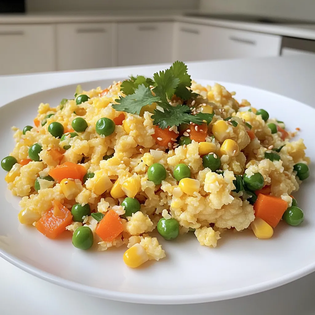 - 1 medium head of cauliflower - 1 cup mixed vegetables (carrots, peas, and corn) - 2 tablespoons sesame oil - 3 green onions - 2 cloves garlic - 2 eggs - 3 tablespoons low-sodium soy sauce - 1 tablespoon ginger - Salt and pepper - Optional: Chopped cilantro or parsley In this recipe, the main star is cauliflower. It gives a light base and tastes great. I use one medium head of cauliflower, which I grate into rice-sized pieces. You can also pulse it in a food processor. Next, I add one cup of mixed vegetables, like carrots, peas, and corn. These add color and sweetness. I love using sesame oil for flavor. It has a nutty taste and helps the dish shine. You’ll need two tablespoons. For extra crunch and taste, I add three chopped green onions and two minced garlic cloves. These ingredients create a tasty aroma. Two eggs bring protein and richness to the dish. I use low-sodium soy sauce to keep it healthy. Three tablespoons give the right saltiness. Fresh ginger adds a kick, so I grate one tablespoon. Finally, season with salt and pepper to taste. For a fresh touch, you can sprinkle chopped cilantro or parsley as a garnish. This dish is not just tasty; it’s colorful and healthy, perfect for any meal! - Start by removing the leaves and stem of the cauliflower. - Cut the cauliflower into small florets. - Grate it using a box grater or pulse it in a food processor. Aim for rice-sized pieces. - Heat 1 tablespoon of sesame oil in a large skillet over medium heat. - Add the minced garlic and freshly grated ginger. Sauté them for about 30 seconds until they smell great. - Then, add 1 cup of mixed vegetables to the skillet. Stir-fry for 3 to 4 minutes until they are tender. - Push the vegetables to one side of the skillet. - Add the second tablespoon of sesame oil to the empty side. - Pour in the 2 beaten eggs and scramble them until they are just set. - Once the eggs are cooked, mix them with the vegetables. - Now, add the cauliflower rice and 3 tablespoons of low-sodium soy sauce. Stir everything together and cook for 5 to 7 minutes. Make sure the cauliflower is tender but not mushy. - Stir in the 3 chopped green onions. Season with salt and pepper to taste. - Cook for one more minute to heat everything through. - Remove from heat and serve hot. Garnish with chopped cilantro or parsley if you like. To get the right texture, start with fresh cauliflower. A medium head works best. Remove leaves and stem, then cut it into smaller florets. Use a food processor to pulse the florets until they look like rice. If you don’t have a processor, a box grater is a great option. Avoiding mushiness is key. Do not overcook the cauliflower rice. Cook it for just 5 to 7 minutes. Check for tenderness but keep it firm. This helps maintain the rice-like texture. Using the right pan makes a big difference. A large skillet or wok is ideal for even cooking. These options help with heat distribution. Cooking times can vary based on your stove. If you have a gas stove, you might need less time. Electric stoves may take a bit longer. Always watch the cauliflower closely as it cooks. Adding spices can boost flavor. Consider a dash of garlic powder or a pinch of pepper. Low-sodium soy sauce adds a nice umami taste, but feel free to adjust to your liking. Think about variations, too. You can add sriracha for heat or sesame seeds for crunch. If you like fresh herbs, cilantro or parsley adds brightness. Customize your dish based on what you enjoy! {{image_2}} You can change up your cauliflower fried rice with different veggies. Try adding bell peppers or broccoli for more color and crunch. These veggies give extra nutrients and taste. For protein, consider using chicken, shrimp, or tofu. Each option adds a unique flavor. Chicken is lean and filling, shrimp is light and sweet, while tofu is great for plant-based diets. Spice lovers will enjoy a spicy version. Just add sriracha when cooking. This adds a nice kick without overpowering the dish. For an Asian-inspired twist, sprinkle sesame seeds on top. This adds a nutty flavor and a nice crunch. You can also use a dash of rice vinegar for a tangy touch. If you need gluten-free options, use tamari instead of soy sauce. Tamari has a similar taste but is safe for those avoiding gluten. For vegan adaptations, simply skip the eggs or use a plant-based egg substitute. The dish will still be tasty and satisfying. This way, everyone can enjoy cauliflower fried rice! To keep your cauliflower fried rice fresh, store it in an airtight container. This method helps prevent moisture loss and keeps flavors intact. Place the container in the fridge after cooling it to room temperature. Your fried rice will last about 3 to 4 days in the refrigerator. When reheating, use a skillet or microwave. For the skillet, heat on medium and add a splash of water. This keeps it moist. Stir often to avoid sticking. In the microwave, cover the dish with a damp paper towel. This traps steam and keeps it from drying out. You can freeze cauliflower fried rice for longer storage. Pack it in a freezer-safe bag or container, removing as much air as possible. It will stay fresh for up to 3 months in the freezer. To thaw, leave it in the fridge overnight. You can reheat it straight from frozen, but it may take a few extra minutes. Just stir often to heat evenly. Yes, cauliflower fried rice is very healthy. Cauliflower is low in calories and high in fiber. It gives you vitamins C and K, which help your body stay strong. Cauliflower also has antioxidants that fight off harmful free radicals. This dish is lower in carbs than regular rice, making it great for a low-carb diet. You get all these benefits while enjoying a tasty meal. You can make cauliflower fried rice ahead of time. To do this, cook the dish as usual and let it cool. Store it in an airtight container in the fridge. It will stay fresh for about 3 to 4 days. When you are ready to eat, just reheat it in a skillet or microwave. This saves time on busy days and still gives you a healthy meal. If you need a soy sauce substitute, try coconut aminos. It has a similar taste but is soy-free. You can also use tamari for a gluten-free option. For a different flavor, try using Worcestershire sauce or teriyaki sauce. These choices keep your dish tasty while meeting dietary needs. Absolutely! You can add many vegetables to your fried rice. Think about bell peppers, broccoli, or snap peas for extra crunch. You could also add spinach or kale for more greens. Just chop them small and stir-fry them along with the other ingredients. This way, you boost the flavor and nutrition of your meal. Cauliflower fried rice is a tasty and healthy dish. You’ve learned how to prepare it with fresh ingredients, cooking techniques, and storage tips. Feel free to experiment with flavors and vegetables based on your taste. This dish is easy to adapt for different diets too. Enjoy your cooking and the delicious meals you create!