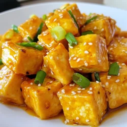 - 1 block (14 oz) firm tofu, pressed and cubed - 1/2 cup cornstarch for coating - 1/4 cup vegetable oil for frying - 1/2 cup fresh orange juice - 2 tablespoons soy sauce - 2 tablespoons maple syrup - 1 teaspoon grated ginger - 2 cloves garlic, minced - 1 tablespoon rice vinegar - 1 teaspoon sesame oil - 1 tablespoon orange zest - Sliced green onions - Sesame seeds When you make crispy orange tofu, each ingredient plays a key role. The firm tofu gives a nice bite. Pressing it removes extra water. This helps it get crispy when cooked. Next, cornstarch coats the tofu. It creates a crunchy shell when fried. The vegetable oil is perfect for frying. It gives a golden color and adds flavor. The orange sauce is where the magic happens. Fresh orange juice offers a bright taste. Soy sauce adds depth, while maple syrup brings sweetness. Grated ginger and minced garlic give it warmth. Rice vinegar adds tanginess, balancing the flavors. Sesame oil and orange zest round out the sauce, making it fragrant and rich. Finally, garnishing with green onions and sesame seeds adds color and texture. These topping choices elevate your dish. They make it look as good as it tastes. Each ingredient works together to create a dish that is both delicious and satisfying. {{ingredient_image_1}} Pressing the Tofu Press the tofu for at least 30 minutes. This helps remove extra moisture. Place a heavy object on the tofu to press it down. This step is key for crispiness. Cutting the Tofu into Cubes After pressing, cut the tofu into 1-inch cubes. Keep the pieces even for uniform cooking. This helps each cube crisp up just right. Tossing Tofu in Cornstarch In a shallow dish, add the cornstarch. Toss the tofu cubes in the cornstarch. Make sure each piece gets a nice layer. This coating will create a crunchy texture when fried. Frying the Tofu Until Crispy Heat vegetable oil in a large skillet over medium-high heat. Once hot, add the coated tofu in a single layer. Fry for about 3-4 minutes on each side. Look for a golden brown color all around. Draining Excess Oil Once crispy, transfer the tofu to a plate lined with paper towels. This absorbs any extra oil. It keeps your tofu light and crisp. Combining Sauce Ingredients in a Saucepan In a small saucepan, mix the orange juice, soy sauce, maple syrup, grated ginger, minced garlic, rice vinegar, sesame oil, and orange zest. Cooking the Sauce Until Thickened Bring the mixture to a simmer over medium heat. Stir occasionally for 3-5 minutes. Cook until the sauce thickens slightly. It should be smooth and shiny. Tossing Tofu in the Orange Sauce Gently toss the crispy tofu in the orange sauce. Make sure every piece is well-coated. Let it sit for another minute to soak up the flavors. Transferring to Serving Dish Remove the tofu from heat. Transfer the glazed tofu to a serving dish. Garnishing with Green Onions and Sesame Seeds Garnish with sliced green onions and sesame seeds. This adds color and crunch. Enjoy your crispy orange tofu! - Proper Pressing of Tofu: Start by pressing the tofu for at least 30 minutes. This step removes excess moisture. You want dry tofu to get that crunch. Use a heavy pan or a tofu press. The drier the tofu, the crispier it will be. - Even Coating with Cornstarch: After cubing the tofu, toss it gently in cornstarch. Make sure each piece is fully coated. This helps create a nice crust when frying. Don't rush this step; it is key for the perfect texture. - Using Fresh Ingredients: Always opt for fresh orange juice and zest. Fresh ingredients add bright flavor. The taste will be much better than bottled juice. Fresh garlic and ginger also enhance the overall dish. - Adjusting Sweetness with Maple Syrup: Maple syrup gives a nice balance to the orange sauce. You can adjust the amount based on your taste. More syrup means a sweeter dish. Less syrup will give a more tangy flavor. - Maintaining Oil Temperature: Heat the oil well before adding the tofu. If the oil is not hot enough, the tofu will soak up too much oil. You want that crispy outer layer, not soggy tofu. Test the oil by dropping in a small piece of tofu. It should sizzle. - Avoiding Crowding the Skillet: Cook the tofu in batches. If you crowd the skillet, the pieces will steam instead of fry. This can lead to soggy tofu. Give each piece space to get crispy and golden. Pro Tips Press Tofu Well: Ensure the tofu is pressed thoroughly to remove excess moisture; this helps achieve maximum crispiness during frying. Use High Heat: Fry the tofu over medium-high heat to get that perfect golden-brown crust; too low of a heat will make it soggy. Let Sauce Thicken: Allow the sauce to simmer and thicken slightly before adding the tofu; this enhances the flavor and helps it adhere better. Garnish Generously: Don’t skimp on the garnishes like green onions and sesame seeds; they add freshness and a delightful crunch to the dish. {{image_2}} If you want to switch things up, tempeh makes a great choice. Tempeh has a nutty flavor and a thicker texture. You can also try other plant-based proteins like seitan or chickpeas. Each option gives a unique taste and texture to your dish. Do you like it spicy? Add chili flakes to the sauce for a kick. Just a pinch can make a big difference. You can also experiment with other citrus fruits. Lime or grapefruit juice adds a fun twist to the classic orange flavor. Pair your crispy orange tofu with rice or quinoa for a hearty meal. Both options soak up the sauce well, making each bite delicious. You can also add vegetables like broccoli or bell peppers. They not only enhance the meal but also add color and nutrition. To keep your crispy orange tofu fresh, store it in the fridge. Place the tofu in an airtight container. This helps keep moisture out and makes it last longer. It stays good for about three days. For best taste, eat it sooner rather than later. To reheat your tofu, use the oven for best results. Preheat the oven to 350°F (175°C). Place the tofu on a baking sheet. Heat for about 10 minutes. This method keeps it crispy. You can also use a skillet on medium heat. Just fry it for a few minutes until warm. You can freeze cooked tofu with sauce if you want to save it for later. First, let it cool completely. Then, place it in a freezer-safe bag. Remove excess air to prevent freezer burn. It can last up to three months. When ready to eat, thaw in the fridge overnight before reheating. No, soft tofu does not work well for this dish. Firm tofu holds its shape better when cooked. It also crisps up nicely, giving that perfect texture you want. If you use soft tofu, it may fall apart and won't achieve the desired crispiness. To keep your tofu crispy, follow these tips: - Press the tofu well to remove moisture. - Coat the tofu evenly with cornstarch. - Fry in hot oil without crowding the pan. - Drain the tofu on paper towels after frying. These steps help lock in the crispiness and flavor. Yes! To make this recipe gluten-free, use gluten-free soy sauce. You can find tamari, which is a great substitute. It offers the same rich flavor without gluten. Always check labels to ensure other ingredients are gluten-free too. If you don't have orange juice, try using other citrus juices. Lemon or lime juice adds a nice tang. For a sweeter option, you can use apple juice. Adjust the sweetness with a bit of maple syrup if needed. Crispy Orange Tofu lasts about 3 to 4 days in the fridge. Store it in an airtight container to keep it fresh. However, it may lose some crispiness over time. It’s best to eat it fresh for that perfect crunch. Crispy Orange Tofu is a fun dish to cook and eat. We covered key ingredients like firm tofu, cornstarch, and rich orange sauce. You learned how to prepare, fry, and combine these flavors. Tips included achieving the perfect crispiness and storing leftovers well. Remember, you can swap tofu for tempeh or adjust sauce flavors. Enjoy cooking this tasty meal and share it with others! Your kitchen can be a place for fun and delicious food.