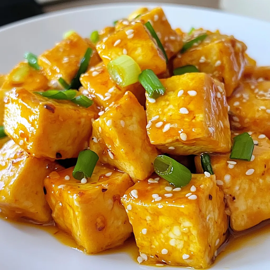 - 1 block (14 oz) firm tofu, pressed and cubed - 1/2 cup cornstarch for coating - 1/4 cup vegetable oil for frying - 1/2 cup fresh orange juice - 2 tablespoons soy sauce - 2 tablespoons maple syrup - 1 teaspoon grated ginger - 2 cloves garlic, minced - 1 tablespoon rice vinegar - 1 teaspoon sesame oil - 1 tablespoon orange zest - Sliced green onions - Sesame seeds When you make crispy orange tofu, each ingredient plays a key role. The firm tofu gives a nice bite. Pressing it removes extra water. This helps it get crispy when cooked. Next, cornstarch coats the tofu. It creates a crunchy shell when fried. The vegetable oil is perfect for frying. It gives a golden color and adds flavor. The orange sauce is where the magic happens. Fresh orange juice offers a bright taste. Soy sauce adds depth, while maple syrup brings sweetness. Grated ginger and minced garlic give it warmth. Rice vinegar adds tanginess, balancing the flavors. Sesame oil and orange zest round out the sauce, making it fragrant and rich. Finally, garnishing with green onions and sesame seeds adds color and texture. These topping choices elevate your dish. They make it look as good as it tastes. Each ingredient works together to create a dish that is both delicious and satisfying. {{ingredient_image_1}} Pressing the Tofu Press the tofu for at least 30 minutes. This helps remove extra moisture. Place a heavy object on the tofu to press it down. This step is key for crispiness. Cutting the Tofu into Cubes After pressing, cut the tofu into 1-inch cubes. Keep the pieces even for uniform cooking. This helps each cube crisp up just right. Tossing Tofu in Cornstarch In a shallow dish, add the cornstarch. Toss the tofu cubes in the cornstarch. Make sure each piece gets a nice layer. This coating will create a crunchy texture when fried. Frying the Tofu Until Crispy Heat vegetable oil in a large skillet over medium-high heat. Once hot, add the coated tofu in a single layer. Fry for about 3-4 minutes on each side. Look for a golden brown color all around. Draining Excess Oil Once crispy, transfer the tofu to a plate lined with paper towels. This absorbs any extra oil. It keeps your tofu light and crisp. Combining Sauce Ingredients in a Saucepan In a small saucepan, mix the orange juice, soy sauce, maple syrup, grated ginger, minced garlic, rice vinegar, sesame oil, and orange zest. Cooking the Sauce Until Thickened Bring the mixture to a simmer over medium heat. Stir occasionally for 3-5 minutes. Cook until the sauce thickens slightly. It should be smooth and shiny. Tossing Tofu in the Orange Sauce Gently toss the crispy tofu in the orange sauce. Make sure every piece is well-coated. Let it sit for another minute to soak up the flavors. Transferring to Serving Dish Remove the tofu from heat. Transfer the glazed tofu to a serving dish. Garnishing with Green Onions and Sesame Seeds Garnish with sliced green onions and sesame seeds. This adds color and crunch. Enjoy your crispy orange tofu! - Proper Pressing of Tofu: Start by pressing the tofu for at least 30 minutes. This step removes excess moisture. You want dry tofu to get that crunch. Use a heavy pan or a tofu press. The drier the tofu, the crispier it will be. - Even Coating with Cornstarch: After cubing the tofu, toss it gently in cornstarch. Make sure each piece is fully coated. This helps create a nice crust when frying. Don't rush this step; it is key for the perfect texture. - Using Fresh Ingredients: Always opt for fresh orange juice and zest. Fresh ingredients add bright flavor. The taste will be much better than bottled juice. Fresh garlic and ginger also enhance the overall dish. - Adjusting Sweetness with Maple Syrup: Maple syrup gives a nice balance to the orange sauce. You can adjust the amount based on your taste. More syrup means a sweeter dish. Less syrup will give a more tangy flavor. - Maintaining Oil Temperature: Heat the oil well before adding the tofu. If the oil is not hot enough, the tofu will soak up too much oil. You want that crispy outer layer, not soggy tofu. Test the oil by dropping in a small piece of tofu. It should sizzle. - Avoiding Crowding the Skillet: Cook the tofu in batches. If you crowd the skillet, the pieces will steam instead of fry. This can lead to soggy tofu. Give each piece space to get crispy and golden. Pro Tips Press Tofu Well: Ensure the tofu is pressed thoroughly to remove excess moisture; this helps achieve maximum crispiness during frying. Use High Heat: Fry the tofu over medium-high heat to get that perfect golden-brown crust; too low of a heat will make it soggy. Let Sauce Thicken: Allow the sauce to simmer and thicken slightly before adding the tofu; this enhances the flavor and helps it adhere better. Garnish Generously: Don’t skimp on the garnishes like green onions and sesame seeds; they add freshness and a delightful crunch to the dish. {{image_2}} If you want to switch things up, tempeh makes a great choice. Tempeh has a nutty flavor and a thicker texture. You can also try other plant-based proteins like seitan or chickpeas. Each option gives a unique taste and texture to your dish. Do you like it spicy? Add chili flakes to the sauce for a kick. Just a pinch can make a big difference. You can also experiment with other citrus fruits. Lime or grapefruit juice adds a fun twist to the classic orange flavor. Pair your crispy orange tofu with rice or quinoa for a hearty meal. Both options soak up the sauce well, making each bite delicious. You can also add vegetables like broccoli or bell peppers. They not only enhance the meal but also add color and nutrition. To keep your crispy orange tofu fresh, store it in the fridge. Place the tofu in an airtight container. This helps keep moisture out and makes it last longer. It stays good for about three days. For best taste, eat it sooner rather than later. To reheat your tofu, use the oven for best results. Preheat the oven to 350°F (175°C). Place the tofu on a baking sheet. Heat for about 10 minutes. This method keeps it crispy. You can also use a skillet on medium heat. Just fry it for a few minutes until warm. You can freeze cooked tofu with sauce if you want to save it for later. First, let it cool completely. Then, place it in a freezer-safe bag. Remove excess air to prevent freezer burn. It can last up to three months. When ready to eat, thaw in the fridge overnight before reheating. No, soft tofu does not work well for this dish. Firm tofu holds its shape better when cooked. It also crisps up nicely, giving that perfect texture you want. If you use soft tofu, it may fall apart and won't achieve the desired crispiness. To keep your tofu crispy, follow these tips: - Press the tofu well to remove moisture. - Coat the tofu evenly with cornstarch. - Fry in hot oil without crowding the pan. - Drain the tofu on paper towels after frying. These steps help lock in the crispiness and flavor. Yes! To make this recipe gluten-free, use gluten-free soy sauce. You can find tamari, which is a great substitute. It offers the same rich flavor without gluten. Always check labels to ensure other ingredients are gluten-free too. If you don't have orange juice, try using other citrus juices. Lemon or lime juice adds a nice tang. For a sweeter option, you can use apple juice. Adjust the sweetness with a bit of maple syrup if needed. Crispy Orange Tofu lasts about 3 to 4 days in the fridge. Store it in an airtight container to keep it fresh. However, it may lose some crispiness over time. It’s best to eat it fresh for that perfect crunch. Crispy Orange Tofu is a fun dish to cook and eat. We covered key ingredients like firm tofu, cornstarch, and rich orange sauce. You learned how to prepare, fry, and combine these flavors. Tips included achieving the perfect crispiness and storing leftovers well. Remember, you can swap tofu for tempeh or adjust sauce flavors. Enjoy cooking this tasty meal and share it with others! Your kitchen can be a place for fun and delicious food.