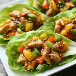 To make delicious teriyaki chicken lettuce wraps, gather these ingredients: - 2 boneless, skinless chicken breasts, diced - 1 tablespoon sesame oil - 1/4 cup soy sauce (low sodium) - 2 tablespoons honey - 1 tablespoon rice vinegar - 1 teaspoon fresh ginger, minced - 2 cloves garlic, minced - 1/2 cup green bell pepper, finely chopped - 1/2 cup carrot, grated - 1/4 cup green onions, sliced - 1 tablespoon sesame seeds, toasted - 1 head of butter or romaine lettuce, leaves separated - Salt and pepper to taste When selecting your ingredients, freshness is key. Look for: - Chicken: Choose bright pink, firm chicken breasts. - Vegetables: Pick crisp, colorful bell peppers and firm carrots. - Lettuce: Select fresh leaves without browning or wilting. - Soy Sauce: Opt for low-sodium soy sauce for a healthier option. You can switch some ingredients if needed: - Chicken: Try tofu or shrimp for a different protein. - Honey: Maple syrup works well for a vegan option. - Soy Sauce: Coconut aminos can replace soy sauce for a soy-free dish. - Veggies: Add cucumbers or shredded cabbage for extra crunch. {{ingredient_image_1}} First, gather all your ingredients. You will need diced chicken, sesame oil, soy sauce, honey, rice vinegar, ginger, garlic, green bell pepper, carrot, green onions, sesame seeds, and lettuce. This dish is quick and easy, so having everything ready is key. Next, wash and dry your lettuce leaves. Butter or romaine lettuce works best. You need about 12-16 leaves, depending on size. Set them aside carefully to keep them whole. Heat one tablespoon of sesame oil in a large skillet over medium heat. Once hot, add the diced chicken breasts. Cook the chicken for 5-7 minutes. You want it browned and no longer pink in the center. While the chicken cooks, mix the sauce. In a separate bowl, whisk together the soy sauce, honey, rice vinegar, minced ginger, and minced garlic. This sauce adds a sweet and savory flavor to your chicken. After the chicken is cooked, pour the sauce over it. Stir well to coat the chicken. Let the mixture simmer for 3-4 minutes. This helps the sauce thicken and soak into the chicken. Add chopped green bell pepper and grated carrot to the skillet. Cook for another 2-3 minutes. You want the veggies tender but still crisp. Finally, season with salt and pepper to taste. Stir in sliced green onions and toasted sesame seeds to finish. Now, it’s time to assemble your wraps. Take a lettuce leaf and spoon a generous amount of the teriyaki chicken mixture into the center. Fold the sides of the leaf over the filling. This creates a neat little wrap. Serve the wraps on a large platter. You can garnish with extra sesame seeds and sliced green onions for a nice touch. If you like, add some extra teriyaki sauce on the side for dipping. Enjoy your delicious and healthy teriyaki chicken lettuce wraps! To boost flavor in your teriyaki chicken lettuce wraps, use fresh ingredients. Fresh ginger and garlic make a big difference. Toasting sesame seeds brings out their nutty taste. For added crunch, you can use water chestnuts. They add a nice texture and pair well with the chicken. One common mistake is overcooking the chicken. Cook it just until it is no longer pink. This keeps the meat juicy. Another mistake is not letting the sauce thicken. Give it time to simmer after adding it to the chicken. This step ensures your wraps have a rich flavor. Lastly, don’t forget to season with salt and pepper. This simple step can elevate your dish. Serve your wraps on a large platter for a beautiful display. You can garnish with extra sesame seeds and green onions for color. Consider adding a small bowl of teriyaki sauce for dipping. This adds fun and flavor to each bite. You might also include pickled vegetables on the side for contrast. The tangy taste will complement the sweetness of the chicken wraps. Pro Tips Marinate for More Flavor: For an even richer taste, marinate the diced chicken in the teriyaki sauce for at least 30 minutes before cooking. This allows the flavors to penetrate the meat deeply. Choose Fresh Ingredients: Always opt for fresh vegetables and herbs. Fresh ginger and garlic can significantly enhance the dish's aroma and flavor profile. Adjust the Sweetness: If you prefer a sweeter sauce, you can add more honey or a splash of pineapple juice. Conversely, for a less sweet version, reduce the honey or substitute with a sugar-free alternative. Serve Immediately: These lettuce wraps are best enjoyed fresh. Serve them right after assembling to maintain the crisp texture of the lettuce and the warmth of the chicken mixture. {{image_2}} You can easily make this dish vegetarian or vegan. Instead of chicken, use tofu or tempeh. Both options absorb flavors well. Use the same teriyaki sauce from the recipe. Cut the tofu or tempeh into small cubes. Sauté until golden brown, then add the sauce. This way, you keep the sweet and savory taste. You can also try using mushrooms for a hearty texture. If you want to switch proteins, you have choices. Ground turkey or beef works well. For seafood lovers, shrimp or salmon are tasty options. Just adjust cooking times. Ground meat cooks faster, while fish needs less time than chicken. Make sure to use the same teriyaki sauce to enjoy that signature flavor. Feel free to get creative with flavors! Add some crushed red pepper for heat. You can also mix in chopped water chestnuts for a nice crunch. Want more veggies? Bell peppers and carrots are great, but try adding zucchini or snap peas too. For a fresh taste, add chopped cilantro or mint. These small changes make the dish new and exciting every time you make it. Store any leftover teriyaki chicken in an airtight container. Make sure it cools down first. Keep it in the fridge for up to three days. If you notice any change in smell or color, it’s best to throw it out. To freeze the teriyaki chicken, first let it cool completely. Place it in a freezer-safe bag or container. Squeeze out as much air as you can. Label the bag with the date. You can freeze it for up to three months. When ready, thaw it in the fridge overnight before reheating. Reheat the chicken in a skillet over medium heat. Add a splash of water or chicken broth to keep it moist. Stir often to avoid burning. You can also use the microwave. Heat on medium power in 30-second intervals, stirring in between. Make sure it is heated through before serving. Enjoy your wraps fresh and tasty! I recommend using butter or romaine lettuce. Both types have soft leaves. They hold the filling well. Butter lettuce is tender and easy to fold. Romaine adds a nice crunch. Choose fresh leaves without any brown spots. Yes, you can make teriyaki sauce at home! It's simple and quick. Just mix soy sauce, honey, rice vinegar, minced ginger, and garlic. This mix gives your chicken a great flavor. You can adjust the sweetness or saltiness to fit your taste. You can store leftovers in the fridge for up to three days. Be sure to seal them in an airtight container. The chicken will stay tasty, but the lettuce may wilt. It's best to eat the wraps fresh. If you keep the filling and lettuce separate, they will stay fresh longer. You learned about key ingredients for tasty lettuce wraps. Choosing the right items and making smart substitutions is crucial. I shared tips for cooking the chicken and assembling the wraps. Use flavor tricks and avoid common mistakes for the best results. Plus, we explored fun variations, storage tips, and answered common questions. Enjoy making these wraps your own. With practice, you can create great meals that everyone loves. Let your cooking skills shine!