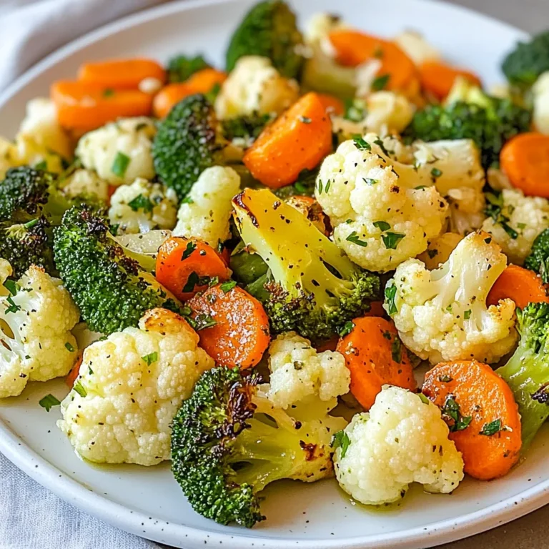 - 2 cups broccoli florets - 2 cups cauliflower florets - 1 cup carrots, sliced - 1 red bell pepper, diced - 4 cloves garlic, minced - 1 teaspoon dried thyme - 1 teaspoon dried rosemary - 3 tablespoons olive oil - Salt and pepper to taste - Fresh parsley for garnish Gathering fresh vegetables is key. I always choose vibrant broccoli, cauliflower, and carrots. Red bell pepper adds color and sweetness. Use firm and fresh produce for the best taste. Garlic is my favorite. It brings a strong, rich flavor. Use four cloves for a bold kick. Thyme and rosemary add depth. These herbs work well with roasted veggies. Olive oil is essential. It helps the vegetables roast beautifully. Season with salt and pepper to enhance the flavors. Garnish with fresh parsley for a pop of green. This adds a fresh touch to your dish. {{ingredient_image_1}} Set your oven to 425°F (220°C). This high heat helps the vegetables roast perfectly. Take a large mixing bowl. Combine the broccoli florets, cauliflower florets, sliced carrots, and diced red bell pepper. Make sure to mix well. This will give you a colorful and healthy base for your dish. In a small bowl, whisk together minced garlic, olive oil, dried thyme, dried rosemary, salt, and pepper. Mix until everything is well combined. This mixture adds a burst of flavor to the veggies. Spread the coated vegetables in a single layer on a large baking sheet. This is key for even cooking. Roast them in the oven for about 25-30 minutes. Stir halfway through to ensure they cook evenly. You want them tender and golden brown. For the best results, spread the vegetables in a single layer on your baking sheet. This helps them cook evenly and become nice and crispy. If you stack them, they will steam instead of roast. Stir the veggies halfway through cooking. This ensures all sides get that lovely golden color. To make your dish even better, try adding more herbs or spices. Fresh herbs like basil or oregano can bring new life to the flavor. You might also like to sprinkle some paprika or cumin for a warm kick. Don’t be afraid to get creative with your favorite flavors! How you serve your dish matters. Show off your roasted vegetables on a rustic wooden platter. Drizzle a bit of olive oil on top for shine. Finish with a pinch of sea salt to enhance the taste. A sprinkle of fresh parsley adds a nice touch and bright color. This simple step makes your dish look as good as it tastes! Pro Tips Prepping the Vegetables: Cut the vegetables into uniform sizes to ensure even roasting and cooking time. Use Fresh Herbs: For a more vibrant flavor, consider using fresh thyme and rosemary instead of dried. Don’t Crowd the Pan: Spread the vegetables out in a single layer on the baking sheet to achieve that perfect caramelization. Experiment with Seasonings: Feel free to mix in other spices like paprika or cumin for a different flavor profile. {{image_2}} You can switch up the vegetables in this dish based on what’s in season. Try adding zucchini, which roasts well and gives a nice texture. Brussels sprouts are another great option. Slice them in half and toss them in with the other veggies. Their slight bitterness pairs well with garlic and herbs. You can also use root vegetables like sweet potatoes or parsnips for a sweet twist. The key is to choose firm vegetables that can hold up to roasting. Want to add more flavor? Consider mixing in some cheese. Feta or Parmesan cheese can add a nice salty kick. Drizzling a balsamic glaze over the veggies before serving adds a sweet and tangy finish. If you like heat, sprinkle some crushed red pepper flakes on top. This will give your dish a nice spicy note that balances the garlic. These small additions can elevate your roasted vegetables to a whole new level. You can easily adapt this recipe to fit different cuisines. For an Asian twist, add soy sauce and sesame oil to the garlic herb mixture. Toss in some sliced green onions and sesame seeds before serving. If you want a Mediterranean flair, use olives and sun-dried tomatoes. A sprinkle of feta cheese can also enhance the Mediterranean vibe. These variations keep the dish fresh and exciting, making it a favorite for any meal. To store leftovers, let the garlic herb roasted vegetables cool first. Place them in an airtight container. This keeps them fresh for up to three days. Make sure to label the container with the date. This helps you track how long they stay good. When you want to eat them again, just open the container and enjoy! To reheat, use your oven for the best texture. Preheat it to 350°F (175°C). Spread the vegetables on a baking sheet. Heat for about 10-15 minutes. This keeps them crispy and warm. If you're in a hurry, you can use the microwave. Just heat them for about 1-2 minutes. Stir halfway to warm them evenly. You can freeze roasted vegetables to enjoy later. First, let them cool completely. Then, spread them out on a baking sheet. Freeze for 1-2 hours until firm. Next, transfer them to a freezer-safe bag. Remove all the air before sealing. Label the bag with the date. These can last up to three months in the freezer. When you're ready to eat, thaw them in the fridge overnight. Reheat as needed. Roasting vegetables usually takes about 25 to 30 minutes at 425°F. This high heat helps them get tender and brown. To make sure they cook evenly, stir them halfway through. If you cut the veggies smaller, they will roast faster. For larger pieces, you may need a few extra minutes. Always check for doneness by piercing them with a fork. They should be soft yet firm. Yes, you can use frozen vegetables, but there are some things to keep in mind. Frozen veggies are often pre-cooked and can lose some texture when roasted. They may also release more water, which can make them soggy. Fresh vegetables have a better texture and flavor when roasted. If you use frozen, try to thaw and drain them before cooking. This helps keep them crisp. Garlic herb roasted vegetables pair well with many dishes. You can serve them with grilled chicken or fish for a hearty meal. They also go nicely with quinoa or rice for a vegetarian option. For a light lunch, toss them in a salad with greens. Drizzle some lemon juice for a fresh touch. These veggies can brighten up any plate! Roasting vegetables is simple and fun. You learned how to choose fresh veggies, mix flavors, and roast them to perfection. Use my tips for the best results. Try different veggies and flavors to keep it exciting. Storing and reheating leftovers can help reduce waste. Enjoy this vibrant dish as a side or main. With each bite, you add health and taste to your meals. Now it’s time to light up your kitchen with these garlic herb roasted vegetables!