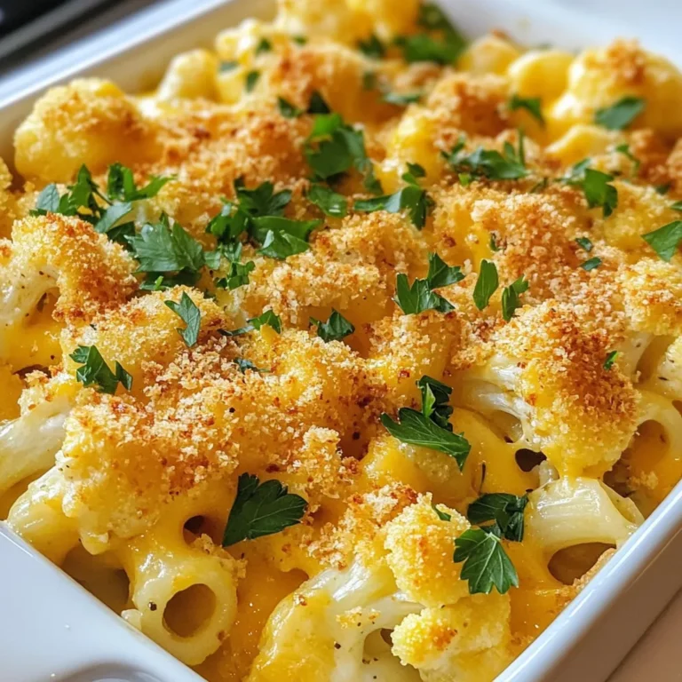 To make Cauliflower Mac and Cheese, gather these simple ingredients: - 1 medium head of cauliflower, cut into florets - 1 cup whole wheat macaroni - 2 cups shredded sharp cheddar cheese - 1 cup unsweetened almond milk - 1 tablespoon olive oil - 1/4 cup grated Parmesan cheese - 2 cloves garlic, minced - 1 teaspoon Dijon mustard - 1/2 teaspoon smoked paprika - Salt and freshly ground black pepper to taste - 1/4 cup panko breadcrumbs (for topping) - Fresh parsley, chopped (for garnish) Each ingredient plays a key role in creating the creamy, cheesy goodness of this dish. The cauliflower adds a healthy touch while keeping the dish light. Whole wheat macaroni gives a nice texture and helps you feel full. The sharp cheddar cheese brings a rich flavor that pairs well with the smooth almond milk. Adding garlic, mustard, and smoked paprika gives a depth of flavor that makes each bite memorable. Topping with panko breadcrumbs adds a crispy finish that contrasts with the creamy sauce below. Fresh parsley brightens up the dish visually and adds a fresh taste. {{ingredient_image_1}} - Preheating the oven: Start by setting your oven to 350°F (175°C). This helps your dish cook evenly. - Cooking macaroni and cauliflower: Boil a large pot of salted water. Add 1 cup of whole wheat macaroni and cook it until it's al dente. With 2-3 minutes left, toss in 1 medium head of cauliflower cut into florets. Once done, drain both the pasta and cauliflower and set them aside. - Making the cheese sauce: In the same pot, heat 1 tablespoon of olive oil over medium heat. Add 2 cloves of minced garlic and sauté for about 1 minute. This adds a lovely aroma. Pour in 1 cup of unsweetened almond milk. Stir in 2 cups of shredded sharp cheddar cheese and 1/4 cup of grated Parmesan cheese. Add 1 teaspoon of Dijon mustard and 1/2 teaspoon of smoked paprika. Keep stirring until the cheese melts and the sauce becomes creamy. Season it with salt and freshly ground black pepper to taste. - Mixing macaroni, cauliflower, and cheese sauce: Gently fold the cooked macaroni and cauliflower into the cheese sauce. Make sure everything is coated well. - Transferring to baking dish: Pour the mixture into a greased baking dish. This helps prevent sticking and makes cleanup easier. - Adding the crispy topping: In a small bowl, mix 1/4 cup of panko breadcrumbs with a little olive oil. Sprinkle this mixture evenly over the top for a crunchy finish. - Baking time and temperature: Place the dish in the preheated oven and bake for about 20 minutes. You want the top to turn golden brown and crispy. - Cooling before serving: Once out of the oven, let it cool for a few minutes. This helps the cheese sauce set slightly. Garnish with chopped fresh parsley before serving for a pop of color. Enjoy your creamy and tasty cauliflower mac and cheese! To bring out the best taste in your cauliflower mac and cheese, consider your cheese choices. Sharp cheddar gives it a bold flavor. You can also mix in Gruyère or Monterey Jack for a creamier taste. For a twist, try adding a bit of blue cheese. Experiment with different seasonings. Adding a pinch of cayenne pepper gives it some heat. You can also use garlic powder or onion powder for extra depth. Fresh herbs like thyme or rosemary can brighten the dish. Cooking cauliflower well is key. Steam the florets instead of boiling them. This keeps them firm and flavorful. When boiling, add them to the pasta in the last few minutes. This ensures they cook evenly. To achieve a creamy texture, make sure your cheese melts fully. Stir the sauce gently and avoid high heat. If the sauce is too thick, add more almond milk, a little at a time. This keeps it smooth and delicious. Garnishing your dish can elevate it. Fresh parsley adds color and freshness. You can also sprinkle some extra cheese on top before serving for a cheesy boost. For a well-rounded meal, pair the mac and cheese with a side salad. A simple green salad with vinaigrette works well. You might also serve it alongside grilled chicken or roasted veggies for a balanced plate. Pro Tips Cook Pasta Al Dente: Make sure to cook the macaroni just until al dente for the best texture. This will prevent it from becoming mushy after baking. Cheese Selection: Experiment with different types of cheese for a unique flavor. A mix of sharp cheddar and Gruyère can elevate the dish even further. Crispy Topping: For an extra crunchy topping, try mixing in some grated cheese with the panko breadcrumbs before sprinkling them on top. Herb Infusion: Add fresh or dried herbs like thyme or rosemary to the cheese sauce for an aromatic twist that enhances the overall flavor. {{image_2}} Gluten-free options You can make this dish gluten-free by using gluten-free macaroni. There are many brands that offer tasty gluten-free pasta. Just check the label and cook it the same way as regular pasta. Vegan adaptations To make this dish vegan, swap the cheese for vegan cheese. Use plant-based milk like soy or oat milk. You can skip the Parmesan or use a vegan alternative. This way, you still get that creamy taste without dairy. Adding vegetables You can add more veggies to this dish. Try spinach, broccoli, or peas. They add color and nutrients. Just cook them with the cauliflower to keep it simple. Different cheese combinations Mix different cheeses for a unique flavor. Gouda, mozzarella, or even blue cheese can work well. Each cheese adds its own twist to the dish. Experiment and find your favorite mix. Individual portions For a fun twist, serve this dish in individual ramekins. It makes for a great presentation. Plus, everyone gets their own cheesy goodness! Casserole-style serving You can also serve it family-style in a big dish. Just scoop out portions for everyone. This makes it easy to share and enjoy together. To store your delicious Cauliflower Mac and Cheese, follow these steps: - Let the dish cool to room temperature. - Place leftovers in an airtight container. - Store in the fridge for up to four days. When you reheating, use these simple methods: - Preheat your oven to 350°F (175°C). - Cover the dish with foil to keep it moist. - Heat for about 20 minutes until hot. You can also use a microwave: - Place a single serving in a microwave-safe bowl. - Add a splash of almond milk to keep it creamy. - Microwave for 2-3 minutes, stirring halfway through. Want to freeze Cauliflower Mac and Cheese? Here’s how: - Let it cool completely. - Transfer to a freezer-safe container or bag. - Label with the date and freeze for up to three months. When you’re ready to eat, follow these thawing tips: - Move the container to the fridge overnight. - For a quick thaw, place it in cold water for 30 minutes. Reheat after thawing like this: - Preheat your oven to 350°F (175°C). - Cover with foil and bake for about 25 minutes. - Stir halfway through for even heating. Now, you can enjoy this comfort food anytime! Can I use frozen cauliflower? Yes, you can use frozen cauliflower. Just thaw and drain it first. Frozen florets cook quickly. This saves time and makes it easy to prepare. How do I make it spicier? To add heat, mix in red pepper flakes or cayenne pepper. Start with a little, then taste. You can also use spicy cheese for a kick. How long does it last in the fridge? Cauliflower mac and cheese lasts about three to four days in the fridge. Store it in an airtight container. Reheat it gently in the oven or microwave. Caloric content per serving Each serving has around 420 calories. This varies based on your cheese and milk choices. Health benefits of cauliflower Cauliflower is low in calories but high in fiber. It offers vitamins C and K. This veggie supports digestion and boosts your immune system. What can I substitute for almond milk? You can use regular milk, soy milk, or oat milk instead of almond milk. Each will change the flavor slightly but will still work well. Can I use regular pasta instead of whole wheat? Yes, you can use regular pasta. Just keep an eye on cooking time. Whole wheat adds fiber, but regular pasta tastes great too. This blog post covered a delicious cauliflower mac and cheese recipe. We explored ingredients, step-by-step instructions, and helpful tips. You learned about variations, storage, and common FAQs. In summary, this dish is easy to make and customize. You can enjoy it in many ways. I hope you try making this healthy twist on a classic comfort food. Happy cooking!