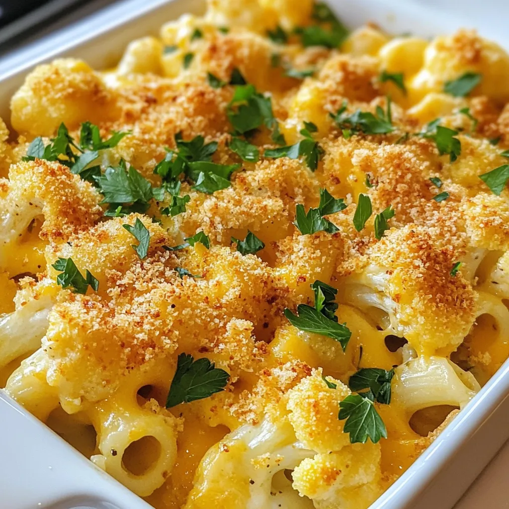 To make Cauliflower Mac and Cheese, gather these simple ingredients: - 1 medium head of cauliflower, cut into florets - 1 cup whole wheat macaroni - 2 cups shredded sharp cheddar cheese - 1 cup unsweetened almond milk - 1 tablespoon olive oil - 1/4 cup grated Parmesan cheese - 2 cloves garlic, minced - 1 teaspoon Dijon mustard - 1/2 teaspoon smoked paprika - Salt and freshly ground black pepper to taste - 1/4 cup panko breadcrumbs (for topping) - Fresh parsley, chopped (for garnish) Each ingredient plays a key role in creating the creamy, cheesy goodness of this dish. The cauliflower adds a healthy touch while keeping the dish light. Whole wheat macaroni gives a nice texture and helps you feel full. The sharp cheddar cheese brings a rich flavor that pairs well with the smooth almond milk. Adding garlic, mustard, and smoked paprika gives a depth of flavor that makes each bite memorable. Topping with panko breadcrumbs adds a crispy finish that contrasts with the creamy sauce below. Fresh parsley brightens up the dish visually and adds a fresh taste. {{ingredient_image_1}} - Preheating the oven: Start by setting your oven to 350°F (175°C). This helps your dish cook evenly. - Cooking macaroni and cauliflower: Boil a large pot of salted water. Add 1 cup of whole wheat macaroni and cook it until it's al dente. With 2-3 minutes left, toss in 1 medium head of cauliflower cut into florets. Once done, drain both the pasta and cauliflower and set them aside. - Making the cheese sauce: In the same pot, heat 1 tablespoon of olive oil over medium heat. Add 2 cloves of minced garlic and sauté for about 1 minute. This adds a lovely aroma. Pour in 1 cup of unsweetened almond milk. Stir in 2 cups of shredded sharp cheddar cheese and 1/4 cup of grated Parmesan cheese. Add 1 teaspoon of Dijon mustard and 1/2 teaspoon of smoked paprika. Keep stirring until the cheese melts and the sauce becomes creamy. Season it with salt and freshly ground black pepper to taste. - Mixing macaroni, cauliflower, and cheese sauce: Gently fold the cooked macaroni and cauliflower into the cheese sauce. Make sure everything is coated well. - Transferring to baking dish: Pour the mixture into a greased baking dish. This helps prevent sticking and makes cleanup easier. - Adding the crispy topping: In a small bowl, mix 1/4 cup of panko breadcrumbs with a little olive oil. Sprinkle this mixture evenly over the top for a crunchy finish. - Baking time and temperature: Place the dish in the preheated oven and bake for about 20 minutes. You want the top to turn golden brown and crispy. - Cooling before serving: Once out of the oven, let it cool for a few minutes. This helps the cheese sauce set slightly. Garnish with chopped fresh parsley before serving for a pop of color. Enjoy your creamy and tasty cauliflower mac and cheese! To bring out the best taste in your cauliflower mac and cheese, consider your cheese choices. Sharp cheddar gives it a bold flavor. You can also mix in Gruyère or Monterey Jack for a creamier taste. For a twist, try adding a bit of blue cheese. Experiment with different seasonings. Adding a pinch of cayenne pepper gives it some heat. You can also use garlic powder or onion powder for extra depth. Fresh herbs like thyme or rosemary can brighten the dish. Cooking cauliflower well is key. Steam the florets instead of boiling them. This keeps them firm and flavorful. When boiling, add them to the pasta in the last few minutes. This ensures they cook evenly. To achieve a creamy texture, make sure your cheese melts fully. Stir the sauce gently and avoid high heat. If the sauce is too thick, add more almond milk, a little at a time. This keeps it smooth and delicious. Garnishing your dish can elevate it. Fresh parsley adds color and freshness. You can also sprinkle some extra cheese on top before serving for a cheesy boost. For a well-rounded meal, pair the mac and cheese with a side salad. A simple green salad with vinaigrette works well. You might also serve it alongside grilled chicken or roasted veggies for a balanced plate. Pro Tips Cook Pasta Al Dente: Make sure to cook the macaroni just until al dente for the best texture. This will prevent it from becoming mushy after baking. Cheese Selection: Experiment with different types of cheese for a unique flavor. A mix of sharp cheddar and Gruyère can elevate the dish even further. Crispy Topping: For an extra crunchy topping, try mixing in some grated cheese with the panko breadcrumbs before sprinkling them on top. Herb Infusion: Add fresh or dried herbs like thyme or rosemary to the cheese sauce for an aromatic twist that enhances the overall flavor. {{image_2}} Gluten-free options You can make this dish gluten-free by using gluten-free macaroni. There are many brands that offer tasty gluten-free pasta. Just check the label and cook it the same way as regular pasta. Vegan adaptations To make this dish vegan, swap the cheese for vegan cheese. Use plant-based milk like soy or oat milk. You can skip the Parmesan or use a vegan alternative. This way, you still get that creamy taste without dairy. Adding vegetables You can add more veggies to this dish. Try spinach, broccoli, or peas. They add color and nutrients. Just cook them with the cauliflower to keep it simple. Different cheese combinations Mix different cheeses for a unique flavor. Gouda, mozzarella, or even blue cheese can work well. Each cheese adds its own twist to the dish. Experiment and find your favorite mix. Individual portions For a fun twist, serve this dish in individual ramekins. It makes for a great presentation. Plus, everyone gets their own cheesy goodness! Casserole-style serving You can also serve it family-style in a big dish. Just scoop out portions for everyone. This makes it easy to share and enjoy together. To store your delicious Cauliflower Mac and Cheese, follow these steps: - Let the dish cool to room temperature. - Place leftovers in an airtight container. - Store in the fridge for up to four days. When you reheating, use these simple methods: - Preheat your oven to 350°F (175°C). - Cover the dish with foil to keep it moist. - Heat for about 20 minutes until hot. You can also use a microwave: - Place a single serving in a microwave-safe bowl. - Add a splash of almond milk to keep it creamy. - Microwave for 2-3 minutes, stirring halfway through. Want to freeze Cauliflower Mac and Cheese? Here’s how: - Let it cool completely. - Transfer to a freezer-safe container or bag. - Label with the date and freeze for up to three months. When you’re ready to eat, follow these thawing tips: - Move the container to the fridge overnight. - For a quick thaw, place it in cold water for 30 minutes. Reheat after thawing like this: - Preheat your oven to 350°F (175°C). - Cover with foil and bake for about 25 minutes. - Stir halfway through for even heating. Now, you can enjoy this comfort food anytime! Can I use frozen cauliflower? Yes, you can use frozen cauliflower. Just thaw and drain it first. Frozen florets cook quickly. This saves time and makes it easy to prepare. How do I make it spicier? To add heat, mix in red pepper flakes or cayenne pepper. Start with a little, then taste. You can also use spicy cheese for a kick. How long does it last in the fridge? Cauliflower mac and cheese lasts about three to four days in the fridge. Store it in an airtight container. Reheat it gently in the oven or microwave. Caloric content per serving Each serving has around 420 calories. This varies based on your cheese and milk choices. Health benefits of cauliflower Cauliflower is low in calories but high in fiber. It offers vitamins C and K. This veggie supports digestion and boosts your immune system. What can I substitute for almond milk? You can use regular milk, soy milk, or oat milk instead of almond milk. Each will change the flavor slightly but will still work well. Can I use regular pasta instead of whole wheat? Yes, you can use regular pasta. Just keep an eye on cooking time. Whole wheat adds fiber, but regular pasta tastes great too. This blog post covered a delicious cauliflower mac and cheese recipe. We explored ingredients, step-by-step instructions, and helpful tips. You learned about variations, storage, and common FAQs. In summary, this dish is easy to make and customize. You can enjoy it in many ways. I hope you try making this healthy twist on a classic comfort food. Happy cooking!