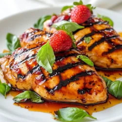 - 4 boneless, skinless chicken breasts - 1 cup fresh strawberries, hulled and sliced - 1/3 cup balsamic vinegar - 2 tablespoons honey - 2 cloves garlic, minced - 1 teaspoon fresh thyme or 1/2 teaspoon dried thyme - Salt and pepper to taste - 2 tablespoons olive oil - Fresh basil leaves for garnish (optional) I love how simple the ingredients are for this dish. The main players are chicken and strawberries. These fresh strawberries bring a sweet twist that pairs perfectly with the tangy balsamic vinegar. You only need a few seasonings to enhance the flavors. Honey adds a nice touch of sweetness, and garlic gives it depth. Thyme adds an earthy note that rounds everything out. Make sure to use fresh strawberries. They add brightness and color. The balsamic vinegar is key. It brings a sharp taste that complements the sweetness of the strawberries. The olive oil helps cook the chicken to a nice golden brown. If you want a pop of color, fresh basil leaves make a lovely garnish. This dish not only looks good but also tastes great! {{ingredient_image_1}} Start by making the marinade. In a small bowl, whisk together the balsamic vinegar, honey, minced garlic, thyme, salt, and pepper. This mix brings a sweet and tangy flavor to the chicken. Set this aside for later. Next, take your chicken breasts and place them in a resealable bag. Pour half of the marinade over the chicken. Seal the bag and shake it slightly to coat the chicken well. Let it marinate in the fridge for at least 30 minutes. If you want a stronger flavor, marinate for up to 2 hours. When it's time to cook, preheat your grill or skillet over medium-high heat. If you're using a skillet, add the olive oil to it. Remove the chicken from the bag and discard the leftover marinade. Grill or sear the chicken for about 5 to 7 minutes on each side. Make sure the chicken reaches an internal temperature of 165°F (75°C) for safety. While the chicken cooks, grab the remaining marinade. In a saucepan, add the sliced strawberries to the marinade. Bring this to a simmer over medium heat. Cook for about 5 minutes. The strawberries will soften, and the sauce will thicken slightly. This sauce adds a fresh, fruity touch to your dish. Marinating chicken boosts its taste. I recommend marinating for at least 30 minutes. If you want even more flavor, go for 2 hours. The longer the chicken sits in the marinade, the better it will taste. You can cook this dish in different ways. If you don’t have a grill, try an oven or air fryer. Preheat your oven to 400°F (200°C). Place the chicken in a baking dish and cook for 20-25 minutes. For the air fryer, set it to 375°F (190°C) and cook for about 15-20 minutes. To ensure chicken is cooked through, check its internal temperature. It should reach 165°F (75°C). After cooking, let it rest for a few minutes. This helps keep the chicken juicy. Always use a meat thermometer for best results. Pro Tips Marinate Longer for More Flavor: For the best flavor, let the chicken marinate for at least 2 hours, or even overnight if possible. Use Fresh Strawberries: Fresh strawberries will provide the best flavor and texture in the sauce, enhancing the overall dish. Check Chicken Temperature: Always use a meat thermometer to ensure the chicken reaches an internal temperature of 165°F (75°C) for safe consumption. Rest the Chicken: Let the chicken rest for a few minutes after cooking. This allows the juices to redistribute, keeping the meat moist and tender. {{image_2}} You can swap the chicken breasts for turkey cutlets. They work well and stay juicy. If you want a vegetarian option, use portobello mushrooms. For strawberries, fresh raspberries or blackberries are great substitutes. They add a nice twist to the dish. If you need a gluten-free version, check the balsamic vinegar label. Most brands are gluten-free. For a low-carb option, skip the honey or use a sugar substitute like stevia. This keeps the flavors but cuts down on carbs. Pair this dish with a fresh salad. A simple mix of greens, cucumbers, and a light vinaigrette works well. You can also serve it with roasted vegetables or quinoa. These sides add color and nutrition to your plate. To store leftover Strawberry Balsamic Chicken, place it in an airtight container. You can keep it in the fridge for up to four days. If you want to store it longer, freeze it. Wrap the chicken tightly in plastic wrap, then put it in a freezer bag. This way, it stays fresh for about three months. When reheating, the goal is to keep the chicken juicy. The best method is to use the oven. Preheat it to 350°F (175°C). Place the chicken in a baking dish and cover it with foil. Heat for about 15-20 minutes. You can also microwave it, but be careful not to overcook it. Heat in short bursts of 30 seconds. The freshness of Strawberry Balsamic Chicken depends on storage. In the fridge, it lasts about four days. In the freezer, it can stay good for three months. Always check for any signs of spoilage before eating leftovers. This helps ensure that your meals are safe and tasty. Yes, you can use frozen strawberries. However, they will change the texture of the dish. Frozen strawberries often become mushy when cooked. This may affect how the sauce looks and tastes. Fresh strawberries give a bright flavor and firm texture. If using frozen, thaw them first and drain excess liquid. You can pair this dish with several sides. Here are some tasty options: - Rice: White or brown rice works well. - Salads: A fresh green salad adds crunch. - Vegetables: Roasted or steamed veggies bring color to the plate. - Potatoes: Mashed or roasted potatoes complement the chicken well. These sides enhance the meal and make it more filling. Cooking time can vary based on several factors: - Thickness of chicken: Thicker pieces take longer. - Grill heat: A hotter grill cooks faster. - Chicken size: Smaller pieces cook more quickly. On average, it takes about 5-7 minutes per side. Always check the internal temperature. It should reach 165°F (75°C) to ensure safety. Let the chicken rest before serving. This keeps it juicy and tender. This blog post explored a delicious Strawberry Balsamic Chicken recipe. You learned the essential ingredients and how to prepare the marinade. I also shared tips for cooking the chicken and making a flavorful sauce. For those adventurous in the kitchen, the variations and serving suggestions provide many options. Remember to store leftovers properly for future meals. With practice, you’ll create a dish that impresses and delights. Enjoy your cooking journey!