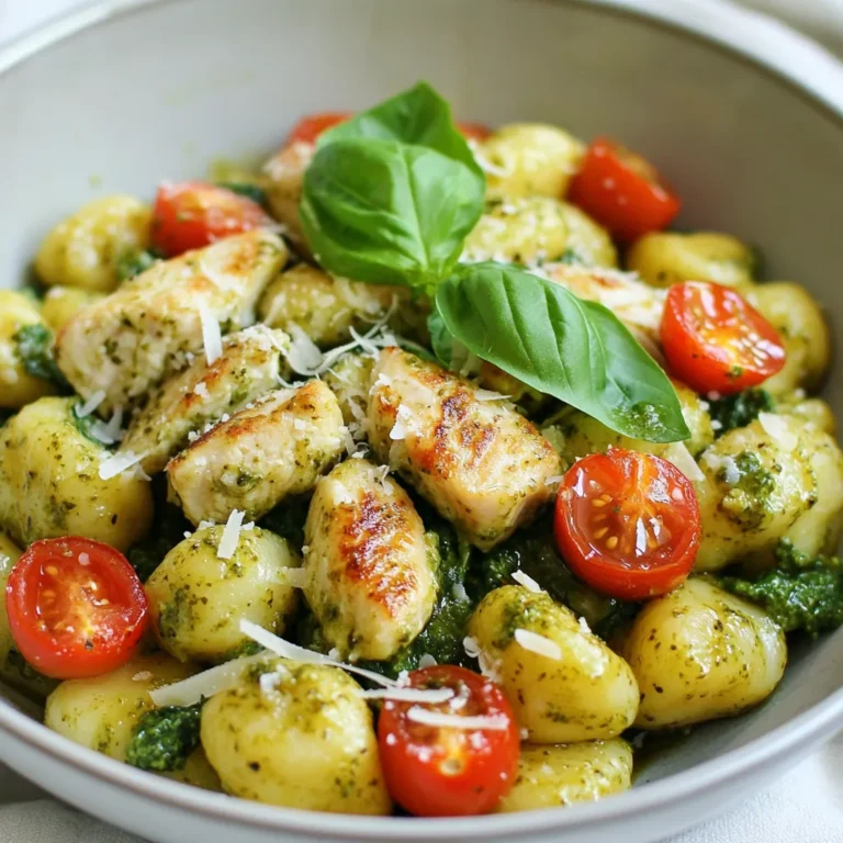 - 1 lb (450g) chicken breast, diced - 1 lb (450g) potato gnocchi - 1 cup homemade or store-bought basil pesto The main ingredients make this dish shine. Chicken breast gives the meal protein. Potato gnocchi adds a soft and chewy texture. Basil pesto brings vibrant flavors that tie it all together. - 2 tablespoons olive oil - 2 cups cherry tomatoes, halved - 1 cup spinach leaves - Salt and pepper to taste These vegetables boost the dish’s nutrition and taste. Cherry tomatoes add a sweet burst. Spinach leaves give color and vitamins. Olive oil helps cook the chicken and adds richness. Salt and pepper enhance all the flavors. - 1 cup grated Parmesan cheese - Fresh basil leaves for garnish Grated Parmesan cheese adds a salty, nutty flavor. Fresh basil leaves make the dish look appealing. They also add a fresh, herbal note that brightens each bite. {{ingredient_image_1}} Boiling the Water Start by filling a large pot with water. Add a generous pinch of salt. Place the pot on the stove and turn the heat to high. Wait for the water to boil. Cooking Time & Technique Once the water is boiling, add the potato gnocchi. Cook them until they float to the top. This usually takes about 2-3 minutes. When they float, they are done. Carefully drain the gnocchi and set them aside. Heating the Oil Grab a large skillet and put it on medium heat. Add 2 tablespoons of olive oil to the skillet. Let the oil heat up for a minute. Cooking Instructions and Tips Next, add the diced chicken breast to the hot oil. Season it with salt and pepper. Cook for about 6-8 minutes. Stir the chicken often until it turns golden brown and is fully cooked. Adding Vegetables and Pesto Now it’s time to make the dish come alive. Add the halved cherry tomatoes to the skillet. Cook them for 2-3 minutes until they soften. Then, toss in the spinach leaves. Stir until the spinach wilts, which takes about 1-2 minutes. Tossing and Serving the Dish Lower the heat. Add the cooked gnocchi and basil pesto to the skillet. Gently toss everything together. Make sure it’s well mixed and heated through. This should take another 2-3 minutes. Serve the pesto chicken gnocchi in shallow bowls. Top each bowl with grated Parmesan cheese and fresh basil leaves. Enjoy your flavorful meal! Cooking Times To cook gnocchi right, follow the package instructions. Usually, they need only 2-3 minutes. Watch closely! They float to the top when done. This shows they’re ready to drain. Texture Tips You want your gnocchi soft but not mushy. If they are overcooked, they lose that nice bite. Try not to crowd the pot; cook in batches if needed for the best texture. Avoiding Overcooking When cooking chicken, keep an eye on the time. It should take only 6-8 minutes. Use a meat thermometer to check the inside. It should reach 165°F (75°C) for safe eating. Flavor Enhancements To boost flavor, season the chicken well. Add salt and pepper before cooking. You can also try adding garlic or lemon juice for a more robust taste. These extra touches make a big difference. Presentation Tips For a beautiful plate, use a shallow bowl. Drizzle some pesto on top for color. A sprinkle of toasted pine nuts adds a nice crunch and looks great. Complementary Side Dishes Pair this dish with a light salad or steamed veggies. A simple arugula salad with lemon dressing works well. It brightens the meal and adds freshness. Pro Tips Use Fresh Ingredients: Whenever possible, opt for fresh basil and ripe cherry tomatoes for an enhanced flavor profile in your dish. Cook Gnocchi Perfectly: To ensure gnocchi is perfectly cooked, only boil them until they float; overcooking can make them mushy. Add Protein Variations: For a twist, consider substituting the chicken with shrimp or sautéed mushrooms for a vegetarian option. Customize Your Pesto: Feel free to experiment with different nuts in your pesto, such as walnuts or cashews, for a unique flavor. {{image_2}} Alternative Proteins You can swap chicken for shrimp or tofu. Shrimp cooks fast and adds a nice touch. Tofu gives a great texture and absorbs flavor well. Vegetable Additions Try adding bell peppers or zucchini for extra color and crunch. Broccoli or peas also work well. These veggies add nutrients and make the dish more vibrant. Homemade vs. Store-Bought Making your own pesto is simple and fresh. You can control the flavor and make it just right. Store-bought pesto is quick and still tasty, perfect for busy nights. Flavor Variants Experiment with different herbs like arugula or cilantro. You can also add nuts like walnuts instead of pine nuts. This gives your pesto a unique twist. Gluten-Free Gnocchi Look for gluten-free gnocchi made from rice or corn. They taste great and fit into gluten-free diets. Always check the label to ensure it meets your needs. Vegan Adaptations For a vegan option, use a plant-based protein like chickpeas. Replace the cheese with nutritional yeast for a cheesy flavor without dairy. This makes the dish tasty and vegan-friendly. To keep your pesto chicken gnocchi fresh, store it in an airtight container. Place it in the fridge within two hours of cooking. This helps to avoid bacteria growth. The gnocchi will stay good for about three to four days. For longer storage, you can freeze the dish. Use a freezer-safe container or bag. Make sure to remove as much air as possible to prevent freezer burn. The gnocchi can last up to three months in the freezer. When it's time to enjoy your leftovers, reheating is easy. The best method is using the stove. Heat a skillet over medium heat, add a splash of olive oil, and toss in the gnocchi. Stir often until heated through. You can also microwave it. Place the gnocchi in a microwave-safe dish. Add a splash of water and cover with a lid. Heat in short bursts, stirring in between, until warm. This keeps the flavors and texture nice. In the fridge, pesto chicken gnocchi lasts about three to four days. After that, it's best to discard it. Always check for signs of spoilage. If it smells off or has a strange color, do not eat it. Signs of spoilage include mold or an unusual texture. If you see any of these, toss it out. It's better to be safe than sorry, especially with leftovers. Gnocchi is a soft pasta made mainly from potatoes. Here’s a quick breakdown of what you need: - 1 lb (450g) chicken breast, diced - 1 lb (450g) potato gnocchi - 1 cup homemade or store-bought basil pesto - 2 tablespoons olive oil - 2 cups cherry tomatoes, halved - 1 cup spinach leaves - 1 cup grated Parmesan cheese - Salt and pepper to taste - Fresh basil leaves for garnish You can see gnocchi has simple and fresh ingredients. The potatoes give it a nice, fluffy texture. The pesto adds a burst of flavor. Yes, you can! Pesto comes in many flavors. Here are some ideas: - Sun-dried tomato pesto for a rich taste. - Spinach pesto for a milder, green flavor. - Arugula pesto for a peppery kick. Using different pestos can change the dish. Try what you like best. Just make sure to use fresh ingredients for the best flavor. Cooking gnocchi is easy. Here’s how you know when it’s done: - Boil the gnocchi in salted water. - They are ready when they float to the top. This usually takes about 2-3 minutes. Be sure to taste a piece to check the texture. It should be soft but not mushy. This simple method ensures perfect gnocchi every time. This blog post covers a tasty dish with chicken, gnocchi, and pesto. We explored key ingredients, cooking steps, and ways to enhance your meal. Remember to keep an eye on the gnocchi for that perfect texture. You can also swap ingredients or modify the dish to fit your diet. Store leftovers properly to enjoy them later. With these tips, you'll create a flavorful meal everyone will love. Enjoy cooking and experimenting with your dish!