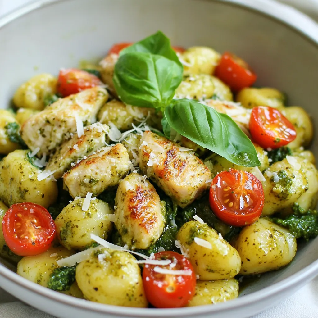 - 1 lb (450g) chicken breast, diced - 1 lb (450g) potato gnocchi - 1 cup homemade or store-bought basil pesto The main ingredients make this dish shine. Chicken breast gives the meal protein. Potato gnocchi adds a soft and chewy texture. Basil pesto brings vibrant flavors that tie it all together. - 2 tablespoons olive oil - 2 cups cherry tomatoes, halved - 1 cup spinach leaves - Salt and pepper to taste These vegetables boost the dish’s nutrition and taste. Cherry tomatoes add a sweet burst. Spinach leaves give color and vitamins. Olive oil helps cook the chicken and adds richness. Salt and pepper enhance all the flavors. - 1 cup grated Parmesan cheese - Fresh basil leaves for garnish Grated Parmesan cheese adds a salty, nutty flavor. Fresh basil leaves make the dish look appealing. They also add a fresh, herbal note that brightens each bite. {{ingredient_image_1}} Boiling the Water Start by filling a large pot with water. Add a generous pinch of salt. Place the pot on the stove and turn the heat to high. Wait for the water to boil. Cooking Time & Technique Once the water is boiling, add the potato gnocchi. Cook them until they float to the top. This usually takes about 2-3 minutes. When they float, they are done. Carefully drain the gnocchi and set them aside. Heating the Oil Grab a large skillet and put it on medium heat. Add 2 tablespoons of olive oil to the skillet. Let the oil heat up for a minute. Cooking Instructions and Tips Next, add the diced chicken breast to the hot oil. Season it with salt and pepper. Cook for about 6-8 minutes. Stir the chicken often until it turns golden brown and is fully cooked. Adding Vegetables and Pesto Now it’s time to make the dish come alive. Add the halved cherry tomatoes to the skillet. Cook them for 2-3 minutes until they soften. Then, toss in the spinach leaves. Stir until the spinach wilts, which takes about 1-2 minutes. Tossing and Serving the Dish Lower the heat. Add the cooked gnocchi and basil pesto to the skillet. Gently toss everything together. Make sure it’s well mixed and heated through. This should take another 2-3 minutes. Serve the pesto chicken gnocchi in shallow bowls. Top each bowl with grated Parmesan cheese and fresh basil leaves. Enjoy your flavorful meal! Cooking Times To cook gnocchi right, follow the package instructions. Usually, they need only 2-3 minutes. Watch closely! They float to the top when done. This shows they’re ready to drain. Texture Tips You want your gnocchi soft but not mushy. If they are overcooked, they lose that nice bite. Try not to crowd the pot; cook in batches if needed for the best texture. Avoiding Overcooking When cooking chicken, keep an eye on the time. It should take only 6-8 minutes. Use a meat thermometer to check the inside. It should reach 165°F (75°C) for safe eating. Flavor Enhancements To boost flavor, season the chicken well. Add salt and pepper before cooking. You can also try adding garlic or lemon juice for a more robust taste. These extra touches make a big difference. Presentation Tips For a beautiful plate, use a shallow bowl. Drizzle some pesto on top for color. A sprinkle of toasted pine nuts adds a nice crunch and looks great. Complementary Side Dishes Pair this dish with a light salad or steamed veggies. A simple arugula salad with lemon dressing works well. It brightens the meal and adds freshness. Pro Tips Use Fresh Ingredients: Whenever possible, opt for fresh basil and ripe cherry tomatoes for an enhanced flavor profile in your dish. Cook Gnocchi Perfectly: To ensure gnocchi is perfectly cooked, only boil them until they float; overcooking can make them mushy. Add Protein Variations: For a twist, consider substituting the chicken with shrimp or sautéed mushrooms for a vegetarian option. Customize Your Pesto: Feel free to experiment with different nuts in your pesto, such as walnuts or cashews, for a unique flavor. {{image_2}} Alternative Proteins You can swap chicken for shrimp or tofu. Shrimp cooks fast and adds a nice touch. Tofu gives a great texture and absorbs flavor well. Vegetable Additions Try adding bell peppers or zucchini for extra color and crunch. Broccoli or peas also work well. These veggies add nutrients and make the dish more vibrant. Homemade vs. Store-Bought Making your own pesto is simple and fresh. You can control the flavor and make it just right. Store-bought pesto is quick and still tasty, perfect for busy nights. Flavor Variants Experiment with different herbs like arugula or cilantro. You can also add nuts like walnuts instead of pine nuts. This gives your pesto a unique twist. Gluten-Free Gnocchi Look for gluten-free gnocchi made from rice or corn. They taste great and fit into gluten-free diets. Always check the label to ensure it meets your needs. Vegan Adaptations For a vegan option, use a plant-based protein like chickpeas. Replace the cheese with nutritional yeast for a cheesy flavor without dairy. This makes the dish tasty and vegan-friendly. To keep your pesto chicken gnocchi fresh, store it in an airtight container. Place it in the fridge within two hours of cooking. This helps to avoid bacteria growth. The gnocchi will stay good for about three to four days. For longer storage, you can freeze the dish. Use a freezer-safe container or bag. Make sure to remove as much air as possible to prevent freezer burn. The gnocchi can last up to three months in the freezer. When it's time to enjoy your leftovers, reheating is easy. The best method is using the stove. Heat a skillet over medium heat, add a splash of olive oil, and toss in the gnocchi. Stir often until heated through. You can also microwave it. Place the gnocchi in a microwave-safe dish. Add a splash of water and cover with a lid. Heat in short bursts, stirring in between, until warm. This keeps the flavors and texture nice. In the fridge, pesto chicken gnocchi lasts about three to four days. After that, it's best to discard it. Always check for signs of spoilage. If it smells off or has a strange color, do not eat it. Signs of spoilage include mold or an unusual texture. If you see any of these, toss it out. It's better to be safe than sorry, especially with leftovers. Gnocchi is a soft pasta made mainly from potatoes. Here’s a quick breakdown of what you need: - 1 lb (450g) chicken breast, diced - 1 lb (450g) potato gnocchi - 1 cup homemade or store-bought basil pesto - 2 tablespoons olive oil - 2 cups cherry tomatoes, halved - 1 cup spinach leaves - 1 cup grated Parmesan cheese - Salt and pepper to taste - Fresh basil leaves for garnish You can see gnocchi has simple and fresh ingredients. The potatoes give it a nice, fluffy texture. The pesto adds a burst of flavor. Yes, you can! Pesto comes in many flavors. Here are some ideas: - Sun-dried tomato pesto for a rich taste. - Spinach pesto for a milder, green flavor. - Arugula pesto for a peppery kick. Using different pestos can change the dish. Try what you like best. Just make sure to use fresh ingredients for the best flavor. Cooking gnocchi is easy. Here’s how you know when it’s done: - Boil the gnocchi in salted water. - They are ready when they float to the top. This usually takes about 2-3 minutes. Be sure to taste a piece to check the texture. It should be soft but not mushy. This simple method ensures perfect gnocchi every time. This blog post covers a tasty dish with chicken, gnocchi, and pesto. We explored key ingredients, cooking steps, and ways to enhance your meal. Remember to keep an eye on the gnocchi for that perfect texture. You can also swap ingredients or modify the dish to fit your diet. Store leftovers properly to enjoy them later. With these tips, you'll create a flavorful meal everyone will love. Enjoy cooking and experimenting with your dish!
