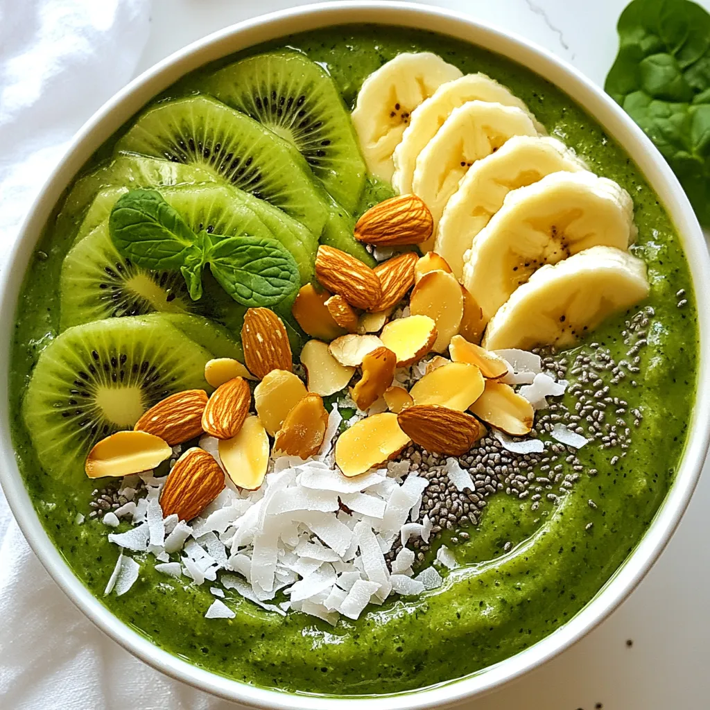 - 1 cup spinach, packed - 1 ripe banana - 1/2 avocado - 1 cup coconut water - 1/2 cup green apples, chopped The main ingredients make this detox smoothie bowl fresh and healthy. Spinach gives it a bright green color and is full of vitamins. Bananas add creaminess and natural sweetness. Avocado makes it rich and smooth, while coconut water hydrates and adds flavor. Green apples give a nice tartness that balances the sweetness. - 1 tablespoon chia seeds - 1 tablespoon almond butter - 1 tablespoon honey or agave syrup Optional ingredients can boost nutrition and taste. Chia seeds are tiny powerhouses of fiber and omega-3s. Almond butter adds protein and a nutty flavor. Honey or agave syrup can sweeten the bowl if you like it sweeter. - Sliced kiwi - Sliced almonds - Pumpkin seeds - Shredded coconut - Fresh mint leaves Toppings make your smoothie bowl fun and pretty. Sliced kiwi adds a pop of color and tang. Sliced almonds give a nice crunch. Pumpkin seeds are nutritious and add texture. Shredded coconut offers a tropical touch. Fresh mint leaves add a burst of freshness and flavor. {{ingredient_image_1}} Start by gathering all your ingredients. You need: - 1 cup spinach, packed - 1 ripe banana - 1/2 avocado - 1 cup coconut water - 1/2 cup green apples, chopped - 1 tablespoon chia seeds - 1 tablespoon almond butter - 1 tablespoon honey or agave syrup (optional) Wash the spinach thoroughly. Peel the banana and avocado. Chop the green apples into small pieces. This makes blending easier. Add all the prepared ingredients into a blender. This includes the spinach, banana, avocado, green apples, coconut water, chia seeds, almond butter, and honey if you want it sweeter. Blend on high until the mixture is smooth and creamy. You may need to pause and scrape down the sides to mix everything well. Once your mixture is smooth, pour it into a bowl. This is where you can show off your creation. Now comes the fun part—adding toppings! You can use: - Sliced kiwi - Sliced almonds - Pumpkin seeds - Shredded coconut - Fresh mint leaves Arrange these toppings on the smoothie. This not only makes it look pretty but also adds more flavor and texture. To get a smooth texture, blend on high speed. If you notice any lumps, keep blending until it’s fully mixed. Check the thickness of your smoothie. If it’s too thick for your liking, add a bit more coconut water. Blend again until you reach your desired consistency. Selecting Ripe Ingredients Choose ripe fruits for the best taste. Ripe bananas and avocados blend well. They make your smoothie creamy and smooth. Look for bananas with brown spots. They are sweeter and easier to blend. Pick avocados that yield slightly when pressed. This means they are ready to use. Blending Techniques Start with your liquid first. Add coconut water to your blender first. This helps other ingredients blend easier. Then, layer your fruits and veggies. Blend on high until smooth. If needed, pause to scrape the sides. This ensures everything mixes well. You can add more coconut water for a thinner texture. Adding Spices or Flavors Spices can add depth to your smoothie. Consider adding a pinch of cinnamon or ginger. These spices not only enhance flavor but also provide health benefits. You can also try a squeeze of lemon juice. This adds a bright, fresh flavor to your bowl. Sweetness Adjustments Taste your smoothie before serving. If it's not sweet enough, add honey or agave syrup. Start with a small amount, then blend again. You can always add more. Remember, the fruits also add natural sweetness. Nutritional Value of Spinach Spinach is a nutrient powerhouse. It's high in vitamins A, C, and K. It also has iron, calcium, and fiber. This green leafy veggie supports your immune system. It helps in digestion and keeps your bones strong. Benefits of Avocado and Coconut Water Avocado is loaded with healthy fats. It helps keep you full and satisfied. Coconut water is great for hydration. It has electrolytes that replenish your body. Together, they make your smoothie creamy and nutritious. Pro Tips Use Frozen Banana: For a creamier texture, consider using a frozen banana instead of a fresh one. Adjust Sweetness: Taste your smoothie before adding honey or agave, as the banana and apple contribute natural sweetness. Experiment with Greens: Feel free to mix in other leafy greens like kale or arugula for added nutrients. Customize Toppings: Get creative with your toppings; try adding granola or different fruits to change up flavors and textures. {{image_2}} You can switch up your smoothie bowl with fun fruit combos. - Berry Detox Smoothie Bowl: Use mixed berries like strawberries, blueberries, or raspberries. These fruits add a sweet flavor and bright color. Combine them with spinach for a tasty and healthy mix. - Tropical Green Smoothie Bowl: Go for a tropical vibe. Replace green apples with pineapple or mango. These fruits bring a juicy burst of sweetness. Add coconut water for an extra refreshing touch. Instead of coconut water, try different liquids for your base. - Almond Milk: This nutty milk adds a creamy texture. It also keeps the smoothie light and tasty. Use unsweetened almond milk to avoid extra sugar. - Oat Milk: This is a great choice for a thicker texture. Oat milk is naturally sweet and pairs well with fruits. It makes your smoothie bowl feel extra rich. Boost your smoothie bowl with superfoods for extra nutrition. - Matcha Powder: This green tea powder adds a vibrant color and a unique flavor. It is rich in antioxidants and can enhance your energy. Just a teaspoon is all you need for a big boost. - Protein Powders: Adding a scoop of protein powder can make your bowl more filling. Choose a powder that fits your dietary needs. Options include whey, pea, or hemp protein. These simple changes can make your Detox Green Smoothie Bowl even more exciting and healthy. Enjoy mixing and matching! To store your detox green smoothie bowl, follow these tips: - Refrigeration Tips: Place any leftover smoothie in the fridge. Use it within 24 hours for the best taste. The smoothie may separate, so stir it well before eating. - Container Recommendations: Use an airtight container. Glass jars work best, as they keep the smoothie fresh and tasty. You can freeze your smoothie bowl for later. Here’s how: - Steps for Freezing: Pour the smoothie into an ice cube tray or a freezer-safe container. Leave some space at the top, as liquids expand when frozen. - Reheating Instructions: To enjoy your frozen smoothie, thaw it overnight in the fridge. Blend it again for a smooth texture. You can also microwave it for a short time, but watch it closely. Understanding how fresh and frozen ingredients last helps you plan better: - Fresh Vs. Frozen Ingredients: Fresh fruits like bananas and avocados last about 3-5 days in the fridge. You can freeze them for up to six months. Frozen fruits keep their nutrients well, making them a great option for smoothies. Storing your smoothie bowl properly ensures you always have a healthy treat ready to enjoy! A Detox Green Smoothie Bowl is a thick, nutrient-rich blend of greens and fruits. You make it using fresh spinach, banana, avocado, green apples, and coconut water. This bowl is full of vitamins and minerals. It helps your body feel light and refreshed. The benefits of consuming detox smoothies include: - Improved digestion - Increased energy levels - Enhanced skin health - Better hydration - Boosted immunity These smoothies help clear toxins and nourish your body. You can enjoy them for breakfast or as a snack. Yes, you can prepare this smoothie bowl ahead of time. Here are some tips for preparation and storage: - Blend your ingredients and store the mixture in the fridge. - Use an airtight container to keep it fresh. - It’s best to eat it within 24 hours for optimal taste and nutrients. If you want to enjoy it later, consider freezing it. Just blend again to get a smooth texture after thawing. Choosing the right toppings can enhance the flavor and nutrition of your smoothie bowl. Here are some great options: - Sliced kiwi for a tart kick - Sliced almonds for crunch and protein - Pumpkin seeds for healthy fats - Shredded coconut for a tropical twist - Fresh mint leaves for extra freshness These toppings not only look good but also add flavors and textures. Mix and match to find your favorite combinations! This blog post walked you through making a delicious detox green smoothie bowl. You learned about key ingredients like spinach, banana, and avocado. I shared tips on blending and serving for the best texture and taste. With variations and storage tips, you can enjoy this healthy treat any time. Try different fruit combinations and toppings to find your favorite. Healthy eating can be fun and easy! Enjoy your smoothie bowl and its benefits as part of your daily routine.