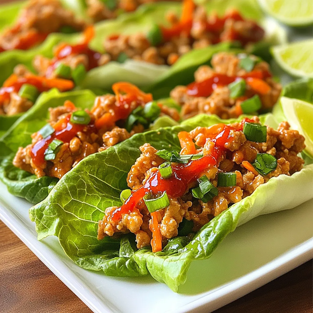 - 1 lb ground chicken - 1 tablespoon vegetable oil - 2 cloves garlic, minced - 1 tablespoon fresh ginger, grated - 1 red bell pepper, finely chopped - 1 carrot, grated - 1/2 cup green onions, chopped - 1/4 cup unsweetened peanut butter - 2 tablespoons soy sauce (or tamari for gluten-free) - 1 tablespoon lime juice - 1 tablespoon honey or maple syrup - 1 teaspoon sriracha (adjust for spiciness) - Salt and pepper to taste - 1 head of Bibb or iceberg lettuce, leaves separated When you make Spicy Peanut Chicken Lettuce Wraps, having the right ingredients is key. Start with one pound of ground chicken. This protein gives the wraps their meaty base. You will need a tablespoon of vegetable oil to cook the chicken and keep it moist. Next, we need some aromatics. Grab two cloves of minced garlic and one tablespoon of grated ginger. These will add strong flavors. Don’t forget your veggies! Use one finely chopped red bell pepper, one grated carrot, and half a cup of chopped green onions. They add crunch and color. Now for the sauce. You will need a quarter cup of unsweetened peanut butter, two tablespoons of soy sauce, and one tablespoon of lime juice. Add one tablespoon of honey or maple syrup for sweetness. For heat, use one teaspoon of sriracha; you can adjust this to your taste. Finally, have salt and pepper ready to season the mix. For the wraps, use one head of Bibb or iceberg lettuce. Separate the leaves for serving. Having each ingredient ready makes cooking easy. You’ll create a tasty dish that everyone will love. {{ingredient_image_1}} 1. Heat the vegetable oil in a large skillet over medium heat. 2. Add the minced garlic and grated ginger. Sauté for about 30 seconds until fragrant. 3. Now, add the ground chicken to the skillet. Break it apart with a spatula. 4. Cook the chicken until it is browned, about 5-7 minutes. 5. Stir in the chopped red bell pepper and grated carrot. Sauté for an additional 3-4 minutes until the vegetables are tender. 1. In a small bowl, whisk together the peanut butter, soy sauce, lime juice, honey, and sriracha. 2. Make sure the mixture is smooth and well-blended. 1. Pour the peanut sauce over the cooked chicken mixture. 2. Stir well to coat the chicken and veggies evenly. 3. Season with salt and pepper to taste. 4. Remove from heat and stir in the chopped green onions. 5. To serve, spoon the spicy chicken mixture into the lettuce leaves. Fold them like wraps. For ground chicken, cook it evenly. Break it apart with a spatula. Stir often to brown all sides. This helps the chicken stay juicy and tasty. Aim for a nice golden color. Adjust the spice with sriracha. If you like it hot, add more sriracha. Start with one teaspoon, then taste. You can always add more. This way, you control the heat. Arrange the wraps on a large platter. This makes them look inviting. Place them close together for a neat look. For garnishes, add extra chopped green onions. They add color and crunch. You can also serve lime wedges on the side. A squeeze of lime gives a fresh taste. Extra sriracha can add more spice, too. Pro Tips Use Fresh Ingredients: Fresh garlic, ginger, and vegetables enhance the flavor and texture of your wraps, making them more vibrant and delicious. Adjust the Spice Level: Feel free to modify the amount of sriracha to suit your taste. You can start with less and add more as you mix. Experiment with Greens: While Bibb or iceberg lettuce is perfect for wraps, try using collard greens or cabbage for a different texture and flavor. Make Ahead: Prepare the chicken mixture in advance and store it in the fridge. Assemble the wraps just before serving for optimal freshness. {{image_2}} You can switch the protein in this recipe. Ground turkey works great if you want a leaner choice. If you prefer a plant-based option, try using firm tofu. Just crumble it and cook it the same way as the chicken. This gives you a tasty vegan-friendly version, full of flavor and texture. Want to make your wraps more exciting? Add extra veggies like shredded cabbage or sliced cucumbers for crunch. You can also toss in some chopped peanuts or cashews for a nutty twist. If you love spice, sprinkle in more sriracha or even a dash of chili flakes. Each bite can be a new adventure with these easy changes! To keep your spicy peanut chicken lettuce wraps fresh, store leftovers in an airtight container. This helps keep the wraps from drying out. You can also separate the filling from the lettuce leaves. This way, the lettuce stays crisp. The wraps can last in the fridge for about 3 days. After that, the quality may go down. When reheating the chicken filling, use a skillet over medium heat. This method helps to keep the texture nice. Add a splash of water to help steam the filling. Stir it often to heat evenly. Avoid using a microwave, as it can make the chicken soggy. Serve the warm filling in fresh lettuce leaves for a tasty meal. Yes, you can easily make this recipe gluten-free. Just use tamari instead of soy sauce. Tamari is a great gluten-free option that gives the same salty flavor. Ensure your peanut butter is also gluten-free. This way, you can enjoy the same great taste without the gluten. Meal prepping these wraps is simple. Cook the chicken and veggies as directed. Store the mixture in an airtight container in the fridge for up to three days. When you're ready to eat, just spoon the mixture into fresh lettuce leaves. This keeps the wraps crisp and tasty! If you want to try something different, you can use other greens. Cabbage leaves or Swiss chard work well. You can also use whole grain tortillas. These options are tasty and add a unique twist to your wraps! This blog post covered how to make Spicy Peanut Chicken Lettuce Wraps. We discussed the key ingredients, easy steps, and cooking tips. You learned how to create a tasty peanut sauce and customize the dish to fit your needs. Remember, storing leftovers properly keeps them fresh. Enjoy these wraps for a fun meal or snack! By following these tips, you can make delicious wraps your way. Happy cooking!