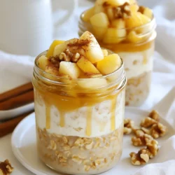 To make Maple Cinnamon Overnight Oats, gather these items: - 1 cup rolled oats - 2 cups unsweetened almond milk (or any milk of choice) - 2 tablespoons pure maple syrup - 1 teaspoon ground cinnamon - 1/2 teaspoon vanilla extract - 1/4 cup Greek yogurt (optional for creaminess) - 1/4 cup chopped nuts (walnuts or pecans) - 1/2 cup diced apples - Pinch of salt You can swap some ingredients for different options: - Use coconut milk or oat milk instead of almond milk. - Try honey or agave syrup instead of maple syrup. - You can skip the Greek yogurt for a dairy-free version. - Chopped almonds or sunflower seeds work well in place of walnuts. - Use pears or bananas if you don’t have apples. This recipe is not only tasty but also packed with nutrition. Each serving provides: - About 250-300 calories, depending on added toppings. - Good sources of fiber from oats and fruits. - Protein from Greek yogurt and nuts. - Healthy fats from nuts, making it a filling meal. These oats are a great start to your day! {{ingredient_image_1}} Start by gathering your ingredients. You need: - 1 cup rolled oats - 2 cups unsweetened almond milk (or any milk of choice) - 2 tablespoons pure maple syrup - 1 teaspoon ground cinnamon - 1/2 teaspoon vanilla extract - 1/4 cup Greek yogurt (optional for creaminess) - 1/4 cup chopped nuts (walnuts or pecans) - 1/2 cup diced apples - Pinch of salt In a medium bowl, mix the rolled oats and almond milk. Add the maple syrup, cinnamon, vanilla extract, and salt. If you want creaminess, stir in Greek yogurt until it blends well. Next, fold in the chopped nuts and diced apples. Make sure they are mixed evenly. To ensure a smooth mixture, start with the dry ingredients first. This helps avoid lumps. When adding the wet ingredients, stir gently. If you want extra creaminess, use a whisk for better results. Always taste your mixture before you pack it. Adjust sweetness by adding more maple syrup if needed. Once mixed, divide the oats into mason jars or airtight containers. Layer them nicely for a fun look. Seal the jars tightly. Place them in the fridge overnight, or at least for four hours. This waiting time helps the oats soak up the flavors. In the morning, give the oats a good stir. If they seem thick, add a splash of milk. Enjoy your oats cold or warm them slightly if you prefer! To get the best creaminess in your oats, use Greek yogurt. It adds a thick texture. Mix it well with your oats and milk. If you want a lighter feel, skip the yogurt. You can add more almond milk, too. This will keep your oats soft and smooth. For a richer taste, try full-fat milk. Maple syrup and cinnamon shine in this recipe. You can add more flavors, too. Try nutmeg for warmth. A splash of vanilla extract adds sweetness. You can also mix in cocoa powder for a chocolate twist. Fresh fruits, like berries, will boost flavor. Experiment and find your favorite blend! Serve your overnight oats in jars for a pretty look. Top with extra apples and nuts. A sprinkle of cinnamon or a drizzle of maple syrup makes it special. If you're in a rush, grab a jar and go! You can also enjoy them warm; just heat them briefly. Add a dollop of yogurt on top for a creamy finish. Pro Tips Use Steel-Cut Oats for a Chewy Texture: Steel-cut oats will give you a heartier texture compared to rolled oats, perfect for those who enjoy a bite in their breakfast. Customize Your Sweetness: Adjust the amount of maple syrup based on your taste preference; you can also substitute with honey or agave syrup for a different flavor. Add More Flavor with Spices: Experiment with spices like nutmeg or ginger to elevate the flavor profile of your overnight oats. Make It a Meal Prep Star: Double or triple the recipe to have healthy breakfasts ready for the week; just store them in individual containers for easy grab-and-go options. {{image_2}} You can change up the flavor of your oats easily. Try adding fresh berries instead of apples. Blueberries, strawberries, and raspberries all work well. You can also swap maple syrup for honey or agave syrup. For a tropical twist, add chopped pineapple or mango. If you love chocolate, mix in cocoa powder or chocolate chips. Each option gives your oats a new taste! This recipe is easy to adjust for different diets. To make it vegan, just skip the Greek yogurt or use a plant-based yogurt. Use almond milk or any nut milk. For gluten-free oats, simply check that your rolled oats are certified gluten-free. This way, everyone can enjoy the meal. You can customize your oats with different ingredients. Instead of nuts, you can use seeds like chia or flaxseed. These add healthy fats and fiber. Swap out the apples for ripe bananas or pears for sweet flavor. You can also try different spices, like nutmeg or cardamom, to change the taste. The options are endless, so have fun experimenting! To store your maple cinnamon overnight oats, place them in airtight containers. Glass mason jars work great. You can also use plastic containers if you prefer. Make sure the lids fit tightly, so no air gets in. This keeps your oats fresh and tasty. You can keep your overnight oats in the fridge for up to five days. After that, the oats may lose their good taste and texture. If you see any signs of spoilage, like a weird smell or change in color, toss them out. Always trust your senses! You can enjoy your oats cold, straight from the fridge. If you want them warm, heat them gently in the microwave. Add a splash of almond milk to keep them creamy. Heat for about 30 seconds, then stir and check the warmth. Adjust as needed. Top your oats with fresh apples or a dash of cinnamon for extra flavor! Yes, you can make overnight oats without yogurt. The oats still absorb the milk well. Skipping yogurt will make the oats less creamy, but they will still taste great. You can add more almond milk instead. This keeps the mix moist and delicious. Overnight oats last about 4 to 5 days in the fridge. Make sure they are in a sealed jar. This keeps them fresh and tasty. If you notice a change in smell or texture, it’s best to toss them out. Yes, you can easily modify the recipe for a larger batch. Just double or triple the ingredients. Use a big bowl to mix everything well. Then, divide the mix into jars. This way, you have more servings ready for the week. You can add many toppings to your overnight oats. Some great options include: - Fresh berries (strawberries, blueberries, or raspberries) - Sliced bananas - A drizzle of nut butter (like almond or peanut) - Shredded coconut - Seeds (like chia or flaxseeds) - A sprinkle of granola Feel free to mix and match to find your favorite combo! We explored how to make delicious overnight oats from start to finish. You learned about key ingredients, substitutions, and nutritional info. Step-by-step instructions showed you how to prepare and store your oats for the best results. Tips and tricks helped you enhance flavors and achieve creaminess. Variations offered ideas for different diets and tastes. Finally, storage info ensured your oats stay fresh. Enjoy creating your perfect overnight oats! Embrace your creativity and have fun experimenting.