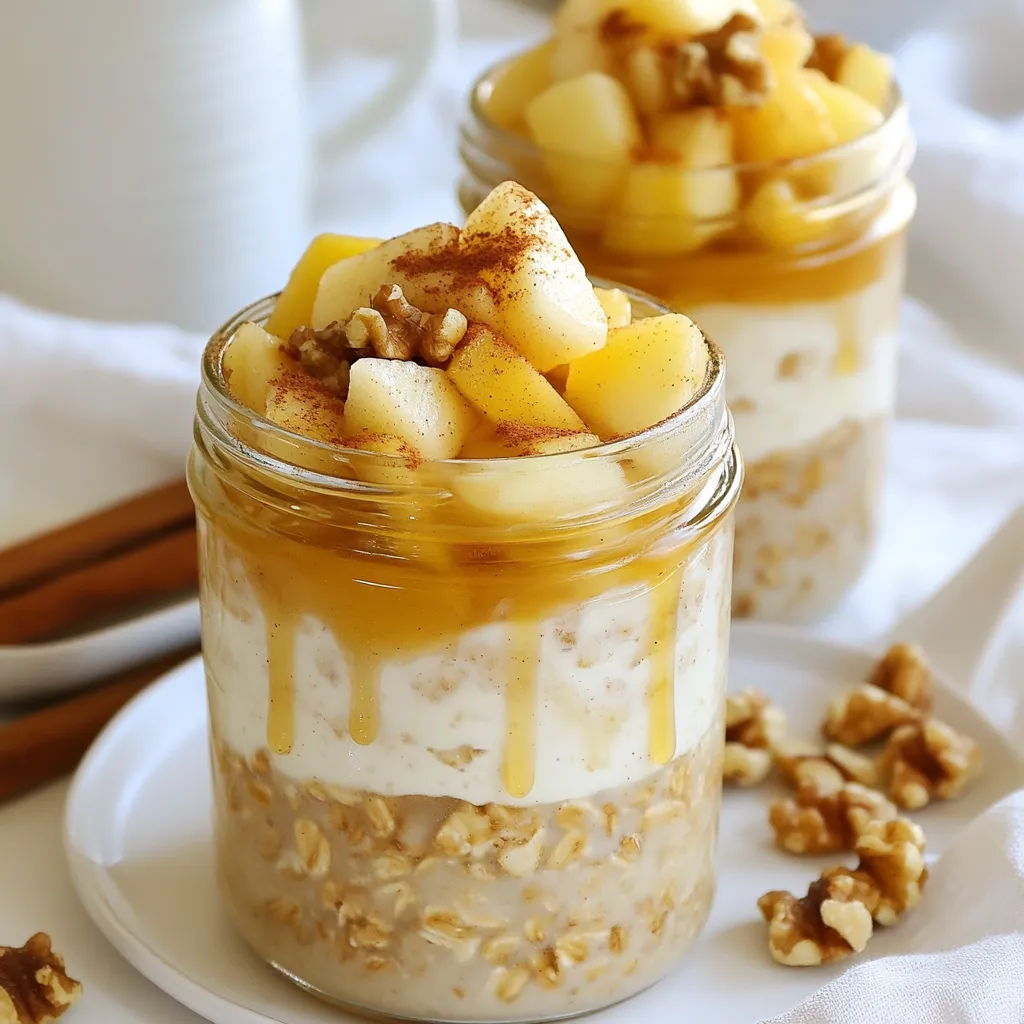 To make Maple Cinnamon Overnight Oats, gather these items: - 1 cup rolled oats - 2 cups unsweetened almond milk (or any milk of choice) - 2 tablespoons pure maple syrup - 1 teaspoon ground cinnamon - 1/2 teaspoon vanilla extract - 1/4 cup Greek yogurt (optional for creaminess) - 1/4 cup chopped nuts (walnuts or pecans) - 1/2 cup diced apples - Pinch of salt You can swap some ingredients for different options: - Use coconut milk or oat milk instead of almond milk. - Try honey or agave syrup instead of maple syrup. - You can skip the Greek yogurt for a dairy-free version. - Chopped almonds or sunflower seeds work well in place of walnuts. - Use pears or bananas if you don’t have apples. This recipe is not only tasty but also packed with nutrition. Each serving provides: - About 250-300 calories, depending on added toppings. - Good sources of fiber from oats and fruits. - Protein from Greek yogurt and nuts. - Healthy fats from nuts, making it a filling meal. These oats are a great start to your day! {{ingredient_image_1}} Start by gathering your ingredients. You need: - 1 cup rolled oats - 2 cups unsweetened almond milk (or any milk of choice) - 2 tablespoons pure maple syrup - 1 teaspoon ground cinnamon - 1/2 teaspoon vanilla extract - 1/4 cup Greek yogurt (optional for creaminess) - 1/4 cup chopped nuts (walnuts or pecans) - 1/2 cup diced apples - Pinch of salt In a medium bowl, mix the rolled oats and almond milk. Add the maple syrup, cinnamon, vanilla extract, and salt. If you want creaminess, stir in Greek yogurt until it blends well. Next, fold in the chopped nuts and diced apples. Make sure they are mixed evenly. To ensure a smooth mixture, start with the dry ingredients first. This helps avoid lumps. When adding the wet ingredients, stir gently. If you want extra creaminess, use a whisk for better results. Always taste your mixture before you pack it. Adjust sweetness by adding more maple syrup if needed. Once mixed, divide the oats into mason jars or airtight containers. Layer them nicely for a fun look. Seal the jars tightly. Place them in the fridge overnight, or at least for four hours. This waiting time helps the oats soak up the flavors. In the morning, give the oats a good stir. If they seem thick, add a splash of milk. Enjoy your oats cold or warm them slightly if you prefer! To get the best creaminess in your oats, use Greek yogurt. It adds a thick texture. Mix it well with your oats and milk. If you want a lighter feel, skip the yogurt. You can add more almond milk, too. This will keep your oats soft and smooth. For a richer taste, try full-fat milk. Maple syrup and cinnamon shine in this recipe. You can add more flavors, too. Try nutmeg for warmth. A splash of vanilla extract adds sweetness. You can also mix in cocoa powder for a chocolate twist. Fresh fruits, like berries, will boost flavor. Experiment and find your favorite blend! Serve your overnight oats in jars for a pretty look. Top with extra apples and nuts. A sprinkle of cinnamon or a drizzle of maple syrup makes it special. If you're in a rush, grab a jar and go! You can also enjoy them warm; just heat them briefly. Add a dollop of yogurt on top for a creamy finish. Pro Tips Use Steel-Cut Oats for a Chewy Texture: Steel-cut oats will give you a heartier texture compared to rolled oats, perfect for those who enjoy a bite in their breakfast. Customize Your Sweetness: Adjust the amount of maple syrup based on your taste preference; you can also substitute with honey or agave syrup for a different flavor. Add More Flavor with Spices: Experiment with spices like nutmeg or ginger to elevate the flavor profile of your overnight oats. Make It a Meal Prep Star: Double or triple the recipe to have healthy breakfasts ready for the week; just store them in individual containers for easy grab-and-go options. {{image_2}} You can change up the flavor of your oats easily. Try adding fresh berries instead of apples. Blueberries, strawberries, and raspberries all work well. You can also swap maple syrup for honey or agave syrup. For a tropical twist, add chopped pineapple or mango. If you love chocolate, mix in cocoa powder or chocolate chips. Each option gives your oats a new taste! This recipe is easy to adjust for different diets. To make it vegan, just skip the Greek yogurt or use a plant-based yogurt. Use almond milk or any nut milk. For gluten-free oats, simply check that your rolled oats are certified gluten-free. This way, everyone can enjoy the meal. You can customize your oats with different ingredients. Instead of nuts, you can use seeds like chia or flaxseed. These add healthy fats and fiber. Swap out the apples for ripe bananas or pears for sweet flavor. You can also try different spices, like nutmeg or cardamom, to change the taste. The options are endless, so have fun experimenting! To store your maple cinnamon overnight oats, place them in airtight containers. Glass mason jars work great. You can also use plastic containers if you prefer. Make sure the lids fit tightly, so no air gets in. This keeps your oats fresh and tasty. You can keep your overnight oats in the fridge for up to five days. After that, the oats may lose their good taste and texture. If you see any signs of spoilage, like a weird smell or change in color, toss them out. Always trust your senses! You can enjoy your oats cold, straight from the fridge. If you want them warm, heat them gently in the microwave. Add a splash of almond milk to keep them creamy. Heat for about 30 seconds, then stir and check the warmth. Adjust as needed. Top your oats with fresh apples or a dash of cinnamon for extra flavor! Yes, you can make overnight oats without yogurt. The oats still absorb the milk well. Skipping yogurt will make the oats less creamy, but they will still taste great. You can add more almond milk instead. This keeps the mix moist and delicious. Overnight oats last about 4 to 5 days in the fridge. Make sure they are in a sealed jar. This keeps them fresh and tasty. If you notice a change in smell or texture, it’s best to toss them out. Yes, you can easily modify the recipe for a larger batch. Just double or triple the ingredients. Use a big bowl to mix everything well. Then, divide the mix into jars. This way, you have more servings ready for the week. You can add many toppings to your overnight oats. Some great options include: - Fresh berries (strawberries, blueberries, or raspberries) - Sliced bananas - A drizzle of nut butter (like almond or peanut) - Shredded coconut - Seeds (like chia or flaxseeds) - A sprinkle of granola Feel free to mix and match to find your favorite combo! We explored how to make delicious overnight oats from start to finish. You learned about key ingredients, substitutions, and nutritional info. Step-by-step instructions showed you how to prepare and store your oats for the best results. Tips and tricks helped you enhance flavors and achieve creaminess. Variations offered ideas for different diets and tastes. Finally, storage info ensured your oats stay fresh. Enjoy creating your perfect overnight oats! Embrace your creativity and have fun experimenting.