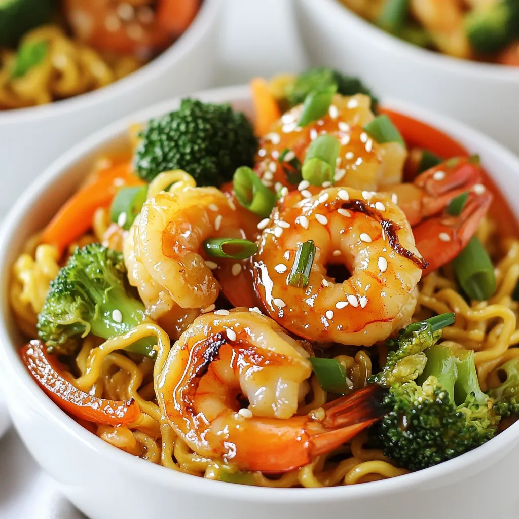 To make Spicy Shrimp Ramen Stir Fry, gather the following: - 200g ramen noodles - 300g shrimp, peeled and deveined - 1 tablespoon soy sauce - 1 tablespoon sriracha or chili paste - 1 tablespoon sesame oil - 2 cloves garlic, minced - 1 inch ginger, grated - 1 bell pepper, sliced (any color) - 1 cup broccoli florets - 2 green onions, chopped - 2 tablespoons sesame seeds - Salt and pepper to taste Each ingredient adds flavor and texture to the dish. Ramen noodles are the base, while shrimp provides protein. The vegetables add color and crunch. You can use fresh or frozen shrimp for this recipe. Fresh shrimp usually tastes better, but frozen works well too. If using frozen shrimp, thaw them before cooking. For vegetables, fresh bell peppers and broccoli are best. However, frozen options are great in a pinch. They save time and reduce waste. If you lack an ingredient, don't worry. You can swap some items easily. Here are a few ideas: - Shrimp: Try chicken or tofu for a different protein. - Soy Sauce: Tamari or coconut aminos can work as gluten-free options. - Sriracha or Chili Paste: Hot sauce or red pepper flakes can replace these. - Broccoli: Green beans or snap peas can add crunch and color. These substitutions keep the spirit of the dish while catering to your needs. Always taste as you go and adjust the flavors to your liking! {{ingredient_image_1}} To make spicy shrimp ramen stir fry, you follow simple steps. First, cook the ramen noodles. Next, sauté garlic and ginger in sesame oil. Then, add shrimp and vegetables. Finally, mix in the cooked noodles with sauce. This dish cooks quickly and tastes amazing. 1. Boil water and cook 200g of ramen noodles. Follow the package instructions. Once cooked, drain and set aside. Drizzle a little sesame oil to keep them from sticking. 2. Heat 1 tablespoon of sesame oil in a large skillet or wok over medium-high heat. 3. Add 2 cloves of minced garlic and 1 inch of grated ginger. Sauté for about 30 seconds until it smells great. 4. Toss in 300g of peeled and deveined shrimp. Cook for 2-3 minutes until they turn a nice pink color. 5. Now, add 1 sliced bell pepper and 1 cup of broccoli florets. Stir-fry for 3-4 minutes until the veggies are tender but still crisp. 6. Add your cooked ramen noodles to the skillet. Pour in 1 tablespoon of soy sauce and 1 tablespoon of sriracha or chili paste. Toss everything well so the noodles get coated. 7. Season with salt and pepper to taste. Adjust the spice if you want it hotter. 8. Remove from heat. Sprinkle 2 tablespoons of sesame seeds and 2 chopped green onions on top before serving. - Make sure not to overcook the shrimp. They should be just pink and firm. - Keep the veggies crisp for a nice texture. - Use fresh ingredients for the best flavor. - Taste your stir fry before serving. Adjust the seasoning as you like. To make your Spicy Shrimp Ramen Stir Fry burst with flavor, focus on the basics. Start with fresh garlic and ginger. These two ingredients bring warmth and depth. Use high-quality soy sauce for a rich umami taste. If you like heat, adjust the sriracha to your liking. You can also add a bit of lime juice for brightness. This adds a fresh twist to the dish. Presentation matters, even for simple meals. Serve your stir fry in deep bowls. This keeps the noodles and toppings neat. Garnish with extra green onions and a sprinkle of sesame seeds. You can also add chili flakes for a pop of color and heat. A wedge of lime on the side makes it look vibrant and fresh. This small touch can impress your guests. Having the right tools makes cooking easier. Use a large skillet or wok for even cooking. A spatula helps you toss the ingredients well. A sharp knife is key for slicing bell peppers and green onions. Cook your ramen noodles in a pot; a colander will help drain them. Lastly, a measuring spoon is handy for precise amounts of soy sauce and sriracha. With these tools, your cooking experience will be smooth and fun. Pro Tips Perfectly Cooked Shrimp: Keep an eye on the shrimp while cooking; they are done when they turn pink and opaque. Overcooking can make them rubbery. Vegetable Crunch: To maintain the crispiness of the vegetables, cook them just until tender but still vibrant in color. Noodle Coating: Adding a little sesame oil to the cooked noodles prevents them from sticking together and enhances flavor. Heat Adjustment: Feel free to adjust the amount of sriracha or chili paste according to your spice preference. You can always add more but can’t take it out! {{image_2}} You can swap shrimp for chicken or tofu. If using chicken, cut it into small pieces. Cook it in the skillet until it is no longer pink. For tofu, press it to remove extra water, then cube it. Cook the tofu until it's golden brown. This adds a new texture and taste to the dish. Feel free to add or change veggies based on what you have. Carrots, snap peas, or spinach work great. You can even toss in mushrooms for an earthy flavor. Just remember to cut them into small pieces. Cook them until they are tender but still crisp to keep that fresh taste. You can change the heat to match your taste. If you love spice, add more sriracha or chili paste. For a milder dish, cut back on the spicy sauce. You can also add a splash of lime juice for a zesty kick. Always taste as you go, and adjust the spice to what you enjoy. Store any leftover spicy shrimp ramen stir fry in an airtight container. This helps keep it fresh. Place it in the fridge within two hours of cooking. You can enjoy it for up to three days. Make sure to cool it down a bit before putting it in the fridge. This step helps keep your leftovers tasty. To reheat your stir fry, use a skillet or microwave. If using a skillet, add a splash of water and heat on medium until warm. This keeps the noodles from getting dry. If you use the microwave, cover the bowl with a lid. Heat in one-minute intervals. Stir between each interval until it's hot. You can freeze the stir fry for later meals. Allow it to cool down completely first. Then, transfer it to a freezer-safe container or bag. Make sure to remove as much air as possible. You can freeze it for up to three months. When ready to eat, thaw it overnight in the fridge before reheating. To make this dish vegetarian, swap the shrimp for firm tofu. Use the same amount, about 300g, and cut it into cubes. Sauté the tofu until golden and crispy. This will give you a great texture. You can keep the other ingredients the same, including the ramen noodles. Add extra veggies like snap peas or carrots for more flavor and color. Yes, you can use instant ramen noodles. They cook quickly and are convenient. Just prepare them according to the package instructions. Drain and set them aside. Instant ramen works well in this stir fry. It saves time but still gives you a tasty meal. For side dishes, consider simple options like edamame or a salad. A fresh cucumber salad adds crunch and coolness. You can also serve miso soup for extra warmth. These sides balance the spice in the stir fry nicely. Consider serving some pickled vegetables for a tangy bite as well. This blog post covered all the key steps to make a great stir fry. We looked at ingredient choices, cooking methods, and storage tips. I shared ways to enhance flavors and offered variations for different tastes. With the right tools and techniques, you can achieve perfect results every time. Remember, cooking is about creativity and fun. Don't be afraid to try new things. Embrace your skills in the kitchen and enjoy every bite.