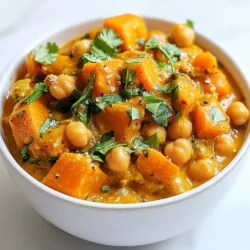 To make Vegan Sweet Potato Chickpea Curry, you need: - 2 medium sweet potatoes, peeled and cubed - 1 can (15 oz) chickpeas, drained and rinsed - 1 can (14 oz) coconut milk - 1 medium onion, chopped - 4 cloves garlic, minced - 1 inch ginger, grated - 1 tablespoon curry powder - 1 teaspoon turmeric - 1 teaspoon cumin - 1 tablespoon olive oil - 2 cups vegetable broth - 1 cup spinach (fresh or frozen) - Salt and pepper to taste - Fresh cilantro for garnish If you don’t have some ingredients, here are good swaps: - Sweet potatoes: Use butternut squash or regular potatoes. - Chickpeas: White beans or lentils work well. - Coconut milk: Almond milk or soy milk can replace it. - Spinach: Kale or any leafy green will do. These substitutes keep the dish flavorful and enjoyable. Each serving of Vegan Sweet Potato Chickpea Curry contains: - Calories: 350 - Protein: 10g - Carbohydrates: 50g - Fiber: 12g - Fat: 15g This dish offers a healthy balance of nutrients for a delightful meal. You’ll love how it satisfies your hunger while keeping it plant-based! {{ingredient_image_1}} To make this Vegan Sweet Potato Chickpea Curry, start by gathering your ingredients. You'll need sweet potatoes, chickpeas, coconut milk, onion, garlic, ginger, and spices. Having everything ready saves time. 1. Peel and cube the sweet potatoes. 2. Chop the onion and mince the garlic. 3. Grate the ginger. 4. Drain and rinse the chickpeas. 5. Measure the spices and coconut milk. Now let’s cook! This part is fun and easy. 1. In a large pot, heat 1 tablespoon of olive oil over medium heat. Add the chopped onion. Cook for about 5 minutes until soft. 2. Next, add in 4 cloves of minced garlic and 1 inch of grated ginger. Cook for 1-2 minutes until you smell the aroma. 3. Then, stir in 1 tablespoon of curry powder, 1 teaspoon of turmeric, and 1 teaspoon of cumin. Let the spices mix with the onions for 1 minute. 4. Now it’s time to add the cubed sweet potatoes and the drained chickpeas. Stir well to combine. 5. Pour in 1 can of coconut milk and 2 cups of vegetable broth. Bring the mixture to a boil. 6. Once boiling, reduce the heat to low. Cover the pot and let it simmer for 25-30 minutes. The sweet potatoes should become tender. 7. After that, stir in 1 cup of spinach and let it cook for another 5 minutes until it wilts. 8. Finally, taste your curry! Add salt and pepper as needed. To get the best texture in your curry, follow these tips: - Cut sweet potatoes into even cubes. This helps them cook evenly. - Stir gently when mixing ingredients. This keeps the sweet potatoes intact. - Simmer on low heat for the best tenderness. Too high can make them mushy. - Add spinach near the end to keep it bright and fresh. Now you’re ready to enjoy a delicious bowl of Vegan Sweet Potato Chickpea Curry! When making Vegan Sweet Potato Chickpea Curry, avoid these mistakes: - Overcooking the sweet potatoes: Tender is good, mushy is not. - Skipping the spices: They add depth. Use fresh spices for the best flavor. - Not tasting as you go: Adjust salt and pepper for balance. - Crowding the pot: This can lead to uneven cooking. Give everything space. To make this curry truly shine, try these tips: - Add a squeeze of lime juice: It brightens the dish. - Use fresh herbs: Cilantro or basil adds freshness. - Experiment with spice levels: Add chili flakes or fresh peppers if you like heat. - Stir in a dollop of nut butter: It adds richness and creaminess. Pair your curry to elevate the meal: - Serve with rice: Jasmine or basmati rice complements the curry well. - Try naan or flatbreads: They are perfect for scooping. - Add a simple salad: A fresh cucumber or tomato salad balances the dish. - Serve with yogurt or a vegan alternative: This cools down the spice. Pro Tips Prep Ahead: Chop your sweet potatoes and onions in advance to save time during cooking. Spice it Up: Adjust the amount of curry powder and spices according to your heat preference for a custom flavor. Storage Tips: This curry keeps well in the fridge for up to 4 days and can be frozen for up to 3 months. Fresh Garnish: Always add fresh cilantro just before serving to enhance the flavor and presentation of your dish. {{image_2}} You can switch up the spices to change the taste. For a warm flavor, use garam masala instead of curry powder. If you like heat, add cayenne pepper or red chili flakes. You can also try adding smoked paprika for a smoky note. Mix and match spices to find your favorite blend. Feel free to add more veggies for color and nutrients. Bell peppers add sweetness and crunch. Carrots give a nice texture and natural sugar. Peas or green beans are great for bright color. Just chop them up and toss them in during cooking. Chickpeas are great, but you can add other proteins too. Tofu is a nice choice, especially if you want something hearty. Tempeh also works well and adds a nutty flavor. If you eat eggs, a poached egg on top can be delicious. Mix in any of these options to make your curry even more filling. After enjoying your vegan sweet potato chickpea curry, store any leftovers right away. Use an airtight container to keep it fresh. Let the curry cool to room temperature first. This helps avoid condensation inside the container. You can store it in the fridge for up to four days. If you want it to last longer, consider freezing it. When you are ready to enjoy your leftovers, reheat them gently. You can use a stovetop or microwave. If using the stovetop, place the curry in a pot. Add a splash of water or vegetable broth to help it warm evenly. Heat it over medium-low heat, stirring often. If using the microwave, cover the bowl with a lid or microwave-safe plate. Heat in short bursts, stirring in between, until it is hot throughout. To freeze your vegan sweet potato chickpea curry, use freezer-safe containers. Portion the curry into smaller servings. This makes it easier to thaw only what you need. Label each container with the date. You can freeze it for up to three months. When ready to eat, thaw it overnight in the fridge before reheating. This keeps the flavors and textures intact. Yes, you can make this curry in a slow cooker. First, sauté the onion, garlic, and ginger in a pan. Then, add them to the slow cooker with the other ingredients. Cook on low for 6-8 hours or high for 3-4 hours. This method allows the flavors to blend well. Yes, this recipe is gluten-free. All the ingredients used, like sweet potatoes and chickpeas, are naturally gluten-free. Check labels on the vegetable broth and curry powder to be sure they contain no gluten. To make this curry spicier, add fresh chili peppers or red pepper flakes. You could also increase the amount of curry powder or add a dash of hot sauce. Adjust to your heat level to keep it tasty. You can serve this curry with rice or quinoa for a complete meal. Naan bread is also a great choice for dipping. A fresh salad or steamed veggies can add a nice crunch. Enjoy your meal! This blog post covered the core elements of making Vegan Sweet Potato Chickpea Curry. We discussed the key ingredients needed and tasty substitutes. I provided detailed cooking steps and tips to get the best texture. You learned about common mistakes and ways to boost flavor. Remember to explore different spice mixes and vegetable options to make this dish your own. Proper storage and reheating will ensure leftovers stay fresh. With these insights, you're ready to create a delicious curry that anyone can enjoy!