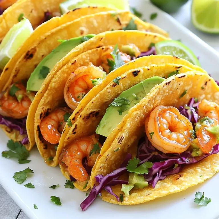 To make Honey Lime Shrimp Tacos, gather these fresh ingredients: - 1 lb shrimp, peeled and deveined - 2 tablespoons honey - 2 tablespoons lime juice (freshly squeezed) - 1 tablespoon olive oil - 1 teaspoon chili powder - 1/2 teaspoon cumin - Salt and pepper to taste - 8 small corn tortillas - 1 cup shredded red cabbage - 1 avocado, sliced - Fresh cilantro, for garnish - Lime wedges, for serving These ingredients work together to create a bright and zesty flavor in each taco. If you need to swap out some items, here are a few ideas: - Use shrimp alternatives like chicken or tofu for a different protein. - Agave syrup can replace honey for a vegan option. - Lemon juice can substitute for lime juice if limes are not available. - Use vegetable oil instead of olive oil if you prefer. - For spice, try paprika instead of chili powder. These swaps still keep the dish tasty while catering to your needs. Garnishes make your tacos pop! Here are some great choices: - Fresh cilantro adds a nice touch and herbal flavor. - Sliced jalapeños give a spicy kick. - Crumbled queso fresco adds creaminess. - A drizzle of sour cream or yogurt enhances the richness. - Extra lime wedges let you squeeze more zest on top. These garnishes not only look good but also boost the taste of your tacos. Enjoy creating your perfect plate! {{ingredient_image_1}} To start, gather a medium bowl. In this bowl, mix together honey, lime juice, olive oil, chili powder, cumin, salt, and pepper. Whisk these ingredients until they are well combined. This marinade will give the shrimp a sweet and tangy flavor. It’s simple, but it makes a big difference in taste. Next, take your shrimp and add them to the bowl with the marinade. Toss the shrimp gently to coat them evenly. This step is important as it lets the shrimp soak up all the flavors. Let the shrimp marinate for 15 to 20 minutes. This short wait helps the flavors meld together nicely. Now it's time to cook the shrimp. Heat a large skillet over medium-high heat. Once hot, add the marinated shrimp to the skillet. Cook for about 2 to 3 minutes on each side. The shrimp should turn pink and be cooked through. This quick cooking keeps them juicy and tender. While they cook, don't forget to warm your corn tortillas in a separate skillet for about 30 seconds on each side. This makes them soft and ready to hold all the tasty fillings. Start by warming the corn tortillas. Heat a skillet over low heat. Place one tortilla in the pan. Warm it for about 30 seconds. Flip it and warm the other side for another 30 seconds. This makes the tortillas soft and easy to fold. Repeat with the rest of the tortillas. Keep them warm in a clean kitchen towel. Now comes the fun part—layering! Take a warm tortilla and place it on your plate. Add a few cooked shrimp in the center. The shrimp should be pink and juicy. Next, add some shredded red cabbage for crunch. Then, layer on slices of fresh avocado for creaminess. Finish with a sprinkle of fresh cilantro for a pop of flavor. Serve the tacos with lime wedges on the side. Squeezing lime juice over the tacos adds a zesty kick. You can also add extra cilantro on top for color. For a special touch, arrange the tacos on a large platter. This makes it easy for everyone to grab their own. Enjoy these tacos with friends or family for a fun meal! Pro Tips Perfectly Cooked Shrimp: Avoid overcooking the shrimp; they should be pink and opaque when done, about 2-3 minutes per side. Marination Time: Allow the shrimp to marinate for at least 15-20 minutes to enhance the flavor, but not too long as it can affect the texture. Warm Tortillas: Warming the corn tortillas makes them more pliable and enhances their flavor. Use a dry skillet for best results. Fresh Ingredients: Use fresh lime juice and high-quality honey for the best flavor in your shrimp tacos. {{image_2}} To cook shrimp just right, start with fresh shrimp. Look for shrimp that smell clean and ocean-like. Use a large skillet on medium-high heat. Add the marinated shrimp to the hot skillet. Cook for 2-3 minutes on each side. You want them to be pink and opaque. Avoid overcooking, as this can make them tough. Trust me, you want them tender and juicy. When you assemble your tacos, warmth is key. Warm the corn tortillas in a skillet for 30 seconds each side. This makes them soft and easy to fold. Place a few shrimp in the center of each tortilla. Don't overload it; you want to be able to fold it. Top with shredded red cabbage for crunch and color. Add avocado slices for creaminess. Finish with fresh cilantro for a pop of flavor. Honey lime shrimp tacos are tasty on their own. However, you can enhance the flavor with sides. Try adding a mango salsa for a sweet touch. A zesty lime crema can also add creaminess. If you want heat, add sliced jalapeños or hot sauce. Pair your tacos with a fresh salad or corn salad for balance. Each bite will burst with flavor and freshness! You can swap shrimp with other proteins for a tasty twist. Chicken works well. Use boneless thighs or breasts, marinated like shrimp. Fish is another great choice. Try firm white fish like cod or tilapia. Tofu is a good option for vegetarians. Just marinate and grill it as you would the shrimp. Toppings can change the flavor of your tacos. Shredded carrots add crunch and color. Diced tomatoes bring freshness. You can also use jalapeños for a kick. For a creamy touch, add a dollop of sour cream or yogurt. Try mango salsa for a sweet contrast. Avocado is a must for creaminess, but you can add more varieties too. To make spicy tacos, add chili flakes to the marinade. You can also use spicy salsa on top. If you prefer less heat, skip the chili powder. Lime juice adds brightness without spiciness. Use sweet corn or even roasted bell peppers for a mild taste. Your taco night can be as spicy or mild as you want. Use large shrimp, like 21/25 count. They cook fast and stay juicy. Look for shrimp that is fresh or frozen. If frozen, thaw it before cooking. Fresh shrimp gives the best flavor and texture. I prefer using wild-caught shrimp for its taste and sustainability. Yes, you can prepare the shrimp ahead. Marinate it for up to 30 minutes. You can also cook the shrimp and store it in the fridge. Just reheat it gently before serving. The tortillas, however, are best when warm. You can warm them up right before serving for the best taste. Store leftovers in an airtight container. Place the shrimp and toppings separately. This keeps the tortillas from getting soggy. The shrimp will stay fresh for up to two days. Reheat the shrimp in a skillet for a quick meal. Enjoy your tasty tacos again! In this article, we examined how to make delicious Honey Lime Shrimp Tacos. We covered the ingredients you need, how to prepare the shrimp, and tips for a perfect assembly. I shared easy swaps for ingredients and ideas for garnishes. Remember, you can vary the recipe with different proteins and toppings. Making these tacos is simple and gives great flavor. You can enjoy an exciting meal with little effort and showcase your cooking skills. Now you can impress your friends or family with these tasty tacos!