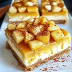 To make caramel apple cheesecake bars, you need a mix of tasty ingredients. Here is what you need: - 1 ½ cups graham cracker crumbs - ½ cup unsalted butter, melted - 2 cups cream cheese, softened - 1 cup granulated sugar - 1 teaspoon vanilla extract - 2 large eggs - 2 cups fresh apples, peeled and diced - 1 teaspoon cinnamon - ¼ teaspoon nutmeg - ½ cup caramel sauce Each ingredient plays a key role. The graham cracker crumbs form a crunchy base. The melted butter holds it all together. Cream cheese gives the bars their rich and creamy texture. Granulated sugar adds sweetness, while vanilla extract enhances the flavor. Eggs help bind everything, ensuring a smooth mixture. Fresh apples bring a burst of flavor and crunch. Cinnamon and nutmeg add warmth and spice, making each bite feel cozy. Finally, a drizzle of caramel sauce tops it off, giving a sweet finish. Choose the best apples, like Granny Smith or Honeycrisp. They add a nice tartness that complements the sweetness of the cheesecake. With these ingredients, you will create a delightful treat that is sure to impress. {{ingredient_image_1}} First, preheat your oven to 350°F (175°C). This helps the bars bake evenly. Line a 9x9 inch baking pan with parchment paper. Leave some paper hanging over the edges. This makes it easy to remove the bars later. In a mixing bowl, combine 1 ½ cups of graham cracker crumbs with ½ cup of melted butter. Mix well until all crumbs are coated. Press this mixture firmly into the bottom of your pan. This creates a nice, even crust. Bake it for 10 minutes. After baking, let it cool slightly. In another large bowl, beat 2 cups of softened cream cheese until smooth. Add 1 cup of granulated sugar and 1 teaspoon of vanilla extract. Keep mixing until the mixture is fluffy. Then, add 2 large eggs one by one. Make sure to mix well after each egg. The goal is a creamy, lump-free filling. Next, fold in 2 cups of peeled and diced apples. You can use Granny Smith or Honeycrisp apples. Add 1 teaspoon of cinnamon and ¼ teaspoon of nutmeg. Mix until all ingredients are evenly spread throughout the filling. Now, pour the cheesecake mixture over your cooled crust. Use a spatula to smooth it out evenly. This helps the bars bake nicely. Take ½ cup of caramel sauce and drizzle it over the top of the filling. You can use a spoon or a piping bag for more control. To create a marbled look, use a toothpick or a knife to swirl the caramel into the cheesecake. Place the pan in your preheated oven. Bake for 35-40 minutes. The edges should be set, and the center will have a slight jiggle. Once baked, remove the pan from the oven. Let it cool at room temperature for about 30 minutes. After that, refrigerate it for at least 4 hours, or overnight. This helps the bars set properly. After chilling, lift the bars out of the pan using the parchment paper. Cut them into squares or rectangles. If you like, drizzle some extra caramel sauce on top for added sweetness. Enjoy your delicious caramel apple cheesecake bars! For the best flavor, choose apples that are crisp and tart. I recommend using Granny Smith or Honeycrisp apples. Granny Smith apples add a nice zing, while Honeycrisp apples bring sweetness. Both types hold their shape well when baked, which keeps your bars from becoming mushy. To make your cheesecake bars smooth and creamy, start with softened cream cheese. This helps blend the mixture without lumps. Beat the cream cheese until smooth before adding sugar and eggs. Mix each egg in well before adding the next. Folding in the apples gently keeps them intact, which adds a great texture to each bite. For a beautiful presentation, slice the bars into small squares. Serve each bar on a plate with a drizzle of caramel. A sprinkle of cinnamon on top adds a nice touch. You can also add a slice of apple on the side for color and flair. This will impress your guests and make the bars even more inviting. Pro Tips Choose the Right Apples: Opt for tart apples like Granny Smith or Honeycrisp to balance the sweetness of the caramel and cheesecake. Soften Cream Cheese Properly: Allow the cream cheese to reach room temperature for a smoother filling without lumps. Cool Before Chilling: Let the cheesecake cool at room temperature to prevent condensation in the fridge, which can make the bars soggy. Swirl for Presentation: Use a toothpick to create beautiful swirls with the caramel; this adds visual appeal and enhances flavor distribution. {{image_2}} You can change up the flavor of these cheesecake bars by adding different ingredients. Try mixing in chocolate chips for a sweet twist. You can also add chopped nuts like pecans or walnuts for a crunchy texture. For a fun surprise, fold in some caramel bits with the apples. This makes every bite extra special. If you need a gluten-free version, swap the graham cracker crumbs for gluten-free crumbs. Many brands offer great options that taste just as good. Make sure to check that your caramel sauce is gluten-free, too. This way, everyone can enjoy these tasty bars. To make these bars vegan, use a vegan cream cheese. There are many brands that work well. Instead of eggs, you can use flax eggs or applesauce. Just mix one tablespoon of ground flaxseed with three tablespoons of water for each egg. This change keeps the bars creamy and delicious without any animal products. To keep your caramel apple cheesecake bars fresh, place them in an airtight container. You can store them in the fridge for up to five days. If you want to keep them longer, freezing is a great option. To freeze these bars, first, let them cool completely. Then, cut them into squares. Wrap each square in plastic wrap, then place them in a freezer bag. They can stay in the freezer for up to three months. When you're ready to enjoy them, simply thaw in the fridge overnight. For the best taste, serve the bars chilled. You can reheat them slightly in the microwave for a few seconds if you prefer them warm. Drizzle with extra caramel sauce and add a sprinkle of cinnamon for a delightful touch. Enjoy! Caramel apple cheesecake bars last about 5 days when stored in the fridge. To keep them fresh, wrap them tightly in plastic wrap or place them in an airtight container. This helps prevent them from drying out. If you want to enjoy them longer, consider freezing them! Yes, you can use other fruits! Pears, peaches, or berries can add a fun twist. Just make sure to adjust the spices to match the fruit's flavor. For example, peaches might pair well with a bit of ginger. The key is to keep the fruit fresh and diced small for even distribution. Absolutely! You can make these bars a day in advance. Just prepare them fully and chill them in the fridge. They will taste even better after sitting overnight. This option is great for parties or gatherings, as it saves you time on the day of the event. If you need a substitute for cream cheese, use ricotta cheese or Greek yogurt. Both options give a creamy texture. You can also try vegan cream cheese if you prefer a dairy-free version. Just ensure that you adjust the sweetness if needed. This blog post covered how to create delicious caramel apple cheesecake bars. We explored the ingredients, step-by-step instructions, and tips for a perfect treat. I shared variations and storage methods to keep your bars fresh. By following these steps, you can enjoy these tasty bars with friends or family. Remember, experimenting with flavors and fruits makes it fun! Enjoy your baking adventure and savor each bite.