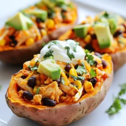 - 4 medium sweet potatoes - 2 cups cooked chicken, shredded - 1 chipotle pepper in adobo sauce, minced - 1 teaspoon adobo sauce (from the chipotle can) - 1 teaspoon ground cumin - 1 teaspoon smoked paprika - 1 cup black beans, drained and rinsed - 1 cup corn (canned or frozen) - 1 cup shredded cheddar cheese - 1/2 cup Greek yogurt or sour cream - 1 avocado, diced - Salt and pepper to taste - Chopped cilantro for garnish For sweet potatoes, I suggest using organic ones for better taste. For chicken, any cooked variety works well. You can use rotisserie chicken for ease. If you want less heat, skip the chipotle or use less adobo sauce. For cheese, any sharp cheddar will fit, but Monterey Jack adds a nice twist. Greek yogurt is great, but sour cream is just as good. If you want to go dairy-free, use cashew cream instead. Each serving of these stuffed sweet potatoes is packed with nutrients. You get around: - Calories: 450 - Protein: 30 grams - Carbohydrates: 55 grams - Fat: 15 grams - Fiber: 10 grams These sweet potatoes give you a good mix of protein, carbs, and healthy fats. They’re a filling meal that tastes great too! {{ingredient_image_1}} Start by preheating your oven to 400°F (200°C). Next, wash the sweet potatoes well. Use a fork to poke holes in them. This helps steam escape while they roast. Place the potatoes on a baking sheet and roast for 45 to 50 minutes. They are done when a fork goes in easily. While the sweet potatoes roast, grab a large bowl. In this bowl, mix the shredded chicken, minced chipotle pepper, and adobo sauce. Add ground cumin and smoked paprika for flavor. Toss in the black beans and corn. Make sure everything is well mixed. Taste your mixture and add salt and pepper as needed. Once the sweet potatoes cool a bit, cut a slit on top of each. Carefully scoop out some flesh to make a pocket. Mix this flesh into your chicken mix. Spoon the chipotle chicken mixture back into each potato, packing it in well. Sprinkle shredded cheddar cheese on top. Now, return them to the oven for 10 to 15 minutes. You want the cheese to melt and bubble. After baking, let them cool for a few minutes. Top each potato with Greek yogurt or sour cream, diced avocado, and chopped cilantro. Enjoy this tasty meal! To get the best sweet potatoes, wash them well. This removes dirt and helps them roast evenly. Use a fork to stab each potato several times. This lets steam escape and keeps them from bursting. Roast them at 400°F for 45-50 minutes. Check for doneness by poking them with a fork. They should feel soft inside. You can change the spice level to suit your taste. For a milder dish, skip the chipotle pepper. Use just the adobo sauce for a touch of flavor. If you like heat, add more chipotle or even some cayenne pepper. Mix in some lime juice for a fresh zing. Taste as you go to find your perfect balance. Presentation matters! Serve the stuffed sweet potatoes on a colorful platter. Top each one with a dollop of Greek yogurt or sour cream. Add diced avocado for creaminess and chopped cilantro for a fresh look. You can also squeeze lime wedges over them for extra flavor. This makes your dish not only tasty but beautiful too. Pro Tips Use Fresh Ingredients: For the best flavor, use fresh sweet potatoes and high-quality chicken. This will enhance the overall taste of your dish. Customize Your Heat: Adjust the amount of chipotle pepper and adobo sauce to suit your spice tolerance. Start with less if you're unsure! Make Ahead: You can prepare the filling a day in advance and store it in the fridge. Just stuff the sweet potatoes and bake when ready to serve. Experiment with Toppings: Try different toppings like salsa, jalapeños, or lime juice to add even more flavor and variety to your stuffed sweet potatoes. {{image_2}} You can make this dish meat-free easily. Swap the chicken for cooked quinoa or lentils. Both add protein and texture. Use a smoky spice mix to keep that chipotle flavor. For a vegan twist, replace Greek yogurt with cashew cream or silken tofu. These creamy options keep the dish rich and tasty. Feel free to get creative with the filling. Add roasted veggies like bell peppers or zucchini for extra flavor. You can also mix in some fresh spinach or kale for more green goodness. If you love heat, consider adding jalapeños. They’ll spice things up and give a nice crunch. Cheese lovers can switch things up too. Instead of cheddar, try pepper jack for a spicy kick. Feta cheese works well for a tangy flavor, while vegan cheese is perfect for a dairy-free option. Experiment with your favorite cheese to suit your taste. Each choice will change the dish while keeping it delicious. To keep your chipotle chicken stuffed sweet potatoes fresh, let them cool first. Then, place them in an airtight container. Storing them in the fridge works best. They will stay good for about three to four days. If you plan to eat them later, be sure to separate the toppings like yogurt and avocado. This helps keep everything fresh and tasty. When you're ready to enjoy your leftovers, the oven is the best method. Preheat your oven to 350°F (175°C). Place the stuffed sweet potatoes on a baking sheet and cover them with foil. Heat for about 15-20 minutes or until they are warm in the middle. You can also microwave them. Just place a potato on a plate and heat for 2-3 minutes. Check to see if it’s hot. If not, heat for another minute. If you want to freeze your stuffed sweet potatoes, do it before adding the toppings. Wrap each potato in plastic wrap, then place them in a freezer bag. They will keep well for up to three months. To thaw, move them to the fridge overnight before reheating. Avoid refreezing once they are thawed. This way, your meal will taste fresh and delicious each time you enjoy it! Yes, you can use regular potatoes. They will taste different. Regular potatoes are starchier and less sweet. You may need to adjust the cooking time. Cook them until they are soft. The filling will still work well with regular potatoes. You can use sour cream instead of Greek yogurt. It adds creaminess too. If you want a lighter option, use plain unsweetened yogurt. You can also try avocado for a creamy texture. Just mash the avocado and mix it in. To make this recipe dairy-free, skip the cheese and yogurt. Use dairy-free cheese or skip it entirely. For the sauce, use a non-dairy yogurt like almond or coconut yogurt. These options keep the meal tasty and satisfying. In this post, we explored how to make stuffed sweet potatoes. You learned about key ingredients, step-by-step instructions, and helpful tips. We discussed variations and storage tips, making this meal versatile and fun. In closing, stuffed sweet potatoes can be a tasty and healthy choice. You can easily customize them to suit your taste and needs. Enjoy experimenting with flavors and make this dish your own!