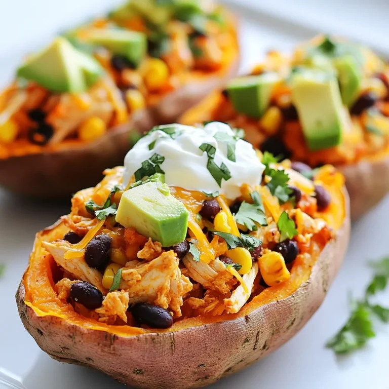 - 4 medium sweet potatoes - 2 cups cooked chicken, shredded - 1 chipotle pepper in adobo sauce, minced - 1 teaspoon adobo sauce (from the chipotle can) - 1 teaspoon ground cumin - 1 teaspoon smoked paprika - 1 cup black beans, drained and rinsed - 1 cup corn (canned or frozen) - 1 cup shredded cheddar cheese - 1/2 cup Greek yogurt or sour cream - 1 avocado, diced - Salt and pepper to taste - Chopped cilantro for garnish For sweet potatoes, I suggest using organic ones for better taste. For chicken, any cooked variety works well. You can use rotisserie chicken for ease. If you want less heat, skip the chipotle or use less adobo sauce. For cheese, any sharp cheddar will fit, but Monterey Jack adds a nice twist. Greek yogurt is great, but sour cream is just as good. If you want to go dairy-free, use cashew cream instead. Each serving of these stuffed sweet potatoes is packed with nutrients. You get around: - Calories: 450 - Protein: 30 grams - Carbohydrates: 55 grams - Fat: 15 grams - Fiber: 10 grams These sweet potatoes give you a good mix of protein, carbs, and healthy fats. They’re a filling meal that tastes great too! {{ingredient_image_1}} Start by preheating your oven to 400°F (200°C). Next, wash the sweet potatoes well. Use a fork to poke holes in them. This helps steam escape while they roast. Place the potatoes on a baking sheet and roast for 45 to 50 minutes. They are done when a fork goes in easily. While the sweet potatoes roast, grab a large bowl. In this bowl, mix the shredded chicken, minced chipotle pepper, and adobo sauce. Add ground cumin and smoked paprika for flavor. Toss in the black beans and corn. Make sure everything is well mixed. Taste your mixture and add salt and pepper as needed. Once the sweet potatoes cool a bit, cut a slit on top of each. Carefully scoop out some flesh to make a pocket. Mix this flesh into your chicken mix. Spoon the chipotle chicken mixture back into each potato, packing it in well. Sprinkle shredded cheddar cheese on top. Now, return them to the oven for 10 to 15 minutes. You want the cheese to melt and bubble. After baking, let them cool for a few minutes. Top each potato with Greek yogurt or sour cream, diced avocado, and chopped cilantro. Enjoy this tasty meal! To get the best sweet potatoes, wash them well. This removes dirt and helps them roast evenly. Use a fork to stab each potato several times. This lets steam escape and keeps them from bursting. Roast them at 400°F for 45-50 minutes. Check for doneness by poking them with a fork. They should feel soft inside. You can change the spice level to suit your taste. For a milder dish, skip the chipotle pepper. Use just the adobo sauce for a touch of flavor. If you like heat, add more chipotle or even some cayenne pepper. Mix in some lime juice for a fresh zing. Taste as you go to find your perfect balance. Presentation matters! Serve the stuffed sweet potatoes on a colorful platter. Top each one with a dollop of Greek yogurt or sour cream. Add diced avocado for creaminess and chopped cilantro for a fresh look. You can also squeeze lime wedges over them for extra flavor. This makes your dish not only tasty but beautiful too. Pro Tips Use Fresh Ingredients: For the best flavor, use fresh sweet potatoes and high-quality chicken. This will enhance the overall taste of your dish. Customize Your Heat: Adjust the amount of chipotle pepper and adobo sauce to suit your spice tolerance. Start with less if you're unsure! Make Ahead: You can prepare the filling a day in advance and store it in the fridge. Just stuff the sweet potatoes and bake when ready to serve. Experiment with Toppings: Try different toppings like salsa, jalapeños, or lime juice to add even more flavor and variety to your stuffed sweet potatoes. {{image_2}} You can make this dish meat-free easily. Swap the chicken for cooked quinoa or lentils. Both add protein and texture. Use a smoky spice mix to keep that chipotle flavor. For a vegan twist, replace Greek yogurt with cashew cream or silken tofu. These creamy options keep the dish rich and tasty. Feel free to get creative with the filling. Add roasted veggies like bell peppers or zucchini for extra flavor. You can also mix in some fresh spinach or kale for more green goodness. If you love heat, consider adding jalapeños. They’ll spice things up and give a nice crunch. Cheese lovers can switch things up too. Instead of cheddar, try pepper jack for a spicy kick. Feta cheese works well for a tangy flavor, while vegan cheese is perfect for a dairy-free option. Experiment with your favorite cheese to suit your taste. Each choice will change the dish while keeping it delicious. To keep your chipotle chicken stuffed sweet potatoes fresh, let them cool first. Then, place them in an airtight container. Storing them in the fridge works best. They will stay good for about three to four days. If you plan to eat them later, be sure to separate the toppings like yogurt and avocado. This helps keep everything fresh and tasty. When you're ready to enjoy your leftovers, the oven is the best method. Preheat your oven to 350°F (175°C). Place the stuffed sweet potatoes on a baking sheet and cover them with foil. Heat for about 15-20 minutes or until they are warm in the middle. You can also microwave them. Just place a potato on a plate and heat for 2-3 minutes. Check to see if it’s hot. If not, heat for another minute. If you want to freeze your stuffed sweet potatoes, do it before adding the toppings. Wrap each potato in plastic wrap, then place them in a freezer bag. They will keep well for up to three months. To thaw, move them to the fridge overnight before reheating. Avoid refreezing once they are thawed. This way, your meal will taste fresh and delicious each time you enjoy it! Yes, you can use regular potatoes. They will taste different. Regular potatoes are starchier and less sweet. You may need to adjust the cooking time. Cook them until they are soft. The filling will still work well with regular potatoes. You can use sour cream instead of Greek yogurt. It adds creaminess too. If you want a lighter option, use plain unsweetened yogurt. You can also try avocado for a creamy texture. Just mash the avocado and mix it in. To make this recipe dairy-free, skip the cheese and yogurt. Use dairy-free cheese or skip it entirely. For the sauce, use a non-dairy yogurt like almond or coconut yogurt. These options keep the meal tasty and satisfying. In this post, we explored how to make stuffed sweet potatoes. You learned about key ingredients, step-by-step instructions, and helpful tips. We discussed variations and storage tips, making this meal versatile and fun. In closing, stuffed sweet potatoes can be a tasty and healthy choice. You can easily customize them to suit your taste and needs. Enjoy experimenting with flavors and make this dish your own!