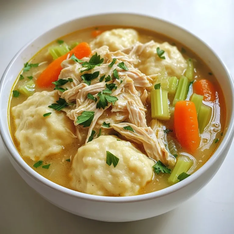 - 4 boneless, skinless chicken breasts - 3 cups low-sodium chicken broth - 1 cup carrots, sliced - 1 cup celery, sliced - 1 medium onion, diced - 1 teaspoon garlic powder - 1 teaspoon dried thyme - 1 teaspoon dried parsley - 1/2 teaspoon black pepper - 1 can (10.5 oz) cream of chicken soup - 2 cups biscuit dough (store-bought or homemade) These ingredients create the base for a warm and hearty dish. The chicken adds protein, while the broth keeps everything moist. The veggies bring in flavor and color. - Fresh parsley Garnishing with fresh parsley adds a pop of color. It also gives a fresh taste to each bowl. Making your own biscuit dough is easy. You can mix flour, baking powder, salt, butter, and milk. Here’s a quick recipe: - 2 cups all-purpose flour - 1 tablespoon baking powder - 1/2 teaspoon salt - 1/4 cup butter, cold - 3/4 cup milk Mix the dry ingredients first. Then, cut in the cold butter until it looks like crumbs. Finally, stir in the milk until just combined. Drop spoonfuls onto the chicken mixture in the slow cooker. This dough will create fluffy, tender dumplings that soak up all the flavors. Enjoy your cozy meal! Start by placing the four chicken breasts in the slow cooker. This helps to keep them moist. Next, pour in three cups of low-sodium chicken broth. This broth gives the dish great flavor. Then, add one cup of sliced carrots and one cup of sliced celery. These veggies add texture and nutrition. Dice one medium onion and add that too. The onion adds depth to the dish. Finally, sprinkle one teaspoon of garlic powder, one teaspoon of dried thyme, one teaspoon of dried parsley, and half a teaspoon of black pepper over the top. These spices make your meal taste amazing. Next, add one can of cream of chicken soup. Stir gently to mix all the ingredients. This soup will make the broth rich and creamy. Cover the slow cooker and set it on low for 6 to 8 hours. You can also cook it on high for 3 to 4 hours. The chicken will be tender and easy to shred when done. After cooking, carefully take the chicken out. Use two forks to shred the chicken into bite-sized pieces. Return the shredded chicken back into the slow cooker and stir everything well. This ensures every bite is full of flavor. Now it's time to make the dumplings. Use store-bought or homemade biscuit dough, about two cups. Drop spoonfuls of the dough onto the chicken mixture in the slow cooker. Space them out, so they have room to puff up. Cover the slow cooker again and cook on high for an additional 30 minutes. The dumplings will become fluffy and cooked through. This will complete your cozy meal. Serve it hot in deep bowls, and add fresh parsley for a touch of color. Enjoy with crusty bread for dipping! To achieve tender chicken, start with boneless, skinless chicken breasts. Place them at the bottom of the slow cooker. This allows them to soak in all the tasty juices. Use low-sodium chicken broth for flavor without too much salt. Cook on low heat for 6-8 hours or high for 3-4 hours. This slow cooking breaks down the meat fibers, making the chicken juicy and easy to shred. For fluffy dumplings, use store-bought biscuit dough or make your own. Drop spoonfuls of the dough on top of the chicken mixture. Do not stir them in! Let them rest on top for the best rise. Cook them on high for 30 minutes. This steams the dumplings and makes them light and airy. If you want a golden top, you can briefly broil them after cooking. Always start with a clean slow cooker. Layer ingredients in the order mentioned. The chicken goes first, followed by the broth and vegetables. This helps everything cook evenly. Avoid opening the lid during cooking. Each time you lift the lid, heat escapes, which can extend cooking time. Lastly, let the dish sit for a few minutes after cooking. This helps all the flavors blend nicely. {{image_2}} You can change up the veggies in your slow cooker chicken and dumplings. Try adding peas for sweetness. Green beans can add a nice crunch. You can also toss in corn or potatoes for extra heartiness. Each vegetable brings its own flavor and texture. Just make sure to cut them into similar-sized pieces. This will ensure they cook evenly and blend well with the chicken. If you want to switch proteins, turkey works great in this dish. You can also use pork or beef for a different taste. Just remember to adjust cooking times. Chicken cooks quickly, while larger cuts of meat may need more time. Always check that the meat is tender before serving. This keeps the meal just as comforting and tasty. For gluten-free dumplings, use a gluten-free biscuit mix. Many brands offer easy-to-use options. You can also make your own with gluten-free flour. Just follow a simple recipe that combines flour, baking powder, milk, and butter. These dumplings may have a different texture but will still be delicious. They will soak up all the tasty broth and flavors in your meal. To keep your chicken and dumplings fresh, let them cool first. Then, place them in an airtight container. Store the leftovers in the fridge for up to three days. Make sure to label the container with the date. This way, you can enjoy them later without worry. When you’re ready to enjoy your leftovers, reheat them gently. You can use a microwave or a stovetop. If using a microwave, heat in short bursts. Stir between heating to ensure even warmth. If using the stovetop, add a splash of chicken broth to keep it moist. Heat on low until warmed through. If you want to save your chicken and dumplings for later, freezing is a great option. Transfer the cooled dish to a freezer-safe container. You can also use freezer bags. Remove as much air as possible to prevent freezer burn. Label the bags with the date. You can freeze them for up to three months. When ready to eat, thaw in the fridge overnight before reheating. Yes, you can use frozen chicken breasts. Just add an extra hour to the cook time. This will ensure they cook all the way through. Make sure to check the internal temperature. It should reach 165°F for safe eating. Using frozen chicken can save you time on prep. You will still get a tasty meal! To thicken the broth, mix a little cornstarch with cold water. Use about one tablespoon of cornstarch and two tablespoons of water. Stir this mix into the slow cooker 30 minutes before serving. You can also mash some of the vegetables. This adds creaminess and thickness without extra steps. You can tell the chicken is done when it is tender and shreds easily. Use a meat thermometer for best results. It should read 165°F in the thickest part of the breast. If you don’t have a thermometer, just use two forks to shred it. If it falls apart easily, it’s done! This blog post covers essential steps to make chicken and dumplings. You learned about the key ingredients and options for garnishes. I shared tips for cooking tender chicken and creating fluffy dumplings. We explored variations, storage, and answers to common questions. Remember, cooking can be fun and simple. Feel free to customize recipes to fit your taste. Enjoy your meals and make cooking a joyful experience!