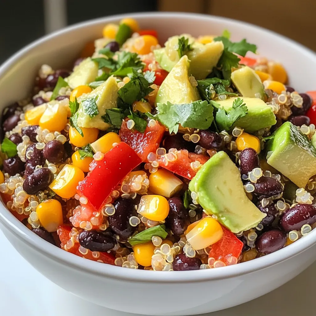 This Black Bean Quinoa Salad is bright, tasty, and filling. The main ingredients bring flavor and health. Quinoa acts as a great base. Black beans add protein and fiber. Fresh veggies like bell pepper and corn add crunch and color. - 1 cup quinoa, rinsed - 2 cups vegetable broth or water - 1 can (15 oz) black beans, drained and rinsed - 1 red bell pepper, diced - 1 cup corn (fresh, canned, or frozen) - 1 avocado, diced - 1/4 cup red onion, finely chopped - 1/4 cup fresh cilantro, chopped - 2 tablespoons olive oil - 2 tablespoons lime juice - 1 teaspoon cumin - Salt and pepper to taste Each ingredient plays a role. Quinoa brings a nutty flavor. Beans add a hearty touch. The red bell pepper and corn bring sweetness. Avocado makes the salad creamy. You can switch some ingredients if needed. Use chicken broth instead of vegetable broth. For beans, try kidney or pinto beans. If you don't have avocado, try diced cucumber. You can leave out cilantro if you don’t like it. Each change keeps the salad delicious and healthy. {{ingredient_image_1}} To start, take 1 cup of quinoa and rinse it under cold water. This helps remove any bitterness. In a medium pot, combine the rinsed quinoa with 2 cups of vegetable broth or water. Bring it to a boil over medium-high heat. Once it starts boiling, lower the heat. Cover the pot and let it simmer for 15 minutes. The quinoa will become fluffy, and the liquid will be absorbed. After cooking, remove the pot from heat and let it cool for about 10 minutes. In a large mixing bowl, gather your other ingredients. Add 1 can of black beans, drained and rinsed. Then, include 1 diced red bell pepper, 1 cup of corn (fresh, canned, or frozen), and 1 diced avocado. Next, add 1/4 cup of finely chopped red onion and 1/4 cup of fresh cilantro. Once you have all the ingredients together, add the cooled quinoa to the bowl. This adds protein and fiber to your salad. In a small bowl, whisk together 2 tablespoons of olive oil, 2 tablespoons of lime juice, and 1 teaspoon of cumin. Add salt and pepper to taste. Mix until the dressing is well combined. Drizzle this dressing over the salad. Gently toss everything together until every piece is coated in the dressing. Taste the salad and adjust the salt or lime juice if needed. For the best flavor, chill the salad in the fridge for at least 30 minutes before serving. To make sure your quinoa is fluffy, rinse it well before cooking. This removes the bitter coating. Cook the quinoa in vegetable broth for extra flavor. When it simmers, keep the lid on tight. This helps it steam well. Let it cool for about 10 minutes after cooking. This step keeps it from getting mushy. For a zesty kick, try adding more lime juice or zest. A bit of garlic powder or fresh garlic can also boost flavor. If you like heat, add diced jalapeños or red pepper flakes. You can even mix in spices like smoked paprika for a smoky twist. Taste your salad as you go. Adjust salt and lime juice to make it just right. Serve your salad in a large, colorful bowl. Garnish with extra cilantro and lime wedges for a bright look. For a fun twist, layer the salad in mason jars. This shows off the vibrant colors. You could also use a plate and create a rainbow effect with the ingredients. This not only looks pretty but makes serving easy. Pro Tips Tip Title: Cook Quinoa Perfectly: Rinse your quinoa thoroughly before cooking to remove its natural coating, called saponin, which can impart a bitter taste. Tip Title: Customize Your Veggies: Feel free to add or substitute other vegetables based on your preference or seasonal availability; zucchini or cherry tomatoes work great! Tip Title: Avocado Freshness: To keep your diced avocado from browning, add it last and toss gently with lime juice right before serving. Tip Title: Enhance Flavor: For an extra flavor boost, let the salad sit in the refrigerator longer than 30 minutes; allowing at least 1-2 hours will deepen the taste. {{image_2}} You can easily boost this salad with protein. Try adding grilled chicken, shrimp, or tofu. Each option brings a unique taste. For a plant-based choice, add chickpeas or edamame. These additions make the salad more filling. You can also mix in nuts or seeds for a crunchy texture. To change the flavor, consider adding spices or herbs. You could use smoked paprika for a smoky kick. Fresh herbs like basil or parsley can give a new twist. If you love heat, add diced jalapeños or a splash of hot sauce. You can also switch the dressing. Try a balsamic vinaigrette for a sweet tang. Seasonal ingredients can freshen this dish. In summer, add diced cucumbers or fresh tomatoes. In fall, roasted sweet potatoes or butternut squash work well. Use whatever is fresh and available. You can also swap the avocado for diced apples in the fall. This keeps your salad exciting and vibrant year-round. Store your Black Bean Quinoa Salad in an airtight container. This keeps it fresh. It will stay good in the fridge for about 3 to 5 days. Make sure to chill the salad before placing it in the fridge. If you add avocado, it may brown faster. You can add lime juice to help slow this down. You can freeze this salad, but some ingredients may change in texture. For best results, freeze only the quinoa and beans. Leave out the fresh veggies and avocado. Place the quinoa and beans in a freezer-safe bag. It can last up to 3 months. When you're ready to eat, thaw it in the fridge overnight before mixing in fresh ingredients. To keep your salad at its best, store the dressing separately. This way, you avoid soggy veggies. Combine the salad and dressing right before serving. If you plan to make it in advance, try to keep ingredients fresh. Use fresh herbs and veggies for the best taste. You can add many things to your salad. Some great options include: - Chopped tomatoes for extra color and flavor. - Diced cucumber for a refreshing crunch. - Sliced jalapeños for a spicy kick. - Feta cheese for a creamy touch. - Chopped spinach or kale for more greens. These additions make your salad unique and even more tasty! This salad stays fresh in the fridge for about three to five days. Keep it in an airtight container to keep it crisp. The flavors will blend well over time, making it even tastier! Yes, Black Bean Quinoa Salad is gluten-free! Quinoa is a great gluten-free grain. Just make sure any extra ingredients, like dressings or toppings, are also gluten-free. Enjoy this salad worry-free! We explored how to make a tasty Black Bean Quinoa Salad. You learned about key ingredients, step-by-step instructions, and useful tips. I shared variations to keep your meals exciting and covered storage methods to maintain freshness. This salad is easy to customize. You can mix flavors and textures to match your taste. Keep experimenting to find your favorite version. With this recipe, you can enjoy a healthy meal anytime.