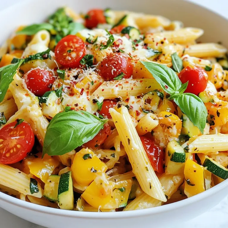 To make this delicious dish, you need: - 8 oz (about 2 cups) pasta (penne or fusilli) - 1 tablespoon olive oil - 1 small onion, diced - 2 cloves garlic, minced - 1 bell pepper, diced (any color) - 1 medium zucchini, diced - 1 cup cherry tomatoes, halved - 1 teaspoon dried oregano - 1 teaspoon dried basil - 1/2 teaspoon red pepper flakes (optional, for heat) - 1 cup marinara sauce - 1 1/2 cups shredded mozzarella cheese - 1/2 cup grated Parmesan cheese - Salt and pepper to taste - Fresh basil leaves, for garnish These ingredients create a rich, cheesy base for your pasta. You can add more fun to your dish with these toppings: - Sliced olives for a briny kick - Cooked and crumbled sausage for added protein - Extra vegetables like spinach or mushrooms - A sprinkle of crushed red pepper for heat - Fresh herbs like parsley or chives for color Feel free to mix and match based on your taste! To prepare this meal, gather these tools: - A large pot for boiling pasta - A large skillet for sautéing vegetables - A cutting board and knife for chopping - A wooden spoon for stirring - A measuring cup and spoons for accuracy With these tools, you’ll whip up a tasty dinner in no time! {{ingredient_image_1}} To start, fill a large pot with water. Add a pinch of salt to the water. Bring the water to a boil over high heat. Once boiling, add 8 ounces of pasta, like penne or fusilli. Cook according to the package instructions until al dente, which means firm but not hard. This usually takes about 8 to 10 minutes. When done, drain the pasta in a colander and set it aside for later. Next, grab a large skillet and heat 1 tablespoon of olive oil over medium heat. Add 1 small diced onion and sauté for about 3 to 4 minutes. The onion should start to soften and smell sweet. Then, toss in 2 cloves of minced garlic and cook for 1 more minute. Now it's time to add your colorful veggies! Include 1 diced bell pepper, 1 medium diced zucchini, and 1 cup of halved cherry tomatoes. Season them with salt, pepper, 1 teaspoon of dried oregano, 1 teaspoon of dried basil, and 1/2 teaspoon of red pepper flakes if you like some heat. Cook these for about 5 to 7 minutes. They should be tender but still bright and crisp. Now, it’s time to bring everything together. Add the cooked pasta to the skillet with the veggies. Pour in 1 cup of marinara sauce and toss all the ingredients until they blend well. Let it heat through for about 2 to 3 minutes. This helps the flavors mix. Lastly, remove the skillet from heat. Stir in 1 1/2 cups of shredded mozzarella cheese and 1/2 cup of grated Parmesan cheese. Mix until the cheeses melt and coat the pasta nicely. It's gooey and cheesy, just how we want it! To get the best texture, cook your pasta just right. Follow the package instructions closely. Look for the term “al dente,” which means firm to the bite. Start checking the pasta a minute or two before the time is up. This way, you avoid mushy pasta. Drain it right away and do not rinse. Rinsing will wash away the starch that helps sauce stick. You can easily boost flavor with simple swaps. Try adding fresh spinach or mushrooms for more veggies. If you like heat, toss in more red pepper flakes. Instead of marinara, use pesto for a twist. For cheese, feel free to mix in cheddar or gouda. They melt well and add a unique taste. Don't forget to taste as you cook! Adjust salt and pepper to match your liking. To serve your Cheesy Veggie Pizza Pasta, think about a few easy ideas. Use individual bowls for a nice touch. Garnish each bowl with fresh basil leaves for color. A sprinkle of extra Parmesan cheese adds flavor and style. Drizzle a little olive oil on top for richness. You can also pair the dish with garlic bread or a simple green salad for a complete meal. Pro Tips Choose the Right Pasta: Penne or fusilli work best for this dish as their shapes hold onto the sauce and cheese well. Veggie Variations: Feel free to switch up the vegetables based on what you have on hand or your preferences; mushrooms and spinach are great additions! Make It Ahead: This dish can be prepared in advance and stored in the refrigerator. Just reheat in the oven or microwave before serving. Extra Cheesy: For an even cheesier experience, consider adding a layer of cheese on top and broil it for a few minutes until bubbly and golden. {{image_2}} You can change up the veggies in this dish. Any fresh veggie works great. Try mushrooms, spinach, or carrots for new flavors. Broccoli adds a nice crunch, while eggplant gives a meaty texture. You can even use frozen vegetables if you're short on time. If you love cheese, you can mix it up here too. Use cheddar for a sharp taste. Goat cheese adds a creamy touch. For a non-dairy option, try vegan cheese. Just make sure it melts well, so your pasta stays gooey. Want to make your pasta heartier? Add protein! Grilled chicken gives a nice flavor. Italian sausage adds a spicy kick. For a vegetarian option, try cubed tofu or chickpeas. Both will soak up the sauce and add great texture to your meal. To store leftover Cheesy Veggie Pizza Pasta, let it cool down first. Then, place it in an airtight container. I recommend using glass or plastic containers with tight lids. This helps keep the flavors fresh. You can store it in the fridge for up to three days. When you're ready to enjoy leftovers, reheat them gently. You can use the microwave or the stovetop. If using the microwave, place a damp paper towel over the pasta. This keeps it moist. Heat it in short intervals, stirring in between. On the stovetop, add a splash of water to help steam it. Stir until hot. If you want to save some for later, freezing is a great option. Pack the cooled pasta in freezer-safe bags or containers. Try to remove as much air as possible before sealing. Label the bags with the date. You can freeze the pasta for up to three months. To eat, thaw it overnight in the fridge. Then, reheat using the tips above for best results. Yes, you can make Cheesy Veggie Pizza Pasta ahead of time. Prepare it fully, then store it in the fridge. When you are ready to eat, just reheat it. It tastes great even after a day or two. I recommend using penne or fusilli pasta for this dish. Both shapes hold the sauce well and mix nicely with the veggies. However, you can also try rotini or even spaghetti if you prefer. To spice it up, add more red pepper flakes while cooking. If you want it milder, skip the red pepper flakes. You can also use a milder marinara sauce for a smoother flavor. Adjust the spices to fit your taste! This blog post covered how to make Cheesy Veggie Pizza Pasta. We discussed key ingredients, cooking steps, and useful tips to enhance flavors. You learned about variations to suit your taste, as well as how to store leftovers. In the end, this dish offers flexibility and fun. You can mix and match ingredients to create your perfect meal. Enjoy cooking and sharing this tasty recipe with friends and family!