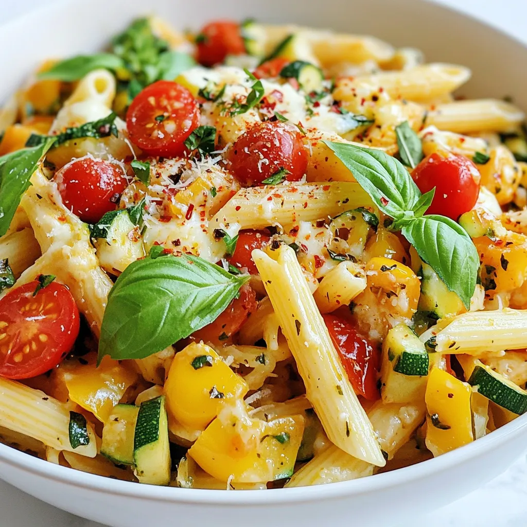 To make this delicious dish, you need: - 8 oz (about 2 cups) pasta (penne or fusilli) - 1 tablespoon olive oil - 1 small onion, diced - 2 cloves garlic, minced - 1 bell pepper, diced (any color) - 1 medium zucchini, diced - 1 cup cherry tomatoes, halved - 1 teaspoon dried oregano - 1 teaspoon dried basil - 1/2 teaspoon red pepper flakes (optional, for heat) - 1 cup marinara sauce - 1 1/2 cups shredded mozzarella cheese - 1/2 cup grated Parmesan cheese - Salt and pepper to taste - Fresh basil leaves, for garnish These ingredients create a rich, cheesy base for your pasta. You can add more fun to your dish with these toppings: - Sliced olives for a briny kick - Cooked and crumbled sausage for added protein - Extra vegetables like spinach or mushrooms - A sprinkle of crushed red pepper for heat - Fresh herbs like parsley or chives for color Feel free to mix and match based on your taste! To prepare this meal, gather these tools: - A large pot for boiling pasta - A large skillet for sautéing vegetables - A cutting board and knife for chopping - A wooden spoon for stirring - A measuring cup and spoons for accuracy With these tools, you’ll whip up a tasty dinner in no time! {{ingredient_image_1}} To start, fill a large pot with water. Add a pinch of salt to the water. Bring the water to a boil over high heat. Once boiling, add 8 ounces of pasta, like penne or fusilli. Cook according to the package instructions until al dente, which means firm but not hard. This usually takes about 8 to 10 minutes. When done, drain the pasta in a colander and set it aside for later. Next, grab a large skillet and heat 1 tablespoon of olive oil over medium heat. Add 1 small diced onion and sauté for about 3 to 4 minutes. The onion should start to soften and smell sweet. Then, toss in 2 cloves of minced garlic and cook for 1 more minute. Now it's time to add your colorful veggies! Include 1 diced bell pepper, 1 medium diced zucchini, and 1 cup of halved cherry tomatoes. Season them with salt, pepper, 1 teaspoon of dried oregano, 1 teaspoon of dried basil, and 1/2 teaspoon of red pepper flakes if you like some heat. Cook these for about 5 to 7 minutes. They should be tender but still bright and crisp. Now, it’s time to bring everything together. Add the cooked pasta to the skillet with the veggies. Pour in 1 cup of marinara sauce and toss all the ingredients until they blend well. Let it heat through for about 2 to 3 minutes. This helps the flavors mix. Lastly, remove the skillet from heat. Stir in 1 1/2 cups of shredded mozzarella cheese and 1/2 cup of grated Parmesan cheese. Mix until the cheeses melt and coat the pasta nicely. It's gooey and cheesy, just how we want it! To get the best texture, cook your pasta just right. Follow the package instructions closely. Look for the term “al dente,” which means firm to the bite. Start checking the pasta a minute or two before the time is up. This way, you avoid mushy pasta. Drain it right away and do not rinse. Rinsing will wash away the starch that helps sauce stick. You can easily boost flavor with simple swaps. Try adding fresh spinach or mushrooms for more veggies. If you like heat, toss in more red pepper flakes. Instead of marinara, use pesto for a twist. For cheese, feel free to mix in cheddar or gouda. They melt well and add a unique taste. Don't forget to taste as you cook! Adjust salt and pepper to match your liking. To serve your Cheesy Veggie Pizza Pasta, think about a few easy ideas. Use individual bowls for a nice touch. Garnish each bowl with fresh basil leaves for color. A sprinkle of extra Parmesan cheese adds flavor and style. Drizzle a little olive oil on top for richness. You can also pair the dish with garlic bread or a simple green salad for a complete meal. Pro Tips Choose the Right Pasta: Penne or fusilli work best for this dish as their shapes hold onto the sauce and cheese well. Veggie Variations: Feel free to switch up the vegetables based on what you have on hand or your preferences; mushrooms and spinach are great additions! Make It Ahead: This dish can be prepared in advance and stored in the refrigerator. Just reheat in the oven or microwave before serving. Extra Cheesy: For an even cheesier experience, consider adding a layer of cheese on top and broil it for a few minutes until bubbly and golden. {{image_2}} You can change up the veggies in this dish. Any fresh veggie works great. Try mushrooms, spinach, or carrots for new flavors. Broccoli adds a nice crunch, while eggplant gives a meaty texture. You can even use frozen vegetables if you're short on time. If you love cheese, you can mix it up here too. Use cheddar for a sharp taste. Goat cheese adds a creamy touch. For a non-dairy option, try vegan cheese. Just make sure it melts well, so your pasta stays gooey. Want to make your pasta heartier? Add protein! Grilled chicken gives a nice flavor. Italian sausage adds a spicy kick. For a vegetarian option, try cubed tofu or chickpeas. Both will soak up the sauce and add great texture to your meal. To store leftover Cheesy Veggie Pizza Pasta, let it cool down first. Then, place it in an airtight container. I recommend using glass or plastic containers with tight lids. This helps keep the flavors fresh. You can store it in the fridge for up to three days. When you're ready to enjoy leftovers, reheat them gently. You can use the microwave or the stovetop. If using the microwave, place a damp paper towel over the pasta. This keeps it moist. Heat it in short intervals, stirring in between. On the stovetop, add a splash of water to help steam it. Stir until hot. If you want to save some for later, freezing is a great option. Pack the cooled pasta in freezer-safe bags or containers. Try to remove as much air as possible before sealing. Label the bags with the date. You can freeze the pasta for up to three months. To eat, thaw it overnight in the fridge. Then, reheat using the tips above for best results. Yes, you can make Cheesy Veggie Pizza Pasta ahead of time. Prepare it fully, then store it in the fridge. When you are ready to eat, just reheat it. It tastes great even after a day or two. I recommend using penne or fusilli pasta for this dish. Both shapes hold the sauce well and mix nicely with the veggies. However, you can also try rotini or even spaghetti if you prefer. To spice it up, add more red pepper flakes while cooking. If you want it milder, skip the red pepper flakes. You can also use a milder marinara sauce for a smoother flavor. Adjust the spices to fit your taste! This blog post covered how to make Cheesy Veggie Pizza Pasta. We discussed key ingredients, cooking steps, and useful tips to enhance flavors. You learned about variations to suit your taste, as well as how to store leftovers. In the end, this dish offers flexibility and fun. You can mix and match ingredients to create your perfect meal. Enjoy cooking and sharing this tasty recipe with friends and family!