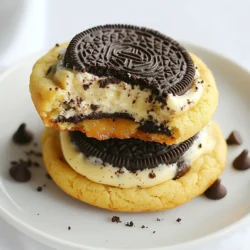 To make Oreo cheesecake stuffed cookies, you will need: - 1 cup unsalted butter, softened - 1 cup granulated sugar - 1 cup brown sugar, packed - 2 large eggs - 2 teaspoons vanilla extract - 3 cups all-purpose flour - 1 teaspoon baking soda - 1 teaspoon salt - 1 cup chocolate chips - 1 package (12 cookies) Oreo cookies, crushed - 8 oz cream cheese, softened - 1/4 cup powdered sugar - 1 teaspoon vanilla extract (for filling) - Additional crushed Oreo crumbs for garnish You can mix things up by adding: - Different flavored chips like peanut butter or caramel - Nuts for a crunchy texture - Dried fruits for natural sweetness To make these cookies, gather: - Mixing bowls - Electric mixer or whisk - Measuring cups and spoons - Baking sheets - Parchment paper - Cookie scoop or spoon - Wire rack for cooling {{ingredient_image_1}} First, gather your ingredients. You will need unsalted butter, granulated sugar, brown sugar, eggs, and vanilla extract. Mix the butter and sugars in a bowl until creamy. Then, add the eggs and vanilla. Beat until smooth. In another bowl, whisk flour, baking soda, and salt. Slowly add the dry mix to the wet mix. Stir until just combined. Fold in chocolate chips and crushed Oreos. In a separate bowl, combine softened cream cheese, powdered sugar, and vanilla. Mix until smooth. This filling adds a creamy touch inside the cookies. Make sure it is well blended. You want a thick, smooth mixture that is easy to scoop. Take about two tablespoons of cookie dough. Flatten it in your hand. Place one tablespoon of cheesecake filling in the center. Then, encase the filling with the dough. Roll it into a ball. Place the cookie balls on a lined baking sheet, leaving space between them. Bake in a preheated oven at 350°F for 12-15 minutes. The edges should be golden. The centers may look soft but will firm up while cooling. Dust with crushed Oreo crumbs before serving. To get the best cookie texture, use softened butter. This helps create a creamy mix. Make sure to mix the butter and sugars well. You want a smooth, fluffy base. Don't overmix the dough after adding flour. Just mix until combined. This keeps your cookies soft and chewy. To keep the filling neat, chill the cheesecake mixture for 15 minutes. This makes it firmer and easier to handle. Use a small scoop to portion the filling. This helps with even distribution. When forming the cookies, ensure the dough fully encases the filling. This prevents any spills while baking. For softer cookies, bake them for less time. Start with 12 minutes. Check for lightly golden edges. The centers should look a bit soft. They will firm up as they cool. If you like them chewier, take them out a little earlier. This will give you that gooey center you crave! Pro Tips Chill the Dough: For a thicker cookie, chill the dough for at least 30 minutes before baking. This helps prevent spreading and results in a chewier texture. Use Room Temperature Ingredients: Ensure that your butter and cream cheese are at room temperature for easier mixing and a smoother filling. Don’t Overbake: Keep an eye on the cookies towards the end of baking. They should be lightly golden on the edges but still soft in the center for the best texture. Customize the Filling: Feel free to add other flavors to the cheesecake filling, such as a splash of almond extract or a bit of lemon zest for a unique twist. {{image_2}} You can add fun flavors to the cheesecake filling. Try mixing in some lemon zest for a fresh twist. A splash of almond extract makes the filling taste nutty and rich. You can also add a tablespoon of cocoa powder for a chocolatey kick. Each flavor adds a new layer to your Oreo cheesecake stuffed cookies. If you have dietary needs, you can still enjoy these cookies. Use dairy-free cream cheese for a lactose-free option. You can swap regular butter for vegan butter. If you need a gluten-free version, choose a gluten-free flour mix. These swaps help everyone enjoy this tasty dessert. Mix-ins make the cookie dough even more exciting. Try adding chopped nuts like walnuts or pecans for crunch. You can use butterscotch or caramel chips for a sweet surprise. Dried fruit like cranberries or cherries can add a fruity touch. These mix-ins let you create a cookie that fits your taste. To keep your Oreo cheesecake stuffed cookies fresh, store them in an airtight container. Line the container with parchment paper to absorb moisture. This helps keep the cookies soft. Place the cookies in a single layer. If you have many cookies, add layers of parchment paper between them. Store the container at room temperature for up to five days. You can freeze these cookies if you have leftovers. First, let them cool completely. Next, wrap each cookie in plastic wrap. Place the wrapped cookies in a freezer-safe bag. Label it with the date. These cookies can last for up to three months in the freezer. When you are ready to enjoy them, simply take them out and let them thaw at room temperature. To reheat cookies, preheat your oven to 350°F (175°C). Place the cookies on a baking sheet. Warm them for about 5 to 7 minutes. This helps restore their soft texture. Avoid using a microwave, as it can make them tough. Enjoy your cookies warm and fresh, just like they came out of the oven! Yes, you can make these cookies ahead of time. You can prepare the dough and store it in the fridge for up to three days. If you want to save more time, you can also freeze the cookie dough. Just shape the cookie balls and place them in a freezer-safe bag. When you want to bake them, take them out and bake straight from the freezer. This way, you have fresh cookies whenever you want! If you don’t have cream cheese, you can try using mascarpone cheese. It has a similar texture and flavor. Another option is to use Greek yogurt. This will change the taste slightly, but it still works well. For a dairy-free option, consider using cashew cream. Just blend soaked cashews with a bit of lemon juice and sweetener until smooth. To stop cookies from spreading too much, chill the dough for at least 30 minutes before baking. This helps firm up the butter. You can also add a bit more flour to the dough. This extra flour helps the cookies hold their shape better. Lastly, make sure your baking sheet is cool before placing the dough on it. Warm sheets cause cookies to spread too quickly. You learned how to make delicious cheesecake cookies. We covered the key ingredients, tools, and step-by-step instructions. I shared helpful tips for perfect texture and clean filling. You also discovered fun variations to suit your taste. Plus, I explained how to store these tasty treats for later. Remember, baking is fun, so don’t be afraid to experiment. Enjoy the process, and share your tasty results with friends and family!