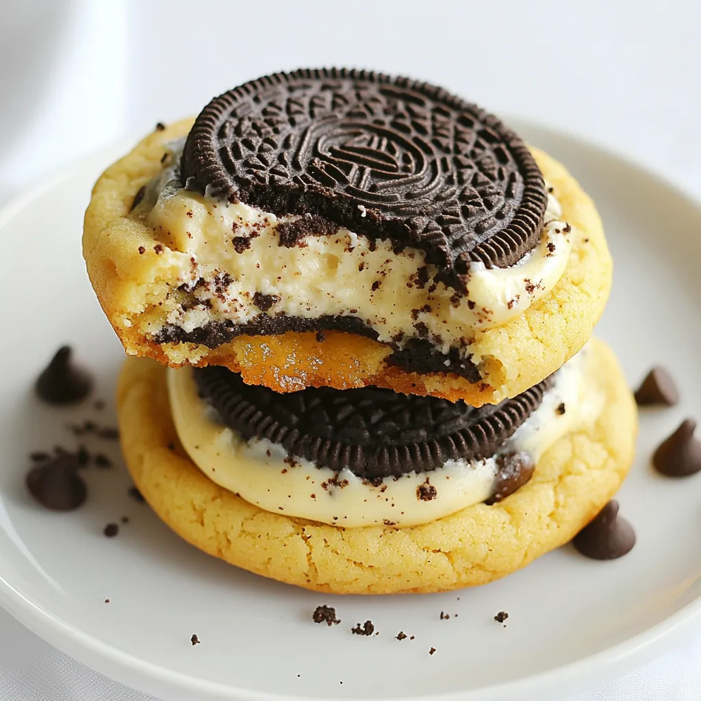 To make Oreo cheesecake stuffed cookies, you will need: - 1 cup unsalted butter, softened - 1 cup granulated sugar - 1 cup brown sugar, packed - 2 large eggs - 2 teaspoons vanilla extract - 3 cups all-purpose flour - 1 teaspoon baking soda - 1 teaspoon salt - 1 cup chocolate chips - 1 package (12 cookies) Oreo cookies, crushed - 8 oz cream cheese, softened - 1/4 cup powdered sugar - 1 teaspoon vanilla extract (for filling) - Additional crushed Oreo crumbs for garnish You can mix things up by adding: - Different flavored chips like peanut butter or caramel - Nuts for a crunchy texture - Dried fruits for natural sweetness To make these cookies, gather: - Mixing bowls - Electric mixer or whisk - Measuring cups and spoons - Baking sheets - Parchment paper - Cookie scoop or spoon - Wire rack for cooling {{ingredient_image_1}} First, gather your ingredients. You will need unsalted butter, granulated sugar, brown sugar, eggs, and vanilla extract. Mix the butter and sugars in a bowl until creamy. Then, add the eggs and vanilla. Beat until smooth. In another bowl, whisk flour, baking soda, and salt. Slowly add the dry mix to the wet mix. Stir until just combined. Fold in chocolate chips and crushed Oreos. In a separate bowl, combine softened cream cheese, powdered sugar, and vanilla. Mix until smooth. This filling adds a creamy touch inside the cookies. Make sure it is well blended. You want a thick, smooth mixture that is easy to scoop. Take about two tablespoons of cookie dough. Flatten it in your hand. Place one tablespoon of cheesecake filling in the center. Then, encase the filling with the dough. Roll it into a ball. Place the cookie balls on a lined baking sheet, leaving space between them. Bake in a preheated oven at 350°F for 12-15 minutes. The edges should be golden. The centers may look soft but will firm up while cooling. Dust with crushed Oreo crumbs before serving. To get the best cookie texture, use softened butter. This helps create a creamy mix. Make sure to mix the butter and sugars well. You want a smooth, fluffy base. Don't overmix the dough after adding flour. Just mix until combined. This keeps your cookies soft and chewy. To keep the filling neat, chill the cheesecake mixture for 15 minutes. This makes it firmer and easier to handle. Use a small scoop to portion the filling. This helps with even distribution. When forming the cookies, ensure the dough fully encases the filling. This prevents any spills while baking. For softer cookies, bake them for less time. Start with 12 minutes. Check for lightly golden edges. The centers should look a bit soft. They will firm up as they cool. If you like them chewier, take them out a little earlier. This will give you that gooey center you crave! Pro Tips Chill the Dough: For a thicker cookie, chill the dough for at least 30 minutes before baking. This helps prevent spreading and results in a chewier texture. Use Room Temperature Ingredients: Ensure that your butter and cream cheese are at room temperature for easier mixing and a smoother filling. Don’t Overbake: Keep an eye on the cookies towards the end of baking. They should be lightly golden on the edges but still soft in the center for the best texture. Customize the Filling: Feel free to add other flavors to the cheesecake filling, such as a splash of almond extract or a bit of lemon zest for a unique twist. {{image_2}} You can add fun flavors to the cheesecake filling. Try mixing in some lemon zest for a fresh twist. A splash of almond extract makes the filling taste nutty and rich. You can also add a tablespoon of cocoa powder for a chocolatey kick. Each flavor adds a new layer to your Oreo cheesecake stuffed cookies. If you have dietary needs, you can still enjoy these cookies. Use dairy-free cream cheese for a lactose-free option. You can swap regular butter for vegan butter. If you need a gluten-free version, choose a gluten-free flour mix. These swaps help everyone enjoy this tasty dessert. Mix-ins make the cookie dough even more exciting. Try adding chopped nuts like walnuts or pecans for crunch. You can use butterscotch or caramel chips for a sweet surprise. Dried fruit like cranberries or cherries can add a fruity touch. These mix-ins let you create a cookie that fits your taste. To keep your Oreo cheesecake stuffed cookies fresh, store them in an airtight container. Line the container with parchment paper to absorb moisture. This helps keep the cookies soft. Place the cookies in a single layer. If you have many cookies, add layers of parchment paper between them. Store the container at room temperature for up to five days. You can freeze these cookies if you have leftovers. First, let them cool completely. Next, wrap each cookie in plastic wrap. Place the wrapped cookies in a freezer-safe bag. Label it with the date. These cookies can last for up to three months in the freezer. When you are ready to enjoy them, simply take them out and let them thaw at room temperature. To reheat cookies, preheat your oven to 350°F (175°C). Place the cookies on a baking sheet. Warm them for about 5 to 7 minutes. This helps restore their soft texture. Avoid using a microwave, as it can make them tough. Enjoy your cookies warm and fresh, just like they came out of the oven! Yes, you can make these cookies ahead of time. You can prepare the dough and store it in the fridge for up to three days. If you want to save more time, you can also freeze the cookie dough. Just shape the cookie balls and place them in a freezer-safe bag. When you want to bake them, take them out and bake straight from the freezer. This way, you have fresh cookies whenever you want! If you don’t have cream cheese, you can try using mascarpone cheese. It has a similar texture and flavor. Another option is to use Greek yogurt. This will change the taste slightly, but it still works well. For a dairy-free option, consider using cashew cream. Just blend soaked cashews with a bit of lemon juice and sweetener until smooth. To stop cookies from spreading too much, chill the dough for at least 30 minutes before baking. This helps firm up the butter. You can also add a bit more flour to the dough. This extra flour helps the cookies hold their shape better. Lastly, make sure your baking sheet is cool before placing the dough on it. Warm sheets cause cookies to spread too quickly. You learned how to make delicious cheesecake cookies. We covered the key ingredients, tools, and step-by-step instructions. I shared helpful tips for perfect texture and clean filling. You also discovered fun variations to suit your taste. Plus, I explained how to store these tasty treats for later. Remember, baking is fun, so don’t be afraid to experiment. Enjoy the process, and share your tasty results with friends and family!