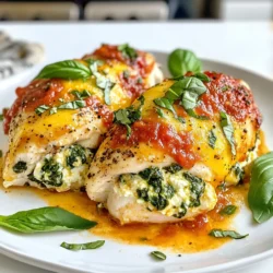 - 4 boneless, skinless chicken breasts - 1 cup fresh spinach, chopped - 1 cup ricotta cheese - 1/2 cup grated Parmesan cheese - 1/2 cup shredded mozzarella cheese - 2 cloves garlic, minced - 1 teaspoon dried oregano - 1 teaspoon salt - 1/2 teaspoon black pepper - 1 tablespoon olive oil - 1 cup marinara sauce (for serving) - Fresh basil leaves (for garnish) The main ingredients for spinach ricotta stuffed chicken breasts are simple yet flavorful. You start with the chicken breasts. Choose fresh, boneless, and skinless pieces for the best results. The next star of the show is spinach. Fresh spinach adds a vibrant color and nutrition. Then, we have ricotta cheese. This creamy cheese brings a rich texture that pairs well with chicken. The blend of grated Parmesan and shredded mozzarella adds great flavor and a gooey texture when baked. For seasoning, minced garlic is a must. It enhances the taste and aroma. Dried oregano brings a warm, earthy note that complements the other flavors. Salt and black pepper add just the right touch of seasoning. Finally, a tablespoon of olive oil helps with cooking and adds taste. When serving, a cup of marinara sauce goes wonderfully over the chicken. Finally, fresh basil leaves make a lovely garnish. They not only look great but also add freshness to every bite. This dish is truly a savory delight that you will want to enjoy again and again! {{ingredient_image_1}} - Preheat oven to 375°F (190°C). - In a bowl, mix chopped spinach, ricotta, Parmesan, mozzarella, garlic, oregano, salt, and pepper. Stir well. This mixture brings creamy flavor and nutrients. - Take each chicken breast and carefully make a pocket by slicing horizontally. Be sure not to cut all the way through. This pocket holds all the goodness. - Stuff each chicken breast with the spinach and ricotta mixture. Use toothpicks to secure if needed. This step ensures the filling stays inside while cooking. - In a large skillet, heat olive oil over medium heat. Once hot, add the stuffed chicken breasts. Sear for about 3-4 minutes on each side until golden brown. This creates a nice crust and locks in flavor. - Transfer the skillet to the preheated oven. Bake for about 20-25 minutes or until the chicken reaches an internal temperature of 165°F (75°C). Always check the temperature to ensure it's safe to eat. Using these steps, you will create a delicious and satisfying meal that impresses! To get a nice golden crust when searing chicken, heat the olive oil in a skillet until hot. Place the stuffed chicken breasts in the pan without crowding. Sear each side for 3-4 minutes. This gives the chicken a crunchy outside. To avoid overcooking, use a meat thermometer. Cook until the internal temperature hits 165°F. Let the chicken rest for 5 minutes after baking. This keeps the juices inside. For more flavor, consider adding fresh herbs like basil or thyme. A hint of red pepper flakes adds heat. If you want a creamy texture but don't have ricotta, use cream cheese or goat cheese instead. Both will taste great in your stuffing. To plate the dish, slice the chicken at an angle for a fancy look. Drizzle marinara sauce over the top or around the plate. Sprinkle some grated Parmesan cheese for a nice touch. Finish with fresh basil leaves for color and flavor. This makes the dish appealing and fun to eat. Pro Tips Properly Sear the Chicken: Ensure your skillet is hot enough before adding the chicken to achieve a perfect golden crust. Use Fresh Spinach: Fresh spinach will provide a brighter flavor and better texture than frozen spinach. Check for Doneness: Always use a meat thermometer to ensure chicken reaches an internal temperature of 165°F (75°C) for safety. Experiment with Cheese: Feel free to mix in other cheeses like feta or goat cheese for a different flavor profile. {{image_2}} You can easily switch out some ingredients for your Spinach Ricotta Stuffed Chicken Breasts. For cheese, try using feta or cream cheese. These will add unique flavors and textures to the dish. If you want to change the greens, swap spinach for kale or Swiss chard. Both options work well and provide a fresh twist. You can cook this dish in different ways. Grilling the chicken can give it a smoky flavor. Just make sure to check that the filling stays moist. Alternatively, you can use an Instant Pot for a faster option. Cooking in an Instant Pot can cut down on time while still giving you tender chicken. If you’re looking for low-carb options, use thin chicken cutlets and skip the pasta. For gluten-free diets, ensure your marinara has no gluten. You can also adapt this dish for vegan diets. Use tofu or a vegan cheese alternative and replace chicken with portobello mushrooms. This makes a delicious plant-based meal without losing flavor. After enjoying your spinach ricotta stuffed chicken breasts, store any leftovers right away. Let the chicken cool down first. Place the chicken in an airtight container. This keeps moisture in and prevents odors from other foods. You can safely refrigerate it for up to three days. If you want to keep it longer, freezing is a great option. Wrap each stuffed chicken breast tightly in plastic wrap. Then place them in a freezer bag or container. This way, they can last for up to three months. When it’s time to reheat, you want to keep the chicken moist and tasty. The best method is to use the oven. Preheat it to 350°F (175°C). Place the chicken in a baking dish and add a splash of chicken broth or water. Cover the dish with foil to keep steam in. Heat for about 20 minutes or until hot. You can also use the microwave, but be careful. Heat in short bursts to avoid drying it out. Cooked chicken can be stored in the fridge for three to four days. If you keep it in the freezer, it lasts for up to three months. Watch for signs of spoilage. If the chicken has an off smell, or if it feels slimy, throw it away. Always trust your senses when deciding if food is safe to eat. To cook stuffed chicken breasts well, start by searing them. Heat olive oil in a skillet over medium heat. Sear each side for about 3-4 minutes until golden brown. This adds flavor and keeps the juices in. After searing, transfer the skillet to a preheated oven at 375°F (190°C). Bake for 20-25 minutes. This method ensures the chicken cooks evenly. Always check the internal temperature; it should reach 165°F (75°C). Yes, you can prepare stuffed chicken breasts in advance. You can stuff the chicken and store it in the fridge for a few hours or even overnight. This helps the flavors meld. Just remember to bring them to room temperature before cooking. This way, they will cook evenly. To check if the chicken is fully cooked, use a meat thermometer. Insert it in the thickest part of the breast. The safe internal temperature is 165°F (75°C). You can also check for clear juices. If the juices run clear, the chicken is done. A well-cooked chicken will no longer be pink inside. You now have all the steps to make delicious stuffed chicken breasts. Remember the key ingredients like spinach, ricotta, and the spices that add flavor. Searing the chicken gives it a nice crust, while baking ensures it remains juicy. You can try different cheeses and greens for your dish. Store any leftovers carefully for later enjoyment. With these tips, you’ll impress anyone at your table. Enjoy your cooking and remember, practice makes perfect!