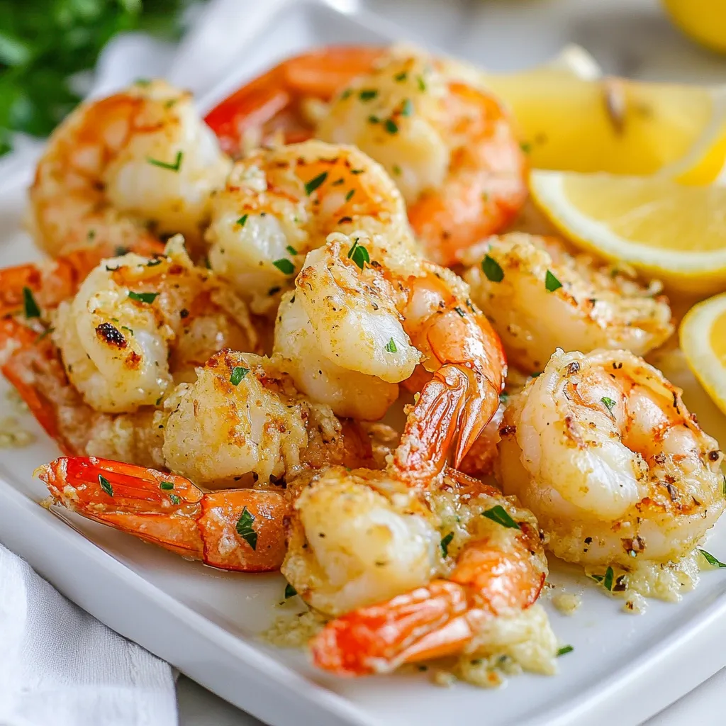 To make Garlic Parmesan Air Fryer Shrimp, you'll need the following main ingredients: - 1 pound large shrimp, peeled and deveined - 2 tablespoons olive oil - 4 cloves garlic, minced - 1 teaspoon paprika - 1 teaspoon Italian seasoning - ½ teaspoon salt - ¼ teaspoon black pepper - ½ cup grated Parmesan cheese - 2 tablespoons fresh parsley, chopped (for garnish) - Lemon wedges (for serving) These ingredients create a tasty mix. The garlic adds punch, while Parmesan gives a rich taste. You can also try these optional ingredients for more flavor: - Red pepper flakes for heat - Fresh lemon juice for brightness - A dash of Worcestershire sauce for depth - Fresh herbs like basil or thyme These add-ons can make your dish even more exciting. Mix and match based on what you like! If you don’t have some ingredients, here are good substitutions: - Use shrimp of any size if large ones aren’t available. - Swap olive oil with avocado oil or melted butter. - If you lack fresh garlic, use ½ teaspoon garlic powder. - Instead of Parmesan, try Pecorino Romano or nutritional yeast for a vegan option. These swaps help you stay flexible in the kitchen. Don’t be afraid to get creative! {{ingredient_image_1}} To start, gather your ingredients. In a large bowl, mix two tablespoons of olive oil with four minced garlic cloves. Add one teaspoon of paprika, one teaspoon of Italian seasoning, half a teaspoon of salt, and a quarter teaspoon of black pepper. This mix creates a rich and flavorful marinade that will coat your shrimp well. Next, add one pound of peeled and deveined shrimp to the bowl. Toss the shrimp in the marinade until every piece is well coated. This step is crucial. Let the shrimp marinate for about 15 minutes. This waiting time allows the flavors to soak in, making each bite taste amazing. Now, preheat your air fryer to 375°F (190°C). Once it’s hot, place the marinated shrimp in a single layer in the basket. Make sure they are not crowded. Sprinkle half a cup of grated Parmesan cheese over the shrimp. Cook them for about 6-8 minutes. Shake the basket halfway through to ensure they cook evenly. After the time is up, add the remaining Parmesan cheese on top. Cook for an extra 2-3 minutes until the cheese is melted and bubbly. Once done, carefully transfer the shrimp to a serving platter. Garnish with chopped parsley and serve with lemon wedges for a fresh twist. When picking shrimp, look for large, fresh ones. Check for a firm texture and a clean smell. Avoid shrimp with black spots or a strong fishy odor. If you buy frozen shrimp, choose ones that are flash-frozen. This keeps them fresh longer. Preheating your air fryer is key. Set it to 375°F (190°C) before cooking. Arrange the shrimp in a single layer for even cooking. Shake the basket halfway through to help them cook well. Keep an eye on the time; 6-8 minutes is perfect. For extra flavor, add more cheese in the last few minutes. To make your shrimp even tastier, try adding a squeeze of lemon juice. This brightens the flavors and adds a fresh touch. You can also mix in some red pepper flakes for spice. Serve with lemon wedges and fresh parsley for a nice look. Pair with a side salad or crusty bread for a full meal. Pro Tips Marinate Longer for Deeper Flavor: For even more flavor, consider marinating the shrimp for 30 minutes to an hour instead of just 15 minutes. Use Fresh Garlic: Freshly minced garlic yields a stronger, more aromatic flavor compared to pre-minced or jarred garlic. Don’t Overcrowd the Basket: Ensure the shrimp are in a single layer in the air fryer to allow for even cooking and crisping. Experiment with Seasonings: Feel free to add your favorite spices or herbs to the marinade for a unique twist on the classic garlic parmesan flavor. {{image_2}} Want to add some heat? Use a tablespoon of red pepper flakes in the marinade. This gives the dish a nice kick. If you love spice, this variation is for you. The heat pairs well with the garlic and cheese. You can adjust the spice level to your taste. Just start with a little and add more if you like. If you love garlic butter, this variation is a must-try. Instead of olive oil, use melted butter in your marinade. Mix in a bit of lemon juice for added flavor. This twist makes the shrimp even richer. You can still add the Parmesan cheese on top. The butter will help it melt beautifully. Want to make it a full meal? Add some veggies to the basket with your shrimp. Bell peppers, zucchini, or asparagus work great. Just chop them into small pieces. Toss them in the same marinade as the shrimp. This adds color and nutrition. Plus, it makes cooking easier. You will have a tasty dish all in one go! To store leftover shrimp, let them cool first. Place them in an airtight container. You can keep them in the fridge for up to two days. Cover them tightly to keep moisture in and flavors fresh. If you have a lot left, you can separate them into smaller portions. When you reheat the shrimp, aim for gentle heat. You can use your air fryer at 350°F (175°C) for about 3-5 minutes. This method keeps the shrimp crisp and tasty. You can also use a skillet on low heat. Just add a splash of olive oil to avoid drying out the shrimp. Freezing is a great option if you have many leftovers. Place the cooled shrimp in a freezer-safe bag. Remove as much air as you can to prevent freezer burn. They can last for up to three months. To thaw, place them in the fridge overnight before reheating. This way, you will keep the flavor and texture intact. It takes about 6 to 8 minutes to cook shrimp in an air fryer. Preheat your air fryer to 375°F (190°C) before placing the shrimp inside. Cooking time may vary based on shrimp size. Always check if they are pink and opaque. Yes, you can use frozen shrimp for this recipe. However, thaw them first for best results. Place them in cold water for about 15 minutes. Once thawed, pat them dry before marinating. This step helps the marinade stick well. You can serve Garlic Parmesan Air Fryer Shrimp with various sides. Here are some tasty options: - Rice: White or brown rice complements the shrimp well. - Pasta: A light pasta dish enhances the meal. - Salad: A fresh green salad adds crunch. - Vegetables: Roasted or steamed veggies pair nicely. - Bread: Serve with crusty bread to soak up flavors. These combinations make for a satisfying meal. Enjoy exploring your options! Garlic Parmesan Air Fryer Shrimp offers a tasty meal that's easy to make. We covered key ingredients, simple steps, and helpful tips to ensure success. You can enhance flavors or try fun variations, like spicy options or veggies. Storing leftovers is straightforward, too. With these methods, you can enjoy shrimp any night. Dive in, experiment, and enjoy the flavor! Your kitchen will smell amazing.