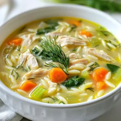 To make Creamy Lemon Chicken Orzo Soup, gather the following items: - 1 lb boneless, skinless chicken thighs - 1 tablespoon olive oil - 1 medium onion, diced - 2 carrots, diced - 2 celery stalks, diced - 3 cloves garlic, minced - 6 cups chicken broth - 1 cup orzo pasta - 1 cup heavy cream - 1 lemon, zested and juiced - Salt and pepper to taste - 2 cups fresh spinach - Fresh dill or parsley for garnish Each ingredient plays a key role in this dish. The chicken gives it a hearty base, while the vegetables add flavor and texture. The broth and cream create a rich, warm soup. Seasoning with lemon brightens the dish, and fresh herbs add a nice touch. I love how every bite warms your soul, making it a perfect comfort dish. {{ingredient_image_1}} First, grab a large pot and heat one tablespoon of olive oil over medium heat. Add one diced onion, two diced carrots, and two diced celery stalks. Sauté these veggies for about 5-7 minutes. You want them to soften up nicely. After that, add three minced garlic cloves. Cook them for another minute until they smell great. Next, push the veggies to the sides of the pot. Place one pound of boneless, skinless chicken thighs in the center. Season with salt and pepper. Sear the chicken for about 5 minutes on each side. Look for a nice brown color, as this adds flavor to the soup. Once the chicken is browned, pour in six cups of chicken broth. Bring it to a boil. Then reduce to a simmer and cover the pot. Cook for 20 minutes or until the chicken is cooked through. Remove the chicken from the pot and use two forks to shred it. Return the shredded chicken back to the pot. Now, stir in one cup of orzo pasta. Let it cook for an additional 8-10 minutes. Make sure the pasta is tender. Keep an eye on it to avoid overcooking. Lower the heat and mix in one cup of heavy cream, the zest of one lemon, and the juice from that lemon. Allow this to simmer gently for 3-5 minutes. This makes the soup creamy and bright. Finally, add two cups of fresh spinach. Stir until the spinach wilts. Taste the soup and adjust seasoning if needed. Enjoy your delicious Creamy Lemon Chicken Orzo Soup! Choosing Fresh Ingredients Fresh ingredients make a big difference in taste. When you pick your chicken, choose thighs for rich flavor. Fresh vegetables, like onions, carrots, and celery, add depth. Look for vibrant colors and firm textures. Fresh herbs, like dill or parsley, brighten the dish. Always use fresh lemon for the best zing. Balancing Acidity with Creaminess Lemon gives your soup a bright flavor. But too much acidity can overpower it. Add heavy cream slowly. This creaminess softens the tartness of the lemon. Taste as you go, adjusting the lemon juice. Aim for a balance that feels light yet rich. Perfectly Searing Chicken To get great flavor, sear your chicken well. Heat the olive oil in a large pot. When the oil shimmers, add the chicken thighs. Cook them for about five minutes on each side. This gives a nice golden brown crust. This step seals in the juices and adds depth to the soup. Cooking Orzo to Perfection Orzo cooks quickly, so timing is key. Add it after the chicken is shredded. Cook the orzo for about 8 to 10 minutes. Stir occasionally to prevent sticking. You want it tender but not mushy. This way, it holds its shape in the soup. Pro Tips Use Fresh Ingredients: Fresh vegetables and herbs can significantly enhance the flavor of the soup, providing a vibrant taste that dried or older ingredients cannot match. Customize Your Protein: While chicken thighs are tender and flavorful, you can substitute them with chicken breasts or even shredded rotisserie chicken for a quicker option. Adjust the Creaminess: For a lighter version of the soup, you can reduce the amount of heavy cream or replace it with half-and-half or a milk alternative. Storage Tips: This soup is best enjoyed fresh, but you can store leftovers in an airtight container in the fridge for up to 3 days. Reheat gently, adding a splash of broth if it thickens too much. {{image_2}} Substituting Proteins You can swap chicken thighs for chicken breast. Chicken breast gives a leaner option. If you prefer, try turkey or even shrimp. These will cook faster, so adjust your time. For a vegetarian twist, use chickpeas or tofu instead. This adds protein and keeps the dish filling. Using Different Vegetables Feel free to mix in your favorite veggies. Peas, corn, or bell peppers work well. You can also add green beans for crunch. Just remember to keep the cooking times in mind. Softer veggies, like zucchini, need less time than carrots. This way, everything cooks nicely. Adding Herbs and Spices Herbs can lift this soup to new heights. Fresh dill or parsley adds brightness. If you love bold flavors, try thyme or rosemary. A bay leaf during cooking can deepen the taste. Just remember to remove it before serving, as it’s not edible. Incorporating a Kick with Red Pepper For a little heat, add red pepper flakes. Start with just a pinch, then taste. You can add more if you like it spicy. Another option is to use fresh chopped chili peppers. This will give both heat and a fresh taste. Adjust to your spice level for the perfect bowl. How do you store leftover soup? You need to let the soup cool first. Then, pour it into a container. Make sure the lid is tight. This keeps the soup fresh. You can store it in the fridge for up to three days. What are the best containers for storage? Glass jars work well. They do not stain or absorb smells. You can also use plastic containers. Just ensure they are BPA-free and safe for food. Always label your containers with the date. What are some tips for freezing soup? First, let the soup cool completely. Then, use freezer-safe bags or containers. Leave some space at the top for expansion. You can freeze the soup for up to three months. How do you reheat frozen soup? Start by moving the soup to the fridge. Let it thaw overnight. You can also use the microwave in short bursts. Heat it on low until it warms up. Stir often to avoid hot spots. If the soup is too thick, add some broth or water. Can I use chicken breast instead of thighs? Yes, you can use chicken breast. Chicken breast is leaner than thighs. It may cook faster and can dry out if overcooked. Adjust your cooking time to avoid that. I recommend checking for doneness at 15 minutes. How do I make this soup gluten-free? To make this soup gluten-free, substitute orzo with gluten-free pasta. Rice or quinoa are other great options. Just cook them according to package directions and mix them in the soup. What can I serve with Creamy Lemon Chicken Orzo Soup? This soup pairs well with crusty bread or a fresh salad. You can serve it with a light Caesar salad for a nice balance. Garlic bread also adds a tasty touch. Enjoy! In this blog post, we explored how to make Creamy Lemon Chicken Orzo Soup. We covered the key ingredients, from chicken and veggies to broth and cream. I shared step-by-step instructions, highlighting important cooking techniques. We discussed tips for enhancing flavor and offered variations to suit your taste. Lastly, I provided storage info to keep your soup fresh. Remember, cooking should be fun and flexible. Enjoy making this soup and feel free to experiment!