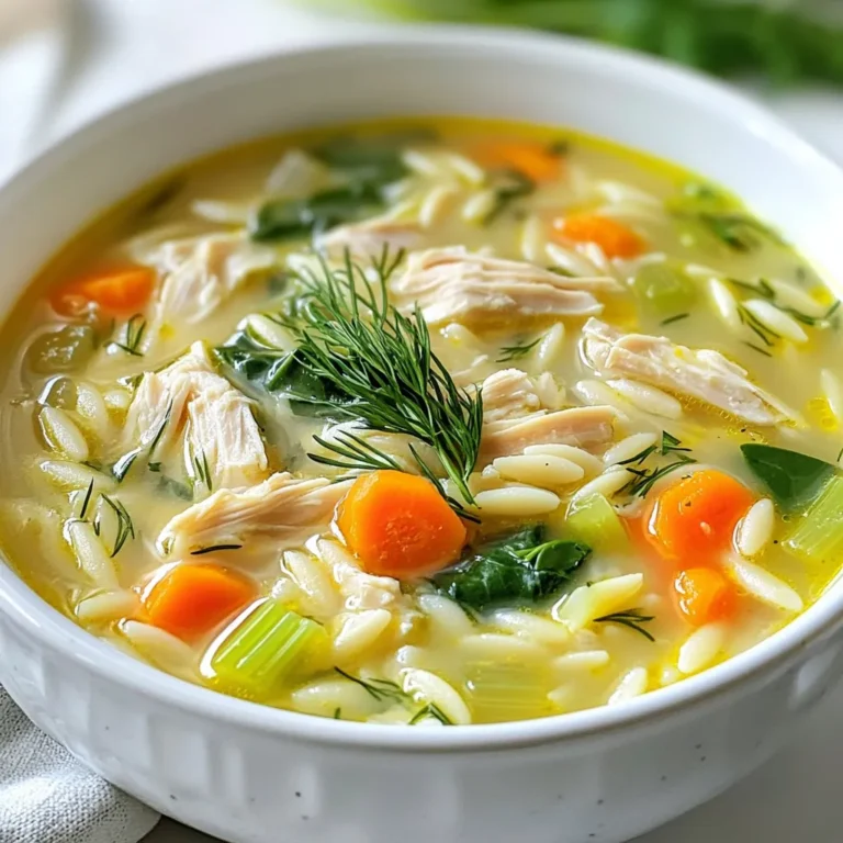 To make Creamy Lemon Chicken Orzo Soup, gather the following items: - 1 lb boneless, skinless chicken thighs - 1 tablespoon olive oil - 1 medium onion, diced - 2 carrots, diced - 2 celery stalks, diced - 3 cloves garlic, minced - 6 cups chicken broth - 1 cup orzo pasta - 1 cup heavy cream - 1 lemon, zested and juiced - Salt and pepper to taste - 2 cups fresh spinach - Fresh dill or parsley for garnish Each ingredient plays a key role in this dish. The chicken gives it a hearty base, while the vegetables add flavor and texture. The broth and cream create a rich, warm soup. Seasoning with lemon brightens the dish, and fresh herbs add a nice touch. I love how every bite warms your soul, making it a perfect comfort dish. {{ingredient_image_1}} First, grab a large pot and heat one tablespoon of olive oil over medium heat. Add one diced onion, two diced carrots, and two diced celery stalks. Sauté these veggies for about 5-7 minutes. You want them to soften up nicely. After that, add three minced garlic cloves. Cook them for another minute until they smell great. Next, push the veggies to the sides of the pot. Place one pound of boneless, skinless chicken thighs in the center. Season with salt and pepper. Sear the chicken for about 5 minutes on each side. Look for a nice brown color, as this adds flavor to the soup. Once the chicken is browned, pour in six cups of chicken broth. Bring it to a boil. Then reduce to a simmer and cover the pot. Cook for 20 minutes or until the chicken is cooked through. Remove the chicken from the pot and use two forks to shred it. Return the shredded chicken back to the pot. Now, stir in one cup of orzo pasta. Let it cook for an additional 8-10 minutes. Make sure the pasta is tender. Keep an eye on it to avoid overcooking. Lower the heat and mix in one cup of heavy cream, the zest of one lemon, and the juice from that lemon. Allow this to simmer gently for 3-5 minutes. This makes the soup creamy and bright. Finally, add two cups of fresh spinach. Stir until the spinach wilts. Taste the soup and adjust seasoning if needed. Enjoy your delicious Creamy Lemon Chicken Orzo Soup! Choosing Fresh Ingredients Fresh ingredients make a big difference in taste. When you pick your chicken, choose thighs for rich flavor. Fresh vegetables, like onions, carrots, and celery, add depth. Look for vibrant colors and firm textures. Fresh herbs, like dill or parsley, brighten the dish. Always use fresh lemon for the best zing. Balancing Acidity with Creaminess Lemon gives your soup a bright flavor. But too much acidity can overpower it. Add heavy cream slowly. This creaminess softens the tartness of the lemon. Taste as you go, adjusting the lemon juice. Aim for a balance that feels light yet rich. Perfectly Searing Chicken To get great flavor, sear your chicken well. Heat the olive oil in a large pot. When the oil shimmers, add the chicken thighs. Cook them for about five minutes on each side. This gives a nice golden brown crust. This step seals in the juices and adds depth to the soup. Cooking Orzo to Perfection Orzo cooks quickly, so timing is key. Add it after the chicken is shredded. Cook the orzo for about 8 to 10 minutes. Stir occasionally to prevent sticking. You want it tender but not mushy. This way, it holds its shape in the soup. Pro Tips Use Fresh Ingredients: Fresh vegetables and herbs can significantly enhance the flavor of the soup, providing a vibrant taste that dried or older ingredients cannot match. Customize Your Protein: While chicken thighs are tender and flavorful, you can substitute them with chicken breasts or even shredded rotisserie chicken for a quicker option. Adjust the Creaminess: For a lighter version of the soup, you can reduce the amount of heavy cream or replace it with half-and-half or a milk alternative. Storage Tips: This soup is best enjoyed fresh, but you can store leftovers in an airtight container in the fridge for up to 3 days. Reheat gently, adding a splash of broth if it thickens too much. {{image_2}} Substituting Proteins You can swap chicken thighs for chicken breast. Chicken breast gives a leaner option. If you prefer, try turkey or even shrimp. These will cook faster, so adjust your time. For a vegetarian twist, use chickpeas or tofu instead. This adds protein and keeps the dish filling. Using Different Vegetables Feel free to mix in your favorite veggies. Peas, corn, or bell peppers work well. You can also add green beans for crunch. Just remember to keep the cooking times in mind. Softer veggies, like zucchini, need less time than carrots. This way, everything cooks nicely. Adding Herbs and Spices Herbs can lift this soup to new heights. Fresh dill or parsley adds brightness. If you love bold flavors, try thyme or rosemary. A bay leaf during cooking can deepen the taste. Just remember to remove it before serving, as it’s not edible. Incorporating a Kick with Red Pepper For a little heat, add red pepper flakes. Start with just a pinch, then taste. You can add more if you like it spicy. Another option is to use fresh chopped chili peppers. This will give both heat and a fresh taste. Adjust to your spice level for the perfect bowl. How do you store leftover soup? You need to let the soup cool first. Then, pour it into a container. Make sure the lid is tight. This keeps the soup fresh. You can store it in the fridge for up to three days. What are the best containers for storage? Glass jars work well. They do not stain or absorb smells. You can also use plastic containers. Just ensure they are BPA-free and safe for food. Always label your containers with the date. What are some tips for freezing soup? First, let the soup cool completely. Then, use freezer-safe bags or containers. Leave some space at the top for expansion. You can freeze the soup for up to three months. How do you reheat frozen soup? Start by moving the soup to the fridge. Let it thaw overnight. You can also use the microwave in short bursts. Heat it on low until it warms up. Stir often to avoid hot spots. If the soup is too thick, add some broth or water. Can I use chicken breast instead of thighs? Yes, you can use chicken breast. Chicken breast is leaner than thighs. It may cook faster and can dry out if overcooked. Adjust your cooking time to avoid that. I recommend checking for doneness at 15 minutes. How do I make this soup gluten-free? To make this soup gluten-free, substitute orzo with gluten-free pasta. Rice or quinoa are other great options. Just cook them according to package directions and mix them in the soup. What can I serve with Creamy Lemon Chicken Orzo Soup? This soup pairs well with crusty bread or a fresh salad. You can serve it with a light Caesar salad for a nice balance. Garlic bread also adds a tasty touch. Enjoy! In this blog post, we explored how to make Creamy Lemon Chicken Orzo Soup. We covered the key ingredients, from chicken and veggies to broth and cream. I shared step-by-step instructions, highlighting important cooking techniques. We discussed tips for enhancing flavor and offered variations to suit your taste. Lastly, I provided storage info to keep your soup fresh. Remember, cooking should be fun and flexible. Enjoy making this soup and feel free to experiment!