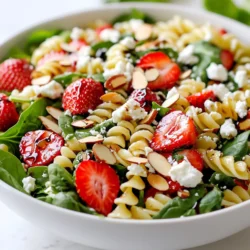 - Rotini pasta - Fresh baby spinach - Strawberries - Feta cheese - Almonds - Red onion - Balsamic glaze - Olive oil - Salt and pepper - 8 oz rotini pasta - 3 cups fresh baby spinach - 1 cup strawberries, hulled and sliced - ½ cup feta cheese, crumbled - ¼ cup almonds, sliced - ¼ cup red onion, thinly sliced - ¼ cup balsamic glaze - 2 tablespoons olive oil - Additional sliced strawberries - Sprinkle of feta cheese - Drizzle of extra balsamic glaze I love this salad because it bursts with color and flavor. The rotini pasta forms a fun base for the dish. It holds the dressing well and adds a nice texture. Fresh baby spinach adds a crisp, green touch. Strawberries bring sweetness, making each bite exciting. I use hulled and sliced strawberries for easy eating. Feta cheese adds creaminess and a salty kick. The sliced almonds give a satisfying crunch. I also add thinly sliced red onion for a sharp taste. The balance of these ingredients creates a delightful mix. For the dressing, I whisk together balsamic glaze and olive oil. This combo adds a tangy and rich flavor. I sprinkle salt and pepper to enhance it further. You can adjust the salt to fit your taste. To finish, I recommend garnishing with more sliced strawberries and feta. This makes the salad look stunning. A drizzle of extra balsamic glaze adds a lovely touch. Once you try this salad, you'll be hooked! {{ingredient_image_1}} - Boil 8 oz of rotini pasta in salted water. - Cook until al dente for the best texture. - Drain the pasta and rinse with cold water. - In a large bowl, mix the cooled pasta with 3 cups of fresh baby spinach. - Add 1 cup of hulled and sliced strawberries. - Incorporate ½ cup of crumbled feta cheese. - Toss in ¼ cup of sliced almonds and ¼ cup of thinly sliced red onion. - In a small bowl, whisk ¼ cup balsamic glaze with 2 tablespoons of olive oil. - Season the dressing with salt and pepper to taste. - Drizzle the dressing over the salad mix. - Gently toss until all ingredients are coated. - Let the salad sit for about 10 minutes to allow flavors to meld. To make great pasta, cook it al dente. This means it should be firm, not mushy. Follow the package instructions for the best results. After cooking, drain the pasta and rinse it with cold water. This stops the cooking process and cools it down fast. Let your salad sit for about 10 minutes before serving. This helps the flavors mix well. If you want more taste, try adding a pinch of salt or a dash of pepper. You can also add more balsamic glaze to enhance the sweet and tangy flavor. When serving, use a large, shallow bowl. This lets everyone see the bright colors. Garnish with extra sliced strawberries and a sprinkle of feta cheese. For an extra touch, drizzle more balsamic glaze on top. It adds flair and makes the salad look even more appealing. Pro Tips Use Fresh Ingredients: Always opt for the freshest strawberries and spinach to enhance the salad's flavor and nutritional value. Customize Your Nuts: Feel free to swap out almonds for walnuts or pecans for a different texture and flavor profile. Chill Before Serving: Letting the salad chill in the refrigerator for about 30 minutes can intensify the flavors and make it more refreshing. Make It a Meal: Add grilled chicken or shrimp to turn this salad into a complete meal that's both filling and nutritious. {{image_2}} You can switch up the greens in this salad. Try using arugula or kale for a different taste. If you want to add more fruit, blueberries or sliced apples work great too. These fruits add a nice crunch and sweet flavor. Adding protein makes this salad heartier. Grilled chicken is a tasty choice. You can also use chickpeas for a plant-based option. If you want to change the cheese, goat cheese can add a creamy touch. Vinaigrettes can change the whole flavor of the salad. A honey mustard or citrus vinaigrette can be refreshing. For a homemade dressing, mix olive oil, vinegar, and your favorite herbs. This gives you more control over flavor and freshness. After making the salad, store leftovers in the refrigerator. Use an airtight container to keep it fresh. This salad stays good for about three days. To maintain the best taste, eat it within that time. Keep the dressing separate if you can. This way, the salad won’t get soggy. Add the dressing just before serving for the best flavor. Freezing the salad is not recommended. The pasta and spinach do not freeze well. They can become mushy when thawed. Berries like strawberries also lose their texture in the freezer. If you want to store ingredients, freeze the pasta alone. You can prepare it and mix it later with fresh ingredients. If you need to warm the pasta, do so gently. Place it in a pot with a splash of water. Heat over low until warm. Avoid microwaving, as it can dry out. After warming, mix it with fresh spinach and other ingredients. This keeps the salad fresh and tasty. Yes, you can make this salad ahead of time. I recommend preparing it up to a day in advance. Just keep it in the fridge. The flavors will blend well as it sits. To make this salad gluten-free, use gluten-free rotini pasta. Many brands offer great options that taste just as good. Check the label to ensure it’s safe for your diet. If you need a substitute for feta cheese, try goat cheese or ricotta. You can also use crumbled tofu for a dairy-free option. These will still give your salad a lovely creamy texture. This salad lasts about 3 days in the fridge. Store it in an airtight container to keep it fresh. Just note that the spinach may wilt over time. Absolutely! You can add nuts like walnuts or pecans for extra crunch. Sunflower seeds or pumpkin seeds are also great choices. They add texture and a boost of nutrition. This blog post covered how to make a fresh Strawberry Spinach Pasta Salad. We looked at all the needed ingredients and their measurements. You learned step-by-step cooking instructions and useful tips. We explored fun variations and how to store leftovers. Enjoy making this salad for a light meal or side dish. The flavors will impress everyone. Don’t be afraid to experiment with ingredients. Happy cooking!