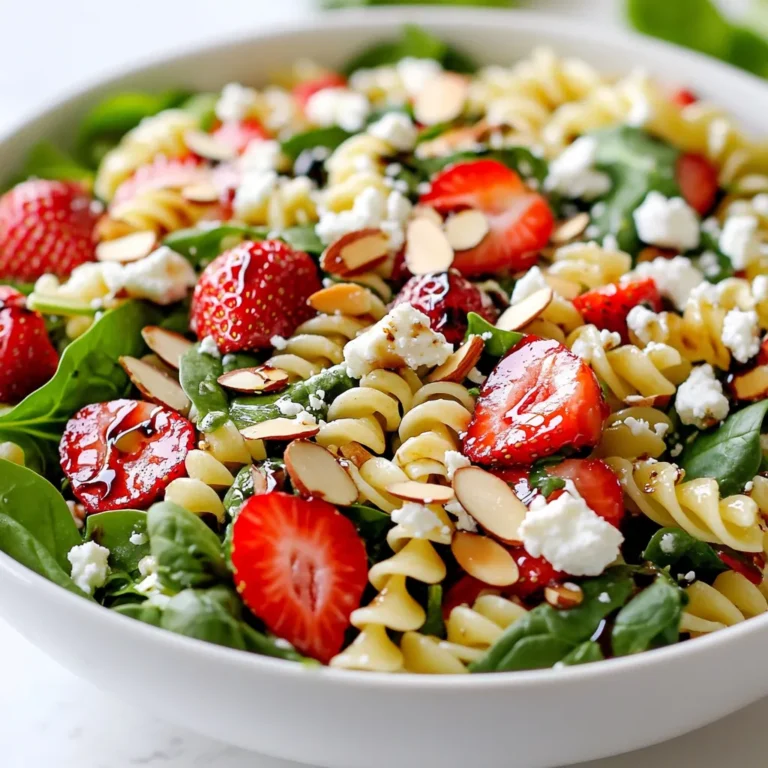 - Rotini pasta - Fresh baby spinach - Strawberries - Feta cheese - Almonds - Red onion - Balsamic glaze - Olive oil - Salt and pepper - 8 oz rotini pasta - 3 cups fresh baby spinach - 1 cup strawberries, hulled and sliced - ½ cup feta cheese, crumbled - ¼ cup almonds, sliced - ¼ cup red onion, thinly sliced - ¼ cup balsamic glaze - 2 tablespoons olive oil - Additional sliced strawberries - Sprinkle of feta cheese - Drizzle of extra balsamic glaze I love this salad because it bursts with color and flavor. The rotini pasta forms a fun base for the dish. It holds the dressing well and adds a nice texture. Fresh baby spinach adds a crisp, green touch. Strawberries bring sweetness, making each bite exciting. I use hulled and sliced strawberries for easy eating. Feta cheese adds creaminess and a salty kick. The sliced almonds give a satisfying crunch. I also add thinly sliced red onion for a sharp taste. The balance of these ingredients creates a delightful mix. For the dressing, I whisk together balsamic glaze and olive oil. This combo adds a tangy and rich flavor. I sprinkle salt and pepper to enhance it further. You can adjust the salt to fit your taste. To finish, I recommend garnishing with more sliced strawberries and feta. This makes the salad look stunning. A drizzle of extra balsamic glaze adds a lovely touch. Once you try this salad, you'll be hooked! {{ingredient_image_1}} - Boil 8 oz of rotini pasta in salted water. - Cook until al dente for the best texture. - Drain the pasta and rinse with cold water. - In a large bowl, mix the cooled pasta with 3 cups of fresh baby spinach. - Add 1 cup of hulled and sliced strawberries. - Incorporate ½ cup of crumbled feta cheese. - Toss in ¼ cup of sliced almonds and ¼ cup of thinly sliced red onion. - In a small bowl, whisk ¼ cup balsamic glaze with 2 tablespoons of olive oil. - Season the dressing with salt and pepper to taste. - Drizzle the dressing over the salad mix. - Gently toss until all ingredients are coated. - Let the salad sit for about 10 minutes to allow flavors to meld. To make great pasta, cook it al dente. This means it should be firm, not mushy. Follow the package instructions for the best results. After cooking, drain the pasta and rinse it with cold water. This stops the cooking process and cools it down fast. Let your salad sit for about 10 minutes before serving. This helps the flavors mix well. If you want more taste, try adding a pinch of salt or a dash of pepper. You can also add more balsamic glaze to enhance the sweet and tangy flavor. When serving, use a large, shallow bowl. This lets everyone see the bright colors. Garnish with extra sliced strawberries and a sprinkle of feta cheese. For an extra touch, drizzle more balsamic glaze on top. It adds flair and makes the salad look even more appealing. Pro Tips Use Fresh Ingredients: Always opt for the freshest strawberries and spinach to enhance the salad's flavor and nutritional value. Customize Your Nuts: Feel free to swap out almonds for walnuts or pecans for a different texture and flavor profile. Chill Before Serving: Letting the salad chill in the refrigerator for about 30 minutes can intensify the flavors and make it more refreshing. Make It a Meal: Add grilled chicken or shrimp to turn this salad into a complete meal that's both filling and nutritious. {{image_2}} You can switch up the greens in this salad. Try using arugula or kale for a different taste. If you want to add more fruit, blueberries or sliced apples work great too. These fruits add a nice crunch and sweet flavor. Adding protein makes this salad heartier. Grilled chicken is a tasty choice. You can also use chickpeas for a plant-based option. If you want to change the cheese, goat cheese can add a creamy touch. Vinaigrettes can change the whole flavor of the salad. A honey mustard or citrus vinaigrette can be refreshing. For a homemade dressing, mix olive oil, vinegar, and your favorite herbs. This gives you more control over flavor and freshness. After making the salad, store leftovers in the refrigerator. Use an airtight container to keep it fresh. This salad stays good for about three days. To maintain the best taste, eat it within that time. Keep the dressing separate if you can. This way, the salad won’t get soggy. Add the dressing just before serving for the best flavor. Freezing the salad is not recommended. The pasta and spinach do not freeze well. They can become mushy when thawed. Berries like strawberries also lose their texture in the freezer. If you want to store ingredients, freeze the pasta alone. You can prepare it and mix it later with fresh ingredients. If you need to warm the pasta, do so gently. Place it in a pot with a splash of water. Heat over low until warm. Avoid microwaving, as it can dry out. After warming, mix it with fresh spinach and other ingredients. This keeps the salad fresh and tasty. Yes, you can make this salad ahead of time. I recommend preparing it up to a day in advance. Just keep it in the fridge. The flavors will blend well as it sits. To make this salad gluten-free, use gluten-free rotini pasta. Many brands offer great options that taste just as good. Check the label to ensure it’s safe for your diet. If you need a substitute for feta cheese, try goat cheese or ricotta. You can also use crumbled tofu for a dairy-free option. These will still give your salad a lovely creamy texture. This salad lasts about 3 days in the fridge. Store it in an airtight container to keep it fresh. Just note that the spinach may wilt over time. Absolutely! You can add nuts like walnuts or pecans for extra crunch. Sunflower seeds or pumpkin seeds are also great choices. They add texture and a boost of nutrition. This blog post covered how to make a fresh Strawberry Spinach Pasta Salad. We looked at all the needed ingredients and their measurements. You learned step-by-step cooking instructions and useful tips. We explored fun variations and how to store leftovers. Enjoy making this salad for a light meal or side dish. The flavors will impress everyone. Don’t be afraid to experiment with ingredients. Happy cooking!