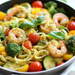 To create this tasty dish, you will need: - 8 ounces fettuccine pasta - 1 pound large shrimp, peeled and deveined - 2 cups broccoli florets - 1 bell pepper, thinly sliced (red or yellow) - 1 zucchini, sliced into thin rounds - 1 cup cherry tomatoes, halved - 1/4 cup basil pesto (homemade or store-bought) - 3 tablespoons olive oil - 3 cloves garlic, minced - Salt and pepper to taste - Grated Parmesan cheese, for serving (optional) - Fresh basil leaves, for garnish These ingredients bring fresh flavors and bright colors to your plate. The shrimp adds protein, while the veggies offer crunch and nutrients. Fettuccine holds the sauce well, making each bite delightful. You can customize your pasta primavera with these options: - Add asparagus or spinach for more greens. - Use whole wheat or gluten-free pasta for a healthier twist. - Try sun-dried tomatoes for a punch of flavor. - Swap shrimp with chicken or tofu for a different protein. These variations allow you to adjust the dish to your taste or dietary needs. Feel free to experiment! To make cooking easier, gather these tools: - Large pot for boiling pasta - Skillet for sautéing - Colander for draining pasta - Mixing spoon for combining ingredients - Knife and cutting board for chopping veggies Using the right tools helps you work efficiently. Having everything prepared makes cooking fun and smooth. Enjoy creating your Pesto Shrimp Pasta Primavera! {{ingredient_image_1}} Start by boiling a large pot of water. Add a good amount of salt. This helps flavor the pasta. Once the water is boiling, add 8 ounces of fettuccine pasta. Cook it according to the package instructions until it is al dente. This usually takes around 8 to 10 minutes. When it is done, drain the pasta. Set it aside, but save a little pasta water for later. Next, take out a large skillet. Heat 2 tablespoons of olive oil over medium heat. Add 3 cloves of minced garlic. Sauté for about 30 seconds, until the garlic smells great. Now, add 1 pound of large shrimp. Cook the shrimp for 2 to 3 minutes on each side. They should turn pink and opaque. Season with salt and pepper. Once cooked, remove the shrimp from the skillet and set them aside. In the same skillet, add the last tablespoon of olive oil. Toss in 2 cups of broccoli florets, 1 sliced bell pepper, and 1 sliced zucchini. Sauté these for about 4 to 5 minutes. You want them slightly tender but still crisp. After that, add 1 cup of halved cherry tomatoes. Cook for another 2 minutes until the tomatoes soften. Now it’s time to bring everything together. Add the drained fettuccine back into the skillet. Pour in the sautéed shrimp and 1/4 cup of basil pesto. Mix everything well so the pasta is coated with the pesto. If the dish is too dry, add a splash of the reserved pasta water. This helps create a nice sauce. Taste your creation and add more salt or pepper if needed. To serve, divide the pasta primavera between plates. Garnish with freshly grated Parmesan cheese and a few fresh basil leaves on top. This adds a lovely touch and flavor. Enjoy your colorful and tasty pesto shrimp pasta primavera! To sauté shrimp well, start with a hot pan. Use medium heat and add olive oil. Make sure the oil shimmers before adding shrimp. Cook shrimp for 2-3 minutes on each side. They should turn pink and opaque when done. Avoid overcrowding the pan. Cook in batches if needed. This way, each shrimp gets a nice sear. Fettuccine works great for this dish, but other pastas can work too. You may use linguine or spaghetti for a twist. The key is to choose a pasta that can hold sauce well. Look for pasta made from durum wheat for a firm texture. You want it to be al dente for the best bite. To store leftovers, let the pasta cool first. Place it in an airtight container. It will last in the fridge for up to three days. When reheating, add a splash of water or olive oil. This helps prevent it from drying out. Heat gently in a pan over low heat for best results. You can also use a microwave if you prefer. Just cover the dish to keep moisture in. Pro Tips Use Fresh Ingredients: For the best flavor, use fresh shrimp and seasonal vegetables. Fresh produce enhances the overall taste and nutrition of your dish. Customize Your Pesto: Feel free to experiment with different types of pesto, such as sun-dried tomato or spinach pesto, to add a unique twist to the traditional flavor. Don't Overcook the Shrimp: Shrimp cook quickly; remove them from the heat as soon as they turn pink and opaque to avoid a rubbery texture. Save Pasta Water: The starchy pasta water can help adjust the consistency of your sauce. Add a little at a time to reach your desired creaminess without making it too watery. {{image_2}} If you want a meatless dish, swap shrimp for plant-based options. Try using firm tofu or chickpeas. They both add protein and texture. Tofu soaks up flavors well, while chickpeas give a nice bite. You can also use mushrooms for a hearty twist. To make this dish gluten-free, choose gluten-free pasta. Options include brown rice pasta or quinoa pasta. These pastas work well and cook similar to regular pasta. They still deliver that great texture and taste you crave. Seasonal veggies bring freshness to your meal. In spring, use asparagus and snap peas. In summer, try bell peppers, eggplant, and zucchini. Fall offers squash and kale, while winter calls for root veggies like carrots and parsnips. Feel free to mix and match based on what you love! To store leftover pesto shrimp pasta primavera, wait until it cools down. Place it in a container with a tight lid. This keeps the flavors fresh and prevents spills. I recommend using glass or BPA-free plastic containers. They are safe and help keep your food fresh. Make sure the container is large enough to hold all the pasta without squishing it. In the fridge, your pasta primavera will last for about three days. If you freeze it, it can last up to three months. Just make sure to use a freezer-safe container. To reheat, thaw it overnight in the fridge before warming it up on the stove or in the microwave. Yes, you can use store-bought pesto. It saves time and still tastes great. Just choose a high-quality brand for the best flavor. If you want to add more zing, mix in some fresh herbs. To add heat, you can use crushed red pepper flakes. Start with a pinch and adjust to your taste. You can also add sliced jalapeños or a dash of hot sauce for extra kick. You can add many veggies to this dish. Try asparagus, spinach, or carrots for color and taste. Peas and green beans also work well. Mix and match based on what you have at home. Yes, this dish is great for meal prep. Cook it ahead of time and store in containers. Keep the pasta and veggies separate from the shrimp to avoid sogginess. Reheat in the microwave when ready to eat. Pesto Shrimp Pasta Primavera is a fun and tasty dish. You now know the main and optional ingredients, along with the tools needed. I’ve shared step-by-step instructions for making it easy. You learned tips for perfecting the shrimp and storing leftovers. We even explored variations to fit your diet. This dish offers great flavor and flexibility. Enjoy trying your own twist on it!