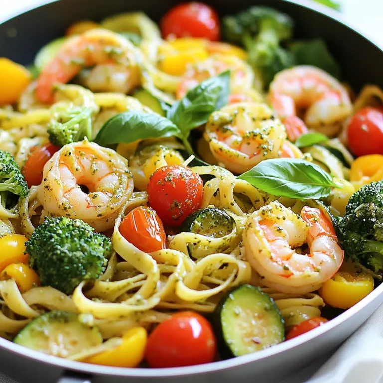 To create this tasty dish, you will need: - 8 ounces fettuccine pasta - 1 pound large shrimp, peeled and deveined - 2 cups broccoli florets - 1 bell pepper, thinly sliced (red or yellow) - 1 zucchini, sliced into thin rounds - 1 cup cherry tomatoes, halved - 1/4 cup basil pesto (homemade or store-bought) - 3 tablespoons olive oil - 3 cloves garlic, minced - Salt and pepper to taste - Grated Parmesan cheese, for serving (optional) - Fresh basil leaves, for garnish These ingredients bring fresh flavors and bright colors to your plate. The shrimp adds protein, while the veggies offer crunch and nutrients. Fettuccine holds the sauce well, making each bite delightful. You can customize your pasta primavera with these options: - Add asparagus or spinach for more greens. - Use whole wheat or gluten-free pasta for a healthier twist. - Try sun-dried tomatoes for a punch of flavor. - Swap shrimp with chicken or tofu for a different protein. These variations allow you to adjust the dish to your taste or dietary needs. Feel free to experiment! To make cooking easier, gather these tools: - Large pot for boiling pasta - Skillet for sautéing - Colander for draining pasta - Mixing spoon for combining ingredients - Knife and cutting board for chopping veggies Using the right tools helps you work efficiently. Having everything prepared makes cooking fun and smooth. Enjoy creating your Pesto Shrimp Pasta Primavera! {{ingredient_image_1}} Start by boiling a large pot of water. Add a good amount of salt. This helps flavor the pasta. Once the water is boiling, add 8 ounces of fettuccine pasta. Cook it according to the package instructions until it is al dente. This usually takes around 8 to 10 minutes. When it is done, drain the pasta. Set it aside, but save a little pasta water for later. Next, take out a large skillet. Heat 2 tablespoons of olive oil over medium heat. Add 3 cloves of minced garlic. Sauté for about 30 seconds, until the garlic smells great. Now, add 1 pound of large shrimp. Cook the shrimp for 2 to 3 minutes on each side. They should turn pink and opaque. Season with salt and pepper. Once cooked, remove the shrimp from the skillet and set them aside. In the same skillet, add the last tablespoon of olive oil. Toss in 2 cups of broccoli florets, 1 sliced bell pepper, and 1 sliced zucchini. Sauté these for about 4 to 5 minutes. You want them slightly tender but still crisp. After that, add 1 cup of halved cherry tomatoes. Cook for another 2 minutes until the tomatoes soften. Now it’s time to bring everything together. Add the drained fettuccine back into the skillet. Pour in the sautéed shrimp and 1/4 cup of basil pesto. Mix everything well so the pasta is coated with the pesto. If the dish is too dry, add a splash of the reserved pasta water. This helps create a nice sauce. Taste your creation and add more salt or pepper if needed. To serve, divide the pasta primavera between plates. Garnish with freshly grated Parmesan cheese and a few fresh basil leaves on top. This adds a lovely touch and flavor. Enjoy your colorful and tasty pesto shrimp pasta primavera! To sauté shrimp well, start with a hot pan. Use medium heat and add olive oil. Make sure the oil shimmers before adding shrimp. Cook shrimp for 2-3 minutes on each side. They should turn pink and opaque when done. Avoid overcrowding the pan. Cook in batches if needed. This way, each shrimp gets a nice sear. Fettuccine works great for this dish, but other pastas can work too. You may use linguine or spaghetti for a twist. The key is to choose a pasta that can hold sauce well. Look for pasta made from durum wheat for a firm texture. You want it to be al dente for the best bite. To store leftovers, let the pasta cool first. Place it in an airtight container. It will last in the fridge for up to three days. When reheating, add a splash of water or olive oil. This helps prevent it from drying out. Heat gently in a pan over low heat for best results. You can also use a microwave if you prefer. Just cover the dish to keep moisture in. Pro Tips Use Fresh Ingredients: For the best flavor, use fresh shrimp and seasonal vegetables. Fresh produce enhances the overall taste and nutrition of your dish. Customize Your Pesto: Feel free to experiment with different types of pesto, such as sun-dried tomato or spinach pesto, to add a unique twist to the traditional flavor. Don't Overcook the Shrimp: Shrimp cook quickly; remove them from the heat as soon as they turn pink and opaque to avoid a rubbery texture. Save Pasta Water: The starchy pasta water can help adjust the consistency of your sauce. Add a little at a time to reach your desired creaminess without making it too watery. {{image_2}} If you want a meatless dish, swap shrimp for plant-based options. Try using firm tofu or chickpeas. They both add protein and texture. Tofu soaks up flavors well, while chickpeas give a nice bite. You can also use mushrooms for a hearty twist. To make this dish gluten-free, choose gluten-free pasta. Options include brown rice pasta or quinoa pasta. These pastas work well and cook similar to regular pasta. They still deliver that great texture and taste you crave. Seasonal veggies bring freshness to your meal. In spring, use asparagus and snap peas. In summer, try bell peppers, eggplant, and zucchini. Fall offers squash and kale, while winter calls for root veggies like carrots and parsnips. Feel free to mix and match based on what you love! To store leftover pesto shrimp pasta primavera, wait until it cools down. Place it in a container with a tight lid. This keeps the flavors fresh and prevents spills. I recommend using glass or BPA-free plastic containers. They are safe and help keep your food fresh. Make sure the container is large enough to hold all the pasta without squishing it. In the fridge, your pasta primavera will last for about three days. If you freeze it, it can last up to three months. Just make sure to use a freezer-safe container. To reheat, thaw it overnight in the fridge before warming it up on the stove or in the microwave. Yes, you can use store-bought pesto. It saves time and still tastes great. Just choose a high-quality brand for the best flavor. If you want to add more zing, mix in some fresh herbs. To add heat, you can use crushed red pepper flakes. Start with a pinch and adjust to your taste. You can also add sliced jalapeños or a dash of hot sauce for extra kick. You can add many veggies to this dish. Try asparagus, spinach, or carrots for color and taste. Peas and green beans also work well. Mix and match based on what you have at home. Yes, this dish is great for meal prep. Cook it ahead of time and store in containers. Keep the pasta and veggies separate from the shrimp to avoid sogginess. Reheat in the microwave when ready to eat. Pesto Shrimp Pasta Primavera is a fun and tasty dish. You now know the main and optional ingredients, along with the tools needed. I’ve shared step-by-step instructions for making it easy. You learned tips for perfecting the shrimp and storing leftovers. We even explored variations to fit your diet. This dish offers great flavor and flexibility. Enjoy trying your own twist on it!