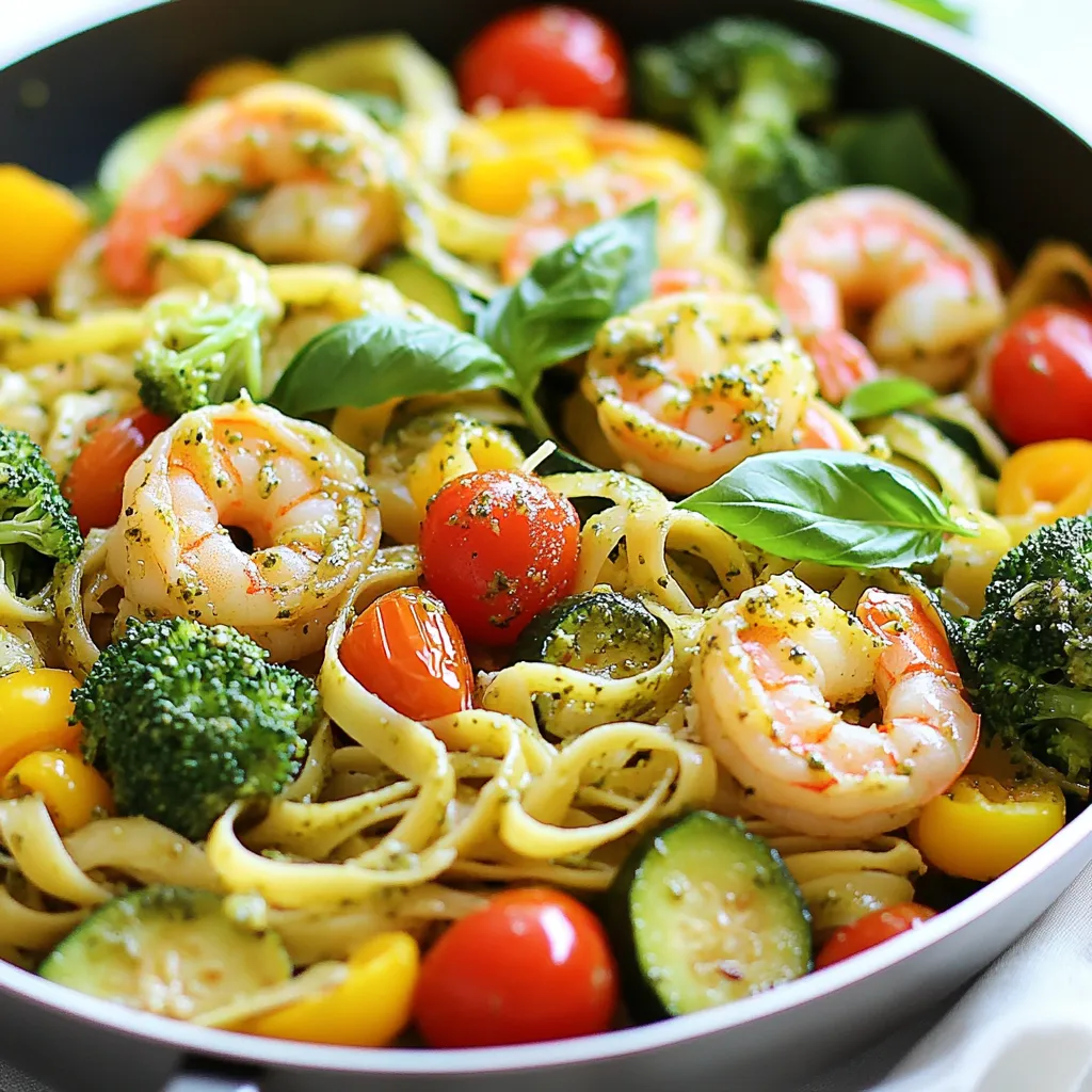 To create this tasty dish, you will need: - 8 ounces fettuccine pasta - 1 pound large shrimp, peeled and deveined - 2 cups broccoli florets - 1 bell pepper, thinly sliced (red or yellow) - 1 zucchini, sliced into thin rounds - 1 cup cherry tomatoes, halved - 1/4 cup basil pesto (homemade or store-bought) - 3 tablespoons olive oil - 3 cloves garlic, minced - Salt and pepper to taste - Grated Parmesan cheese, for serving (optional) - Fresh basil leaves, for garnish These ingredients bring fresh flavors and bright colors to your plate. The shrimp adds protein, while the veggies offer crunch and nutrients. Fettuccine holds the sauce well, making each bite delightful. You can customize your pasta primavera with these options: - Add asparagus or spinach for more greens. - Use whole wheat or gluten-free pasta for a healthier twist. - Try sun-dried tomatoes for a punch of flavor. - Swap shrimp with chicken or tofu for a different protein. These variations allow you to adjust the dish to your taste or dietary needs. Feel free to experiment! To make cooking easier, gather these tools: - Large pot for boiling pasta - Skillet for sautéing - Colander for draining pasta - Mixing spoon for combining ingredients - Knife and cutting board for chopping veggies Using the right tools helps you work efficiently. Having everything prepared makes cooking fun and smooth. Enjoy creating your Pesto Shrimp Pasta Primavera! {{ingredient_image_1}} Start by boiling a large pot of water. Add a good amount of salt. This helps flavor the pasta. Once the water is boiling, add 8 ounces of fettuccine pasta. Cook it according to the package instructions until it is al dente. This usually takes around 8 to 10 minutes. When it is done, drain the pasta. Set it aside, but save a little pasta water for later. Next, take out a large skillet. Heat 2 tablespoons of olive oil over medium heat. Add 3 cloves of minced garlic. Sauté for about 30 seconds, until the garlic smells great. Now, add 1 pound of large shrimp. Cook the shrimp for 2 to 3 minutes on each side. They should turn pink and opaque. Season with salt and pepper. Once cooked, remove the shrimp from the skillet and set them aside. In the same skillet, add the last tablespoon of olive oil. Toss in 2 cups of broccoli florets, 1 sliced bell pepper, and 1 sliced zucchini. Sauté these for about 4 to 5 minutes. You want them slightly tender but still crisp. After that, add 1 cup of halved cherry tomatoes. Cook for another 2 minutes until the tomatoes soften. Now it’s time to bring everything together. Add the drained fettuccine back into the skillet. Pour in the sautéed shrimp and 1/4 cup of basil pesto. Mix everything well so the pasta is coated with the pesto. If the dish is too dry, add a splash of the reserved pasta water. This helps create a nice sauce. Taste your creation and add more salt or pepper if needed. To serve, divide the pasta primavera between plates. Garnish with freshly grated Parmesan cheese and a few fresh basil leaves on top. This adds a lovely touch and flavor. Enjoy your colorful and tasty pesto shrimp pasta primavera! To sauté shrimp well, start with a hot pan. Use medium heat and add olive oil. Make sure the oil shimmers before adding shrimp. Cook shrimp for 2-3 minutes on each side. They should turn pink and opaque when done. Avoid overcrowding the pan. Cook in batches if needed. This way, each shrimp gets a nice sear. Fettuccine works great for this dish, but other pastas can work too. You may use linguine or spaghetti for a twist. The key is to choose a pasta that can hold sauce well. Look for pasta made from durum wheat for a firm texture. You want it to be al dente for the best bite. To store leftovers, let the pasta cool first. Place it in an airtight container. It will last in the fridge for up to three days. When reheating, add a splash of water or olive oil. This helps prevent it from drying out. Heat gently in a pan over low heat for best results. You can also use a microwave if you prefer. Just cover the dish to keep moisture in. Pro Tips Use Fresh Ingredients: For the best flavor, use fresh shrimp and seasonal vegetables. Fresh produce enhances the overall taste and nutrition of your dish. Customize Your Pesto: Feel free to experiment with different types of pesto, such as sun-dried tomato or spinach pesto, to add a unique twist to the traditional flavor. Don't Overcook the Shrimp: Shrimp cook quickly; remove them from the heat as soon as they turn pink and opaque to avoid a rubbery texture. Save Pasta Water: The starchy pasta water can help adjust the consistency of your sauce. Add a little at a time to reach your desired creaminess without making it too watery. {{image_2}} If you want a meatless dish, swap shrimp for plant-based options. Try using firm tofu or chickpeas. They both add protein and texture. Tofu soaks up flavors well, while chickpeas give a nice bite. You can also use mushrooms for a hearty twist. To make this dish gluten-free, choose gluten-free pasta. Options include brown rice pasta or quinoa pasta. These pastas work well and cook similar to regular pasta. They still deliver that great texture and taste you crave. Seasonal veggies bring freshness to your meal. In spring, use asparagus and snap peas. In summer, try bell peppers, eggplant, and zucchini. Fall offers squash and kale, while winter calls for root veggies like carrots and parsnips. Feel free to mix and match based on what you love! To store leftover pesto shrimp pasta primavera, wait until it cools down. Place it in a container with a tight lid. This keeps the flavors fresh and prevents spills. I recommend using glass or BPA-free plastic containers. They are safe and help keep your food fresh. Make sure the container is large enough to hold all the pasta without squishing it. In the fridge, your pasta primavera will last for about three days. If you freeze it, it can last up to three months. Just make sure to use a freezer-safe container. To reheat, thaw it overnight in the fridge before warming it up on the stove or in the microwave. Yes, you can use store-bought pesto. It saves time and still tastes great. Just choose a high-quality brand for the best flavor. If you want to add more zing, mix in some fresh herbs. To add heat, you can use crushed red pepper flakes. Start with a pinch and adjust to your taste. You can also add sliced jalapeños or a dash of hot sauce for extra kick. You can add many veggies to this dish. Try asparagus, spinach, or carrots for color and taste. Peas and green beans also work well. Mix and match based on what you have at home. Yes, this dish is great for meal prep. Cook it ahead of time and store in containers. Keep the pasta and veggies separate from the shrimp to avoid sogginess. Reheat in the microwave when ready to eat. Pesto Shrimp Pasta Primavera is a fun and tasty dish. You now know the main and optional ingredients, along with the tools needed. I’ve shared step-by-step instructions for making it easy. You learned tips for perfecting the shrimp and storing leftovers. We even explored variations to fit your diet. This dish offers great flavor and flexibility. Enjoy trying your own twist on it!