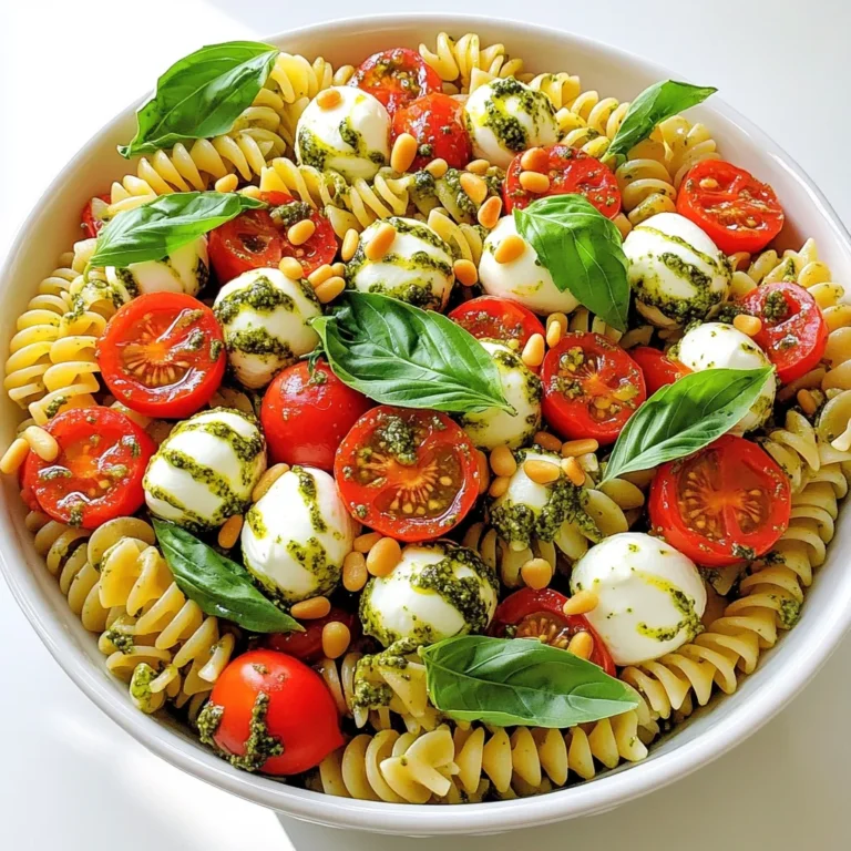 - 8 oz rotini pasta - 1 cup cherry tomatoes, halved - 1 cup fresh mozzarella balls (bocconcini) - 1 cup fresh basil leaves, torn - 1 cup homemade or store-bought basil pesto - 2 tablespoons extra virgin olive oil - ¼ cup pine nuts, toasted - Salt and pepper to taste How to measure pasta and pesto accurately: When measuring pasta, use a kitchen scale for precise amounts. 8 oz of rotini pasta is about 2 cups dry. For pesto, a standard measuring cup works best. Fill it to the top for the right amount. Tips for selecting fresh ingredients: Choose firm and vibrant cherry tomatoes. Look for mozzarella balls that are smooth and shiny. Fresh basil should smell sweet and have bright green leaves. Always pick high-quality extra virgin olive oil for the best flavor. First, boil water in a large pot. Add salt to taste. Once boiling, add the rotini pasta. Cook it until it is al dente. This means it should be firm to the bite. Check the package for the cooking time, usually around 8-10 minutes. When the pasta is done, drain it in a colander. Rinse it under cold water. This stops the cooking process and cools the pasta down. By rinsing, you keep it from becoming sticky. Now, grab a large mixing bowl. Add the cooled rotini pasta to the bowl. Cut the cherry tomatoes in half and add them. Next, toss in the fresh mozzarella balls. Then, tear the fresh basil leaves and add them to the mixture. Drizzle the basil pesto and olive oil over the ingredients. Toss everything gently. Make sure each piece is well-coated with the pesto. This helps all the flavors blend together. Next, season the salad with salt and pepper. Taste it to see if you need more. If you like, add toasted pine nuts for a nice crunch. Toss the salad again to mix in the pine nuts. Finally, cover the bowl with plastic wrap. Place the salad in the fridge for about 30 minutes. This helps the flavors meld together. Before serving, give it one last toss to ensure everything is well mixed. Enjoy your fresh and flavorful dish! To make your Pesto Caprese Pasta Salad shine, focus on pairing fresh ingredients. The bright taste of cherry tomatoes complements the creamy mozzarella and the herbaceous pesto. Use ripe tomatoes for the best flavor. Add salt and pepper at the end. This helps you control the taste. Start with a pinch, then taste. You can always add more later if needed. Serve your salad in a large, shallow dish. This makes it look inviting. You can also use individual bowls for a personal touch. For garnishing, add whole basil leaves on top. Drizzle with a little olive oil. This gives it a fresh and elegant look. If you have dietary needs, you can switch out ingredients. Use gluten-free pasta if you prefer. For a dairy-free option, try using vegan cheese or skip the cheese altogether. Adding proteins can make your salad heartier. Grilled chicken or shrimp works well. If you want a vegetarian option, consider chickpeas or tofu. You can also add more veggies, like bell peppers or spinach, to boost nutrition and flavor. {{image_2}} You can make this dish even more exciting. For meat substitutes, try using grilled mushrooms or marinated artichokes. Both options add great flavor. You can also toss in more vegetables. Think about adding bell peppers, zucchini, or even spinach. These extra veggies boost nutrition and color. Want to make it heartier? Add grilled chicken or shrimp for a protein punch. They blend well with the flavors. If you prefer plant-based options, try adding tofu or chickpeas. Both are great sources of protein and keep the dish filling. Changing up the pesto can bring new life to this salad. Try sun-dried tomato pesto or arugula pesto for a twist. Each type brings its own unique taste. You can also play with cheese options. Instead of mozzarella, try feta or goat cheese. They add a tangy flavor that pairs nicely with the other ingredients. To keep your Pesto Caprese Pasta Salad fresh, store it in an airtight container. Refrigerate it right after serving. This helps keep the ingredients from wilting or getting soggy. If you have leftovers, make sure to seal them well. You can freeze the pasta salad if you want to save it longer. Place it in a freezer-safe container, but leave out the fresh basil and tomatoes. These do not freeze well. To reheat, thaw the salad in the fridge overnight. Then, add fresh basil and tomatoes before serving again. In the fridge, your salad can last about 3 to 5 days. Always check for signs of spoilage. If you see any mold or if it smells off, it’s best to throw it away. Enjoy your salad while it’s fresh for the best taste! To make basil pesto, you'll need a few simple ingredients: - 2 cups fresh basil leaves - 1/2 cup extra virgin olive oil - 1/3 cup pine nuts - 1/2 cup grated Parmesan cheese - 2 garlic cloves - Salt to taste Here’s a quick recipe for homemade pesto: 1. Blend: Place the basil, garlic, and pine nuts in a food processor. Pulse until finely chopped. 2. Add Oil: With the processor running, slowly drizzle in the olive oil until smooth. 3. Mix Cheese: Add the Parmesan cheese. Pulse until fully combined. 4. Season: Taste and add salt as needed. This homemade pesto is fresh and perfect for your pasta salad. Yes, you can use gluten-free pasta! Some of the best types are: - Brown rice pasta - Quinoa pasta - Chickpea pasta - Lentil pasta Cooking tips for gluten-free pasta include: - Cook according to the package instructions. - Stir occasionally to prevent sticking. - Rinse it under cold water after cooking to stop the process. These tips help you enjoy a tasty dish without gluten. You can serve many dishes with Pesto Caprese Pasta Salad. Some great options are: - Grilled chicken or shrimp for protein - A fresh green salad for extra veggies - Garlic bread for a crunchy side Popular pairing suggestions include: - A classic caprese salad for a full Italian theme - Roasted vegetables for a colorful plate - A light white wine to enhance the meal These pairings make your dining experience more delightful and satisfying. This blog post explored making a delicious Pesto Caprese Pasta Salad. We reviewed key ingredients, including rotini pasta and fresh mozzarella. I shared step-by-step instructions for preparing and mixing the salad. You learned tips for enhancing flavors and presentation. We also discussed variations and how to store the salad for optimal freshness. In closing, this salad is versatile and easy to make. Feel free to experiment with your favorite ingredients. Enjoy your tasty creation and share it with friends!