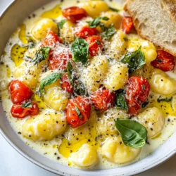 - 1 pound potato gnocchi - 2 tablespoons olive oil - 3 cloves garlic, minced - 1 can (14 oz) crushed tomatoes - 1 cup heavy cream - 1 teaspoon dried oregano - 1 teaspoon sugar - Salt and black pepper to taste - 1 cup fresh basil leaves, chopped - 1/2 cup grated Parmesan cheese (plus extra for serving) - Red pepper flakes (optional) To make creamy tomato basil gnocchi, you need simple yet flavorful ingredients. The main ingredient is potato gnocchi, which gives a soft and delightful bite. The olive oil adds richness, while garlic brings a warm, savory touch. For the sauce, crushed tomatoes form the base. They are sweet and tangy, making the dish vibrant. Heavy cream gives the sauce its creamy texture, while oregano adds a hint of earthiness. A bit of sugar balances the acidity of the tomatoes, and salt and black pepper round out the flavors. Fresh basil leaves add brightness and a burst of flavor. The grated Parmesan cheese melts beautifully, enriching the sauce. For those who like a kick, red pepper flakes can spice things up. Gather these ingredients, and you’re ready to create a dish that comforts and delights! {{ingredient_image_1}} First, fill a large pot with water. Add a generous amount of salt. Bring the water to a boil. This step is key for flavor. Once the water is boiling, gently add the gnocchi. Cook them according to the package instructions. Usually, this takes about 2-3 minutes. You know the gnocchi are done when they float to the top. Drain them and set aside. Next, grab a large skillet. Heat the olive oil over medium heat. Add the minced garlic. Sauté it until it smells amazing, about 30 seconds. Now pour in the crushed tomatoes. Stir in the heavy cream, oregano, sugar, salt, and black pepper. Let the sauce simmer for about 5-7 minutes. This thickens the sauce nicely. After the sauce thickens, add the cooked gnocchi to the skillet. Toss gently to coat them in the sauce. You want each piece to be covered well. Then, stir in the chopped basil and grated Parmesan cheese. Cook for an additional 2-3 minutes. This helps the cheese melt and blend with the sauce. Taste your dish and adjust the seasoning. If you like some heat, add red pepper flakes. Serve your creamy gnocchi hot with extra Parmesan on top. To make great gnocchi, avoid overcooking it. Gnocchi cooks quickly, usually in 2-3 minutes. Watch for them to float. If they float, they are ready. Drain them gently to keep them intact. Next, ensure your sauce has the right consistency. Start by simmering the sauce until it thickens. This takes about 5-7 minutes. The sauce should coat the gnocchi, not drown them. If it's too thick, add a splash of water or cream. For presentation, serve the gnocchi in shallow bowls. Drizzle some olive oil on top. Add freshly cracked black pepper for extra flavor. This small touch makes the dish look fancy. Pair this dish with crusty bread. It’s perfect for soaking up the creamy sauce. A simple green salad also works well. The freshness of the salad balances the rich gnocchi. Each serving has around 500 calories. This includes carbs from gnocchi and fats from cream. You get protein from cheese too. It's a hearty meal, so enjoy it in moderation. Pro Tips Use Fresh Ingredients: Fresh basil and quality tomatoes will elevate the flavors of your dish significantly. Opt for ripe tomatoes if possible. Don’t Overcook Gnocchi: Gnocchi only need a couple of minutes to cook. As soon as they float, they are ready to be drained to avoid a mushy texture. Adjust Creaminess: If you prefer a lighter sauce, you can substitute half of the heavy cream with vegetable or chicken broth for a delicious alternative. Spice It Up: Add red pepper flakes or a dash of cayenne pepper to the sauce for an extra kick that complements the creamy texture. {{image_2}} Sometimes, you may not have heavy cream. You can use half-and-half or whole milk instead. This change makes the sauce lighter but still creamy. You can even try coconut milk for a fun twist. For cheese, Parmesan is classic, but you can swap it for Pecorino Romano. This cheese adds a sharper taste. If you prefer a creamier texture, use mascarpone cheese. Want to boost the dish? Adding protein is a great idea. Chicken or shrimp works well. Just cook them in the skillet before adding the sauce. If you want vegetarian options, consider spinach or mushrooms. Both add flavor and texture. Sauté them until soft, then mix them with the gnocchi. In summer, fresh tomatoes are juicy and sweet. Use them instead of canned tomatoes for a bright flavor. Just chop them up and add them to the sauce. For fall, try pumpkin gnocchi. It adds a warm, cozy taste that fits the season. You can also mix in some sage for extra flavor. To keep your creamy tomato basil gnocchi fresh, store it in an airtight container. The fridge is best for this dish. Make sure it cools down first. It will stay good for about three days. If you can, try to separate the gnocchi from the sauce. This helps keep the gnocchi firm. Reheat gnocchi gently to avoid mushiness. Use a skillet over low heat. Add a splash of water or cream. This keeps it from drying out. Stir often until warmed through. You can also use the microwave, but cover it. Heat in short bursts to keep the texture. To freeze creamy gnocchi, first cool it completely. Place it in a freezer-safe container. If you have extra sauce, freeze it separately. Use within two months for best taste. When ready to eat, thaw it overnight in the fridge. Reheat gently, adding a bit of cream to restore creaminess. Cooking gnocchi takes about 2-3 minutes. When the gnocchi floats to the top, it’s ready. You can tell they are done when they rise to the surface of the boiling water. This means they have cooked through. Yes, you can make creamy tomato basil gnocchi vegan. Start by choosing vegan gnocchi, which is usually made without eggs. For the creamy sauce, use coconut milk or cashew cream. Nutritional yeast can replace Parmesan cheese, giving it a cheesy flavor. Pair this dish with a crisp salad or some crusty bread. A simple green salad with vinaigrette adds freshness. Garlic bread is great for soaking up the sauce. You can also serve it with roasted vegetables for extra flavor. In this blog post, I covered how to make a creamy tomato basil gnocchi. We explored the main ingredients, sauces, and steps to cook this dish perfectly. I also shared tips for making it your own with variations and storage methods. This dish is simple yet delicious, perfect for any meal. Try it out and enjoy the flavor and warmth it brings to your table. You’ll impress your family and friends with this easy recipe!