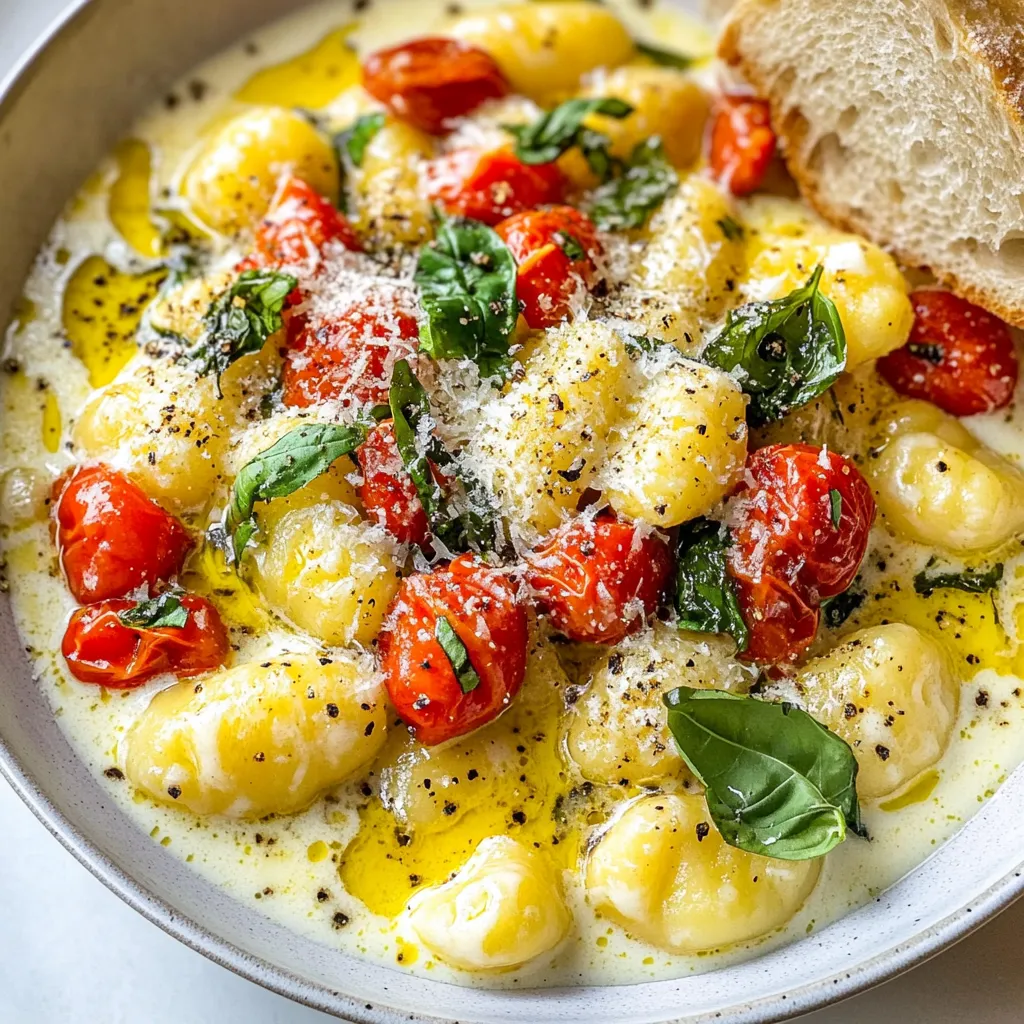 - 1 pound potato gnocchi - 2 tablespoons olive oil - 3 cloves garlic, minced - 1 can (14 oz) crushed tomatoes - 1 cup heavy cream - 1 teaspoon dried oregano - 1 teaspoon sugar - Salt and black pepper to taste - 1 cup fresh basil leaves, chopped - 1/2 cup grated Parmesan cheese (plus extra for serving) - Red pepper flakes (optional) To make creamy tomato basil gnocchi, you need simple yet flavorful ingredients. The main ingredient is potato gnocchi, which gives a soft and delightful bite. The olive oil adds richness, while garlic brings a warm, savory touch. For the sauce, crushed tomatoes form the base. They are sweet and tangy, making the dish vibrant. Heavy cream gives the sauce its creamy texture, while oregano adds a hint of earthiness. A bit of sugar balances the acidity of the tomatoes, and salt and black pepper round out the flavors. Fresh basil leaves add brightness and a burst of flavor. The grated Parmesan cheese melts beautifully, enriching the sauce. For those who like a kick, red pepper flakes can spice things up. Gather these ingredients, and you’re ready to create a dish that comforts and delights! {{ingredient_image_1}} First, fill a large pot with water. Add a generous amount of salt. Bring the water to a boil. This step is key for flavor. Once the water is boiling, gently add the gnocchi. Cook them according to the package instructions. Usually, this takes about 2-3 minutes. You know the gnocchi are done when they float to the top. Drain them and set aside. Next, grab a large skillet. Heat the olive oil over medium heat. Add the minced garlic. Sauté it until it smells amazing, about 30 seconds. Now pour in the crushed tomatoes. Stir in the heavy cream, oregano, sugar, salt, and black pepper. Let the sauce simmer for about 5-7 minutes. This thickens the sauce nicely. After the sauce thickens, add the cooked gnocchi to the skillet. Toss gently to coat them in the sauce. You want each piece to be covered well. Then, stir in the chopped basil and grated Parmesan cheese. Cook for an additional 2-3 minutes. This helps the cheese melt and blend with the sauce. Taste your dish and adjust the seasoning. If you like some heat, add red pepper flakes. Serve your creamy gnocchi hot with extra Parmesan on top. To make great gnocchi, avoid overcooking it. Gnocchi cooks quickly, usually in 2-3 minutes. Watch for them to float. If they float, they are ready. Drain them gently to keep them intact. Next, ensure your sauce has the right consistency. Start by simmering the sauce until it thickens. This takes about 5-7 minutes. The sauce should coat the gnocchi, not drown them. If it's too thick, add a splash of water or cream. For presentation, serve the gnocchi in shallow bowls. Drizzle some olive oil on top. Add freshly cracked black pepper for extra flavor. This small touch makes the dish look fancy. Pair this dish with crusty bread. It’s perfect for soaking up the creamy sauce. A simple green salad also works well. The freshness of the salad balances the rich gnocchi. Each serving has around 500 calories. This includes carbs from gnocchi and fats from cream. You get protein from cheese too. It's a hearty meal, so enjoy it in moderation. Pro Tips Use Fresh Ingredients: Fresh basil and quality tomatoes will elevate the flavors of your dish significantly. Opt for ripe tomatoes if possible. Don’t Overcook Gnocchi: Gnocchi only need a couple of minutes to cook. As soon as they float, they are ready to be drained to avoid a mushy texture. Adjust Creaminess: If you prefer a lighter sauce, you can substitute half of the heavy cream with vegetable or chicken broth for a delicious alternative. Spice It Up: Add red pepper flakes or a dash of cayenne pepper to the sauce for an extra kick that complements the creamy texture. {{image_2}} Sometimes, you may not have heavy cream. You can use half-and-half or whole milk instead. This change makes the sauce lighter but still creamy. You can even try coconut milk for a fun twist. For cheese, Parmesan is classic, but you can swap it for Pecorino Romano. This cheese adds a sharper taste. If you prefer a creamier texture, use mascarpone cheese. Want to boost the dish? Adding protein is a great idea. Chicken or shrimp works well. Just cook them in the skillet before adding the sauce. If you want vegetarian options, consider spinach or mushrooms. Both add flavor and texture. Sauté them until soft, then mix them with the gnocchi. In summer, fresh tomatoes are juicy and sweet. Use them instead of canned tomatoes for a bright flavor. Just chop them up and add them to the sauce. For fall, try pumpkin gnocchi. It adds a warm, cozy taste that fits the season. You can also mix in some sage for extra flavor. To keep your creamy tomato basil gnocchi fresh, store it in an airtight container. The fridge is best for this dish. Make sure it cools down first. It will stay good for about three days. If you can, try to separate the gnocchi from the sauce. This helps keep the gnocchi firm. Reheat gnocchi gently to avoid mushiness. Use a skillet over low heat. Add a splash of water or cream. This keeps it from drying out. Stir often until warmed through. You can also use the microwave, but cover it. Heat in short bursts to keep the texture. To freeze creamy gnocchi, first cool it completely. Place it in a freezer-safe container. If you have extra sauce, freeze it separately. Use within two months for best taste. When ready to eat, thaw it overnight in the fridge. Reheat gently, adding a bit of cream to restore creaminess. Cooking gnocchi takes about 2-3 minutes. When the gnocchi floats to the top, it’s ready. You can tell they are done when they rise to the surface of the boiling water. This means they have cooked through. Yes, you can make creamy tomato basil gnocchi vegan. Start by choosing vegan gnocchi, which is usually made without eggs. For the creamy sauce, use coconut milk or cashew cream. Nutritional yeast can replace Parmesan cheese, giving it a cheesy flavor. Pair this dish with a crisp salad or some crusty bread. A simple green salad with vinaigrette adds freshness. Garlic bread is great for soaking up the sauce. You can also serve it with roasted vegetables for extra flavor. In this blog post, I covered how to make a creamy tomato basil gnocchi. We explored the main ingredients, sauces, and steps to cook this dish perfectly. I also shared tips for making it your own with variations and storage methods. This dish is simple yet delicious, perfect for any meal. Try it out and enjoy the flavor and warmth it brings to your table. You’ll impress your family and friends with this easy recipe!