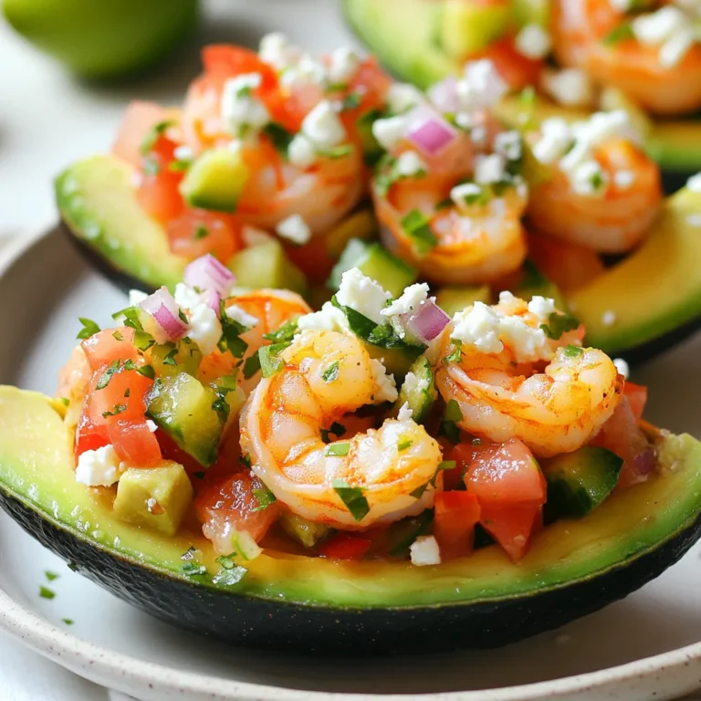 - 1 lb shrimp, peeled and deveined - 2 ripe avocados, halved and pitted - 1 cup cherry tomatoes, halved - 1/4 cup red onion, finely chopped - 1 jalapeño, deseeded and minced - 2 tablespoons fresh cilantro, chopped - 2 tablespoons lime juice - 1 teaspoon garlic powder - 1 teaspoon ground cumin - Salt and pepper to taste To make Shrimp Avocado Taco Boats, you need fresh and tasty ingredients. Shrimp forms the heart of this dish. Choose shrimp that is fresh and firm. The avocados serve as the perfect “boats” for your filling. Ripe avocados are creamy and add great flavor. Cherry tomatoes add a sweet burst, while red onion gives crunch and sharpness. A jalapeño brings heat, but you can adjust it based on your spice level. Fresh cilantro adds a pop of color and flavor. Lime juice brightens the whole dish. Seasonings like garlic powder and cumin enhance the shrimp’s taste. Don't forget your salt and pepper for balance. - Feta cheese - Sour cream - Lime wedges Optional toppings make this meal even better. Feta cheese adds a salty flavor. A dollop of sour cream brings creaminess. Lime wedges are great for extra zing. You can mix and match these toppings to suit your taste. {{ingredient_image_1}} Seasoning the Shrimp Start by placing one pound of peeled and deveined shrimp in a bowl. Add one teaspoon of garlic powder, one teaspoon of ground cumin, and a pinch of salt and pepper. Mix the shrimp well to coat them evenly in the spices. This seasoning adds great flavor to the shrimp. Cooking the Shrimp Heat a skillet over medium-high heat. Pour in a splash of olive oil and let it heat up. Once hot, add the seasoned shrimp to the pan. Cook for about 2-3 minutes on each side. You will know the shrimp are ready when they turn pink and opaque. Remove them from the heat and set aside. Mixing Ingredients for Pico de Gallo In a separate bowl, combine one cup of halved cherry tomatoes, a quarter cup of finely chopped red onion, and one minced jalapeño. Add two tablespoons of chopped fresh cilantro for a fresh taste. Seasoning to Taste Drizzle two tablespoons of lime juice over the mixture. Stir it all together. Taste the pico de gallo and add salt and pepper as needed. This mix gives your tacos a vibrant kick. Preparing the Avocado Halves Take two ripe avocados and cut them in half. Remove the pits. Use a spoon to scoop out a little more flesh, making room for the filling. Filling the Avocado Boats Now, fill each avocado half with a generous amount of cooked shrimp. Top it with the pico de gallo mix you just made. This creates a colorful and tasty dish. Adding Optional Toppings Feel free to add some optional toppings. Crumbled feta cheese or a dollop of sour cream works great. Serve with lime wedges on the side for an extra burst of flavor. Enjoy your shrimp avocado taco boats! Choosing the right avocado is key. Look for fruit that feels slightly soft when you squeeze it. A ripe avocado has a dark green skin. If it is black and mushy, it is overripe. For the best taste, use ripe avocados for your taco boats. Cooking shrimp can be simple. When shrimp turns pink and opaque, it is cooked well. This usually takes 2-3 minutes on each side. Overcooked shrimp can be tough, so watch closely. Remove them from heat as soon as they look done. Prepping ingredients saves time. You can chop onions, tomatoes, and jalapeños ahead of time. Store them in the fridge in airtight containers. This way, when it’s time to cook, you can make your shrimp avocado taco boats quickly. Enjoy the ease of meal prep! Pro Tips Fresh Shrimp Matters: Always use fresh or properly thawed shrimp for the best flavor and texture. Perfect Avocado Ripeness: Choose avocados that yield slightly to pressure for the best creamy texture. Customize Your Heat: Adjust the amount of jalapeño based on your spice preference; remove the seeds for less heat. Experiment with Toppings: Don't hesitate to try different toppings like diced mango or jalapeño crema for added flavor. {{image_2}} You can use chicken or fish in place of shrimp. Both options work great. For chicken, use grilled or sautéed pieces. Season them with the same spices as the shrimp. Fish like tilapia or salmon can also shine in this recipe. Just cook the fish until it flakes easily with a fork. The flavors from the spices will enhance the taste. If you want a meat-free dish, try substituting shrimp with beans or tofu. Black beans or chickpeas add protein and fiber. Simply rinse them well and mix them into the pico de gallo. For tofu, you can cube it and sauté it with the same seasoning. Make sure to cook the tofu until it’s golden brown for a nice texture. This keeps the dish filling and delicious. You can boost the flavor with spices and fresh ingredients. Try adding smoked paprika for a smoky taste. A splash of hot sauce can add a kick if you like heat. You can also mix in diced mango or pineapple for a sweet twist. Fresh herbs like dill or mint can brighten the dish. Experiment with these options and find your favorite combo! To keep your shrimp avocado taco boats fresh, place them in an airtight container. Store them in the fridge. These taco boats taste best within two days. If you store the shrimp and avocado separately, they will last longer. The shrimp will stay good for about three days, while the avocados may brown after a day. For the best flavor, reheat shrimp on the stove. Heat a skillet over medium heat. Add a splash of oil to the pan. Cook the shrimp for about 2 minutes, stirring often. This method keeps the shrimp juicy. You can also use the microwave. Heat the shrimp in short bursts of 30 seconds. Check often to avoid overcooking. You can freeze the shrimp if you have leftovers. Place shrimp in a freezer-safe bag. Squeeze out all the air before sealing it. They can last up to three months in the freezer. However, avoid freezing the avocado. It does not thaw well. If you freeze the shrimp, make fresh avocado when you are ready to enjoy them again. Yes, you can prepare some parts ahead of time. Cook the shrimp and make the pico de gallo a few hours before serving. Just keep them in the fridge. I don't recommend filling the avocados in advance. They can turn brown quickly. Add the shrimp and toppings just before serving for the best flavor. These taco boats pair well with various sides. You can serve them with rice, black beans, or a fresh salad. Chips and salsa are also great choices. They add crunch and flavor to your meal. If you want a drink, try a refreshing soda or iced tea. This recipe is naturally gluten-free. All the main ingredients are safe for a gluten-free diet. Just avoid any toppings or sauces that might contain gluten. Always check labels to be sure. You can use gluten-free tortillas if you want to serve it differently. If you need a substitute for avocado, consider using Greek yogurt. It adds creaminess and pairs well with the shrimp. You can also use hummus for a different flavor. Both options will keep your taco boats tasty and fun. The taco boats are best eaten fresh. If you have leftovers, store the shrimp and pico de gallo separately from the avocado. Keep everything in airtight containers. They will last in the fridge for about two days. However, the avocado may brown quickly, so eat it soon! In this post, we explored the tasty world of Shrimp Avocado Taco Boats. You learned about the key ingredients, step-by-step cooking, and helpful tips. We also discussed tasty variations and storage tips to keep your taco boats fresh. These simple instructions make it easy to enjoy a fun meal. You can change ingredients for different flavors or make it vegetarian. Get creative and enjoy cooking!