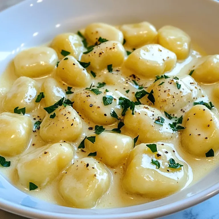 To make this dish, you need a few key ingredients. Here’s what you will need: - 1 package (16 oz) gnocchi - 3 tablespoons unsalted butter - 4 cloves garlic, minced - 1 cup heavy cream - 1 cup grated Parmesan cheese - 1 teaspoon garlic powder - 1 teaspoon Italian seasoning - Salt and pepper to taste - Fresh parsley, chopped (for garnish) These ingredients create a rich and creamy sauce that coats the gnocchi perfectly. The butter adds a smooth texture, while garlic gives a bold flavor. Parmesan cheese melts beautifully, adding depth to the dish. Having the right tools makes cooking easier. Here are some items you should have on hand: - A large pot for boiling the gnocchi - A large skillet for making the sauce - A whisk for mixing the sauce - A cutting board and knife for chopping garlic and parsley - A colander for draining the gnocchi These tools help you cook efficiently and make clean-up easier. While the dish tastes great on its own, a few garnishes can enhance its look and flavor. Consider adding: - Extra grated Parmesan cheese on top - A sprinkle of fresh parsley for color - A dash of red pepper flakes for heat These extras make your creamy garlic Parmesan gnocchi more appealing and delicious! {{ingredient_image_1}} To start, grab a large pot. Fill it with water and add salt. Bring the water to a rolling boil. Once boiling, drop in the gnocchi. Cook them for about 2-3 minutes. You’ll know they are done when they float to the top. This means they are light and fluffy. Drain the gnocchi and set them aside for later. Next, take a large skillet and melt the butter over medium heat. Add the minced garlic and cook for 1-2 minutes. You want it fragrant, but don’t let it brown. That can make the sauce bitter. Now, reduce the heat to low. Pour in the heavy cream slowly. Stir it well and let it simmer gently. Gradually whisk in the grated Parmesan cheese. Add the garlic powder and Italian seasoning too. Keep stirring until the cheese melts and the sauce is smooth. Now, it’s time to bring it all together. Add the cooked gnocchi to your skillet. Gently toss them in the creamy sauce. Make sure every piece is coated well. Cook for another 2-3 minutes. This helps the gnocchi soak up all those delicious flavors. Finally, taste your dish and add salt and pepper if needed. Serve it warm, garnished with fresh parsley. Enjoy your creamy garlic Parmesan gnocchi! To make your gnocchi just right, start with fresh gnocchi. Fresh gnocchi cooks faster and has a better texture. When boiling, wait for them to float. This means they are ready. Overcooking can make them mushy. Drain them gently to avoid breaking. You can boost flavor with simple tweaks. Add more garlic if you love that taste. A splash of lemon juice brightens the sauce. You can also mix in some crushed red pepper for heat. Fresh herbs like basil or thyme can elevate this dish too. Feel free to adjust salt and pepper to your taste. Serve the gnocchi in shallow bowls for a nice look. Drizzle extra Parmesan on top for a cheesy finish. A sprinkle of fresh parsley adds color and freshness. You can also use a lemon wedge on the side for a zesty touch. Consider pairing it with a light salad or garlic bread for a full meal. Pro Tips Use Fresh Ingredients: Fresh garlic and high-quality Parmesan cheese make a significant difference in flavor, enhancing the creaminess of the sauce. Don’t Overcook the Gnocchi: Cook the gnocchi just until they float; overcooking can lead to a mushy texture. Aim for that perfect pillowy bite! Customize the Seasoning: Feel free to adjust the garlic powder and Italian seasoning according to your taste preferences. A pinch of red pepper flakes can add a nice kick! Make it a Meal: Add cooked chicken or sautéed vegetables like spinach or mushrooms to the gnocchi for a heartier dish. {{image_2}} You can easily add protein to your creamy garlic parmesan gnocchi. Chicken or shrimp work well. Cook the protein in the skillet before adding the sauce. For chicken, use diced pieces and sauté until golden. For shrimp, cook until they turn pink. This step enhances flavor and makes the dish more filling. For a vegetarian version, skip the meat and increase the veggies. Use mushrooms or spinach for a hearty touch. If you want a vegan option, replace the heavy cream with coconut milk or cashew cream. Use nutritional yeast instead of Parmesan for a cheesy taste. These swaps keep the dish rich without dairy. Adding seasonal veggies can up the flavor. In spring, try asparagus or peas. In summer, zucchini or bell peppers add color. In fall, butternut squash or kale brings warmth. Just sauté the veggies in butter before adding the sauce. This way, you make the dish fresh and exciting with every season. To keep your creamy garlic Parmesan gnocchi fresh, store it in an airtight container. Make sure to let it cool first. Place it in the fridge if you plan to eat it within three days. For longer storage, consider freezing it. When reheating, add a splash of cream or milk to the gnocchi. This helps bring back its creamy texture. You can use a microwave or a skillet. If you use the skillet, heat it on low. Stir gently and watch it closely. This way, it warms evenly and stays delicious. For freezing, place the cooled gnocchi in a freezer-safe container. You can also use freezer bags. Make sure to remove as much air as possible. The gnocchi can stay frozen for up to three months. When you are ready to eat it, thaw it in the fridge overnight. Then, reheat as mentioned above. Enjoy your tasty gnocchi anytime! Yes, you can use frozen gnocchi. Just cook them straight from the freezer. Boil them in salted water until they float to the top, which takes about 2-3 minutes. Frozen gnocchi can taste just as good. They save time and still soak up the creamy sauce well. To make gluten-free gnocchi, select gluten-free gnocchi from the store. Many brands offer great options. You can also try making your own with gluten-free flour and potatoes. This way, you control the ingredients. The taste and texture can match traditional gnocchi. If you need a substitute for heavy cream, use half-and-half mixed with butter. Mix ¾ cup half-and-half with ¼ cup melted butter for a rich flavor. You can also use full-fat coconut milk for a dairy-free option. It adds creaminess and a hint of coconut flavor. In this post, we explored how to make creamy garlic parmesan gnocchi from start to finish. We covered key ingredients, equipment, and steps to cook the dish perfectly. You learned handy tips for texture and flavor, plus options for proteins and veggies. We shared how to store leftovers and answered common questions about recipes. With these insights, you can create a delicious meal any day. Enjoy the cooking process and make it your own!